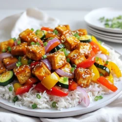 - 14 oz firm tofu, pressed and cubed - 1 red bell pepper, sliced - 1 yellow bell pepper, sliced - 1 zucchini, sliced - 1 red onion, cut into wedges - 3 tablespoons sweet chili sauce - 2 tablespoons soy sauce - 1 tablespoon sesame oil - 2 cloves garlic, minced - 1 teaspoon ginger, minced - 1 tablespoon cornstarch - Salt and pepper to taste - Cooked jasmine rice, for serving - Chopped green onions and sesame seeds, for garnish Gather these fresh ingredients to make your sheet pan sweet chili tofu. The tofu serves as the main protein. I love using firm tofu for this dish, as it holds its shape well during baking. The colorful bell peppers add a nice crunch and sweetness. Zucchini and red onion enhance the flavor and texture. The sauce is where the magic happens. The sweet chili sauce gives a sweet and spicy kick. Adding soy sauce and sesame oil deepens the flavor. Garlic and ginger bring warmth and zest. Lastly, cornstarch helps create a crispy texture. Season with salt and pepper to taste. Serve the dish over fluffy jasmine rice. Garnish with green onions and sesame seeds for a beautiful finish. Enjoy the burst of flavors! - Preheat the oven to 425°F (220°C). - Line a baking sheet with parchment paper. - Press and cube the tofu. Start by pressing your tofu. This helps remove water, making it crispier when cooked. Cut the tofu into small cubes, about an inch wide. This size allows for even cooking and great flavor absorption. - Combine cubed tofu and sliced vegetables in a bowl. - Whisk together sauce ingredients in a separate bowl. In a large bowl, mix the cubed tofu with sliced red and yellow bell peppers, zucchini, and red onion. Make sure to toss them gently. In another bowl, whisk together sweet chili sauce, soy sauce, sesame oil, minced garlic, and minced ginger. This sauce brings all the flavors together. - Coat tofu and vegetables with sauce. - Sprinkle with cornstarch and toss. - Spread mixture on the baking sheet and bake. - Toss halfway through for even cooking. Pour the sauce over the tofu and veggies. Mix well until everything is coated. Sprinkle cornstarch over the mixture and toss again. The cornstarch gives a nice crunch as it bakes. Spread the mixture evenly on your lined baking sheet. Bake for 25 to 30 minutes. Halfway through, take it out and toss for even browning. The dish is done when the tofu is golden and the veggies are tender. To make this dish shine, you can adjust the sweet chili sauce. If you want it sweeter, add more sauce. If you prefer less sweetness, reduce it. Using low-sodium soy sauce helps cut down on salt. This option is healthier and keeps the dish tasty. Texture is key for great tofu. Make sure your tofu is well-pressed. This step removes extra moisture. Less moisture means a better crisp. Tossing the tofu with cornstarch before baking adds a nice crunch. It helps create a golden finish that's hard to resist. For a complete meal, serve your sweet chili tofu with jasmine rice or quinoa. Both add fiber and make your dish filling. You can also top your dish with chopped cilantro. This adds a fresh taste and a pop of color to your plate. {{image_2}} You can swap tofu for tempeh or seitan for a different texture. Tempeh has a nutty taste, while seitan offers a chewy bite. Both options add depth to your meal. If you want even more protein, add chickpeas. They boost the dish's nutrition and add a nice crunch. Feel free to use seasonal vegetables like asparagus or snap peas. These veggies add fresh flavors and a pop of color. You can also try different colors of bell peppers. Mixing red, yellow, and green bell peppers not only looks great but also enhances the taste. You can experiment with homemade sweet chili sauce for a personal touch. Making your own allows you to control the flavor and sweetness. Consider incorporating lime juice for a tangy twist. This adds brightness and balances the sweetness of the sauce. Store leftovers in an airtight container. This keeps the tofu fresh and tasty. You can refrigerate it for up to 3 days. Make sure to eat it before it goes bad! You can freeze the tofu before cooking for later use. This is great if you want to prep ahead. After cooking, store the tofu and veggies in separate containers. This helps preserve their textures. To reheat, put the tofu in the oven. This gives it a crispy texture again. You can also microwave it for a quick and easy option. Just be careful not to overheat it! Yes, use gluten-free soy sauce and ensure the cornstarch is certified gluten-free. This way, you can enjoy the dish without worry. Marinating tofu or using flavorful sauces helps enhance its taste significantly. Try letting it soak in the sauce for at least 30 minutes before cooking. Serve with jasmine rice, stir-fried noodles, or fresh salads for a complete meal. Each option complements the sweet and spicy flavors well. Baking tofu typically takes around 25-30 minutes at 425°F (220°C). Keep an eye on it to ensure it gets that nice golden color. This blog post walks you through a tasty sweet chili tofu dish. You learned about the main ingredients like tofu and fresh veggies. We covered making the sauce and highlighted tips for enhancing flavor. Variations allow you to switch up proteins and vegetables. Storing and reheating leftovers ensures nothing goes to waste. With this knowledge, you can create a healthy, flavorful meal. Enjoy exploring new tastes and textures in your kitchen!