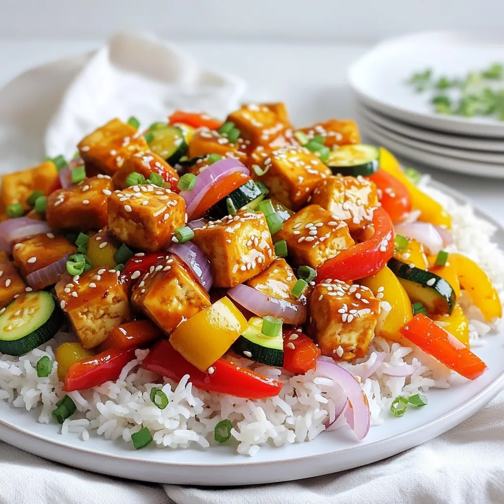 - 14 oz firm tofu, pressed and cubed - 1 red bell pepper, sliced - 1 yellow bell pepper, sliced - 1 zucchini, sliced - 1 red onion, cut into wedges - 3 tablespoons sweet chili sauce - 2 tablespoons soy sauce - 1 tablespoon sesame oil - 2 cloves garlic, minced - 1 teaspoon ginger, minced - 1 tablespoon cornstarch - Salt and pepper to taste - Cooked jasmine rice, for serving - Chopped green onions and sesame seeds, for garnish Gather these fresh ingredients to make your sheet pan sweet chili tofu. The tofu serves as the main protein. I love using firm tofu for this dish, as it holds its shape well during baking. The colorful bell peppers add a nice crunch and sweetness. Zucchini and red onion enhance the flavor and texture. The sauce is where the magic happens. The sweet chili sauce gives a sweet and spicy kick. Adding soy sauce and sesame oil deepens the flavor. Garlic and ginger bring warmth and zest. Lastly, cornstarch helps create a crispy texture. Season with salt and pepper to taste. Serve the dish over fluffy jasmine rice. Garnish with green onions and sesame seeds for a beautiful finish. Enjoy the burst of flavors! - Preheat the oven to 425°F (220°C). - Line a baking sheet with parchment paper. - Press and cube the tofu. Start by pressing your tofu. This helps remove water, making it crispier when cooked. Cut the tofu into small cubes, about an inch wide. This size allows for even cooking and great flavor absorption. - Combine cubed tofu and sliced vegetables in a bowl. - Whisk together sauce ingredients in a separate bowl. In a large bowl, mix the cubed tofu with sliced red and yellow bell peppers, zucchini, and red onion. Make sure to toss them gently. In another bowl, whisk together sweet chili sauce, soy sauce, sesame oil, minced garlic, and minced ginger. This sauce brings all the flavors together. - Coat tofu and vegetables with sauce. - Sprinkle with cornstarch and toss. - Spread mixture on the baking sheet and bake. - Toss halfway through for even cooking. Pour the sauce over the tofu and veggies. Mix well until everything is coated. Sprinkle cornstarch over the mixture and toss again. The cornstarch gives a nice crunch as it bakes. Spread the mixture evenly on your lined baking sheet. Bake for 25 to 30 minutes. Halfway through, take it out and toss for even browning. The dish is done when the tofu is golden and the veggies are tender. To make this dish shine, you can adjust the sweet chili sauce. If you want it sweeter, add more sauce. If you prefer less sweetness, reduce it. Using low-sodium soy sauce helps cut down on salt. This option is healthier and keeps the dish tasty. Texture is key for great tofu. Make sure your tofu is well-pressed. This step removes extra moisture. Less moisture means a better crisp. Tossing the tofu with cornstarch before baking adds a nice crunch. It helps create a golden finish that's hard to resist. For a complete meal, serve your sweet chili tofu with jasmine rice or quinoa. Both add fiber and make your dish filling. You can also top your dish with chopped cilantro. This adds a fresh taste and a pop of color to your plate. {{image_2}} You can swap tofu for tempeh or seitan for a different texture. Tempeh has a nutty taste, while seitan offers a chewy bite. Both options add depth to your meal. If you want even more protein, add chickpeas. They boost the dish's nutrition and add a nice crunch. Feel free to use seasonal vegetables like asparagus or snap peas. These veggies add fresh flavors and a pop of color. You can also try different colors of bell peppers. Mixing red, yellow, and green bell peppers not only looks great but also enhances the taste. You can experiment with homemade sweet chili sauce for a personal touch. Making your own allows you to control the flavor and sweetness. Consider incorporating lime juice for a tangy twist. This adds brightness and balances the sweetness of the sauce. Store leftovers in an airtight container. This keeps the tofu fresh and tasty. You can refrigerate it for up to 3 days. Make sure to eat it before it goes bad! You can freeze the tofu before cooking for later use. This is great if you want to prep ahead. After cooking, store the tofu and veggies in separate containers. This helps preserve their textures. To reheat, put the tofu in the oven. This gives it a crispy texture again. You can also microwave it for a quick and easy option. Just be careful not to overheat it! Yes, use gluten-free soy sauce and ensure the cornstarch is certified gluten-free. This way, you can enjoy the dish without worry. Marinating tofu or using flavorful sauces helps enhance its taste significantly. Try letting it soak in the sauce for at least 30 minutes before cooking. Serve with jasmine rice, stir-fried noodles, or fresh salads for a complete meal. Each option complements the sweet and spicy flavors well. Baking tofu typically takes around 25-30 minutes at 425°F (220°C). Keep an eye on it to ensure it gets that nice golden color. This blog post walks you through a tasty sweet chili tofu dish. You learned about the main ingredients like tofu and fresh veggies. We covered making the sauce and highlighted tips for enhancing flavor. Variations allow you to switch up proteins and vegetables. Storing and reheating leftovers ensures nothing goes to waste. With this knowledge, you can create a healthy, flavorful meal. Enjoy exploring new tastes and textures in your kitchen!