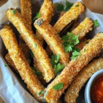 - 1 large eggplant - 1 cup breadcrumbs (panko or regular) - ½ cup grated Parmesan cheese (or nutritional yeast for a vegan option) - 1 teaspoon garlic powder - 1 teaspoon onion powder - ½ teaspoon smoked paprika - 1 teaspoon salt - ½ teaspoon black pepper - 2 large eggs - Cooking spray or olive oil To make tasty air fryer eggplant fries, gather these simple ingredients. You need one large eggplant. It gives the best texture. For the coating, use one cup of breadcrumbs. You can choose either panko or regular. Panko adds extra crunch if you want that. Next, grab half a cup of grated Parmesan cheese. If you prefer a vegan dish, use nutritional yeast instead. This gives a cheesy flavor without dairy. You will also need spices. Get one teaspoon each of garlic powder and onion powder. These add depth to the flavor. Use half a teaspoon of smoked paprika for a hint of smokiness. Don’t forget the salt and black pepper. One teaspoon of salt and half a teaspoon of black pepper will do. Lastly, you need two large eggs for the egg wash. A little cooking spray or olive oil helps prevent sticking in the air fryer. Now you have everything ready! Let’s move on to turning these ingredients into crispy, flavorful eggplant fries. Set your air fryer to 400°F (200°C) for 5 minutes. This helps the fries cook evenly and get that golden color. Slice the eggplant into fry-shaped sticks, about ½ inch thick. Sprinkle the sticks with salt and let them sit for 20-30 minutes. This step draws out moisture and makes the fries crispier. Create two bowls for breading. In one bowl, whisk the eggs. In the second bowl, mix the breadcrumbs, Parmesan cheese, garlic powder, onion powder, smoked paprika, salt, and black pepper. Dip each eggplant fry into the egg mixture first. Make sure it’s fully coated. Then roll it in the breadcrumb mixture, pressing gently to stick. Lightly spray the air fryer basket with cooking spray or brush it with olive oil. Place the breaded eggplant fries in a single layer in the basket. If you have a lot, cook them in batches to avoid crowding. Air fry for 12-15 minutes, shaking the basket halfway through. This ensures even cooking. Once they turn golden brown, remove the fries and repeat with any remaining eggplant. Enjoy them hot with your favorite dip! Salting the eggplant is key. It helps reduce moisture. This step makes your fries crispier. After slicing the eggplant, sprinkle it with salt. Let it sit for 20-30 minutes. Rinse the eggplant with cold water, then dry it well. This process is simple but very effective. For the best texture, ensure even coating. Create a breading station with two bowls. One bowl holds whisked eggs, and the other has the breadcrumb mix. Dip each fry first in the egg. Make sure it is fully coated. Then roll it in the breadcrumbs. Press gently to help them stick well. This will give you a nice, crunchy exterior. Do not overcrowd the air fryer. Cooking in batches helps achieve even cooking. Place the fries in a single layer. This allows hot air to circulate well. If you stack them, they may steam instead of fry. Shake the basket halfway through cooking. This ensures all sides get crispy and golden brown. {{image_2}} You can easily make this dish vegan. Simply swap out the Parmesan cheese for nutritional yeast. Nutritional yeast gives a cheesy flavor without using dairy. It also adds a nice boost of nutrients. Just use the same amount as the cheese. This keeps your eggplant fries tasty and plant-based. Feel free to get creative with your spices. You can add more garlic powder or even some cayenne for heat. Try mixing in Italian herbs like oregano or basil. These spices can enhance the flavor of your fries. It’s fun to experiment and find what you like best. Each time you make them, you can try a new twist. Don’t forget about the dips! Marinara and tzatziki are classic favorites. Marinara adds a nice tomato flavor, while tzatziki brings a cool, creamy touch. You might also enjoy ranch or hummus. Each sauce gives a different taste that makes your fries even better. Try different sauces for a fun snack experience! To keep your eggplant fries crispy, store them in an airtight container. Place a paper towel in the container to absorb moisture. This helps the fries stay nice and crunchy. Try to eat the fries within two days for the best taste. If you leave them too long, they might get soggy. When you want to enjoy your leftovers, reheating is key. The best way is to use the air fryer again. Set it to 350°F (175°C) for about 5 minutes. This method crisps them up well. You can also use an oven set to the same temperature. Avoid using a microwave, as it makes fries soft. If you want to save some uncooked fries, freezing is easy. First, bread the eggplant fries as usual. Then, place them in a single layer on a baking sheet. Freeze them for about an hour until they are firm. After that, move them to a freezer bag. This method keeps them fresh for up to three months. When ready to cook, air fry them straight from the freezer. No need to thaw! You can make eggplant fries without breading by simply slicing the eggplant. Use a sharp knife to cut it into fry-sized sticks. Next, toss the slices with olive oil, salt, and pepper. You can add your favorite spices to boost flavor. Air fry them at 400°F for about 12-15 minutes. Shake the basket halfway to ensure even cooking. This method keeps the fries healthy and still tasty. Yes, you can use different types of eggplants. While I prefer the large globe eggplant for its size and texture, you can also try Japanese or Italian eggplants. They are smaller and have a slightly sweeter taste. Just remember to adjust the cooking time based on the size of your eggplant slices. Thinner slices will cook faster, while thicker ones may need more time. Eggplant fries taste great with a variety of dips. Some popular options include marinara sauce, tzatziki, and garlic aioli. You can also try ranch dressing or a spicy sriracha mayo for a kick. The key is to choose a sauce that complements the eggplant's flavor. Feel free to get creative and mix your own sauce! Cooking eggplant fries in an air fryer takes about 12-15 minutes. Preheat your air fryer to 400°F to ensure even cooking. Make sure to shake the basket halfway through cooking. This helps the fries become crispy all over. If you like them extra crispy, you can cook them for an extra minute or two. In this article, we explored how to make crispy air fryer eggplant fries. You learned about the simple ingredients needed, the step-by-step process, and helpful tips to get the best results. You can even try fun variations and sauces to make this dish your own. Remember, with a bit of practice, you’ll create a tasty snack that’s both healthy and satisfying. Enjoy your cooking journey and share these delights with friends and family!