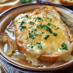 To make this comforting soup, gather these simple ingredients: - 4 large onions, thinly sliced - 4 tablespoons unsalted butter - 2 cloves garlic, minced - 1 teaspoon sugar - 8 cups beef broth (or vegetable broth for a vegetarian option) - 1 teaspoon dried thyme - 1 bay leaf - Salt and pepper to taste - 8 slices of baguette, toasted - 2 cups shredded Gruyère cheese - Fresh parsley, chopped for garnish You can swap some ingredients if needed: - Use olive oil instead of butter for a dairy-free option. - If you dislike Gruyère, try Swiss or mozzarella cheese. - For a lighter soup, use chicken broth instead of beef broth. - If you want a sweeter taste, use shallots instead of onions. To make this soup, you will need: - A large skillet for caramelizing the onions - A crockpot to simmer the soup - A ladle for serving - Soup bowls for presenting your dish - A broiler for that bubbly cheese finish First, gather your ingredients. You need four large onions, unsalted butter, garlic, and sugar. Slice the onions thinly. In a large skillet, melt four tablespoons of butter over medium heat. Add the sliced onions. Cook them for about 15 to 20 minutes. Stir them often until they are soft and caramelized. Then, add two cloves of minced garlic and one teaspoon of sugar. Sauté for two more minutes until it smells great. Once the onions are caramelized, it’s time to transfer them. Carefully move the onion mixture to your crockpot. Pour in eight cups of beef broth or vegetable broth if you prefer. Add one teaspoon of dried thyme, one bay leaf, and season with salt and pepper. Stir well to mix everything together. Cover the crockpot and set it to cook. You can choose low for six to eight hours or high for three to four hours. This slow cooking makes all the flavors blend perfectly. When it’s done, remove the bay leaf. Taste the soup and add more salt or pepper if needed. Enjoy this warm and hearty meal. Caramelized onions are the heart of this soup. Start with four large onions. Slice them thinly to help them cook evenly. Use unsalted butter for the best flavor. In a large skillet, melt the butter over medium heat. Add the onions and stir them often. It takes about 15-20 minutes for the onions to soften and turn golden brown. This step is key. If you want more sweetness, add one teaspoon of sugar. The sugar helps to deepen the flavor. Gruyère cheese takes this soup to the next level. Use two cups of shredded Gruyère for rich taste and creaminess. When serving, place a toasted baguette slice on top of the soup. Then, sprinkle the cheese on the bread. For a special touch, broil the bowls for 2-3 minutes. This melts the cheese and gives it a nice golden color. The melted Gruyère adds a nutty flavor that complements the sweetness of the onions. Serve this soup hot for the best experience. Garnish with fresh parsley for a pop of color. You can pair the soup with a simple green salad or crusty bread. This adds a nice balance to the meal. For a cozy night, enjoy it with a glass of red wine. These tips will help you create a memorable meal that everyone will love. {{image_2}} You can easily make this soup vegetarian. Just swap beef broth for vegetable broth. The soup will still be rich and tasty. You will not miss the meat! The caramelized onions add a sweet depth. This option is great for anyone who avoids meat. While Gruyère cheese is classic, you can try other cheeses. Swiss cheese works well in this dish. It melts nicely and has a mild flavor. Provolone is another tasty choice. For a stronger taste, use sharp cheddar. Each cheese gives a unique twist to the soup. Want to amp up the flavor? Add a few herbs or spices. Fresh thyme can brighten the dish. A pinch of nutmeg adds warmth. You might also try a dash of cayenne for heat. Fresh parsley on top brings color and freshness. These small changes make your soup extra special. After enjoying your delicious soup, let the leftovers cool down. Pour the soup into an airtight container. Make sure to store it in the fridge. This soup stays good for about 3-4 days. If you have extra baguette and cheese, store those separately. This keeps them from getting soggy. To reheat, pour the soup into a pot. Heat it over medium heat until hot. Stir it occasionally to keep it smooth. If you prefer, you can use a microwave. Place the soup in a microwave-safe bowl and heat for 1-2 minutes. Stir halfway through to make sure it heats evenly. If you want to save some for later, freezing works well. Let the soup cool completely. Pour it into freezer-safe bags or containers. Remove as much air as you can before sealing. Label each bag with the date. Frozen soup can last up to 3 months. When ready to eat, thaw it overnight in the fridge. Then, reheat as mentioned above. Yes, you can use a different cheese if you like. Some good options are mozzarella, cheddar, or fontina. Each cheese brings its own taste. Mozzarella melts well, while cheddar adds sharpness. Fontina gives a creamy touch. Just remember, Gruyère has a unique flavor that many love in this dish. To make this soup gluten-free, choose gluten-free bread for topping. Also, ensure the beef broth is gluten-free. Many brands offer gluten-free options. Double-check the labels for safety. This way, you keep the soup tasty and safe for gluten-sensitive folks. Yes, you can make the soup ahead of time. Cook it fully in the crockpot, then cool it down. Store it in the fridge for up to three days. When ready to serve, just reheat it on the stove or in the microwave. Top with cheese and broil as usual. French onion soup pairs well with a fresh salad or a light sandwich. A simple green salad adds crunch and freshness. A crusty baguette or grilled cheese makes it heartier. You can also serve it with roasted veggies for a colorful plate. Enjoy experimenting with your side choices! This blog post covers all you need for the perfect French onion soup. We discussed essential ingredients and substitutions, along with tools for your kitchen. I shared step-by-step instructions on preparing and cooking the soup. Tips on caramelizing onions and serving ideas were included for extra flavor. You learned about variations like vegetarian options and different cheeses. I also provided storage information and answered common questions. Embrace these tips to create your own delicious soup that will impress everyone.