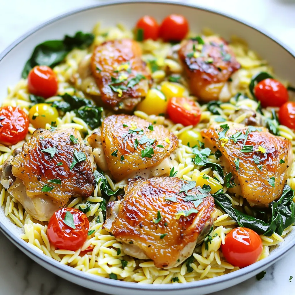 - 1 lb boneless, skinless chicken thighs, cut into bite-sized pieces - 1 cup orzo pasta - 4 cloves garlic, minced - 1 medium onion, chopped - 1 cup cherry tomatoes, halved - 2 cups fresh spinach Chicken thighs give this dish a rich flavor. They stay juicy during cooking. Orzo pasta adds a nice texture and absorbs the taste of the broth. Fresh vegetables like garlic and onion boost the aroma. Cherry tomatoes add sweetness, while spinach brings a vibrant green color. - 2 tablespoons olive oil - 2 cups chicken broth - 1 lemon, zested and juiced - 1 teaspoon dried oregano - Salt and pepper to taste Olive oil helps to sauté the onion and garlic. Chicken broth creates a savory base for cooking. Lemon zest and juice give a bright, fresh taste. Dried oregano adds a warm, earthy note. Salt and pepper enhance all the flavors, tying the dish together. - Fresh parsley, chopped Chopped parsley adds a pop of color and a fresh taste. It also brightens the overall look of the dish. Garnishing with parsley is easy and makes the meal more appealing. You can sprinkle it just before serving for the best effect. First, slice the chicken thighs into bite-sized pieces. This helps them cook evenly. Next, chop the onion and mince the garlic. The fresh garlic adds a nice kick. After that, measure out 1 cup of orzo pasta and 2 cups of chicken broth. This broth is key for flavor. Gather all your ingredients together for easy access while cooking. Heat 2 tablespoons of olive oil in a large skillet over medium heat. Add the chopped onion and sauté it for about 3-4 minutes. You want it soft and fragrant. Now stir in the minced garlic and cook it for 1 more minute. You will love the smell! Next, toss in the chicken pieces. Season them with salt, pepper, and 1 teaspoon of dried oregano. Cook the chicken for 5-6 minutes until it's nicely browned. Once the chicken is browned, pour in the chicken broth and add the orzo pasta. Bring the mixture to a simmer and cover the skillet. Let it cook for about 10-12 minutes. Stir occasionally to keep the orzo from sticking. After the orzo is cooked and has soaked up most of the broth, it's time to add some zest. Stir in the lemon zest, lemon juice, halved cherry tomatoes, and fresh spinach. Cook for an additional 2-3 minutes until the spinach wilts and the tomatoes warm up. Taste your dish and adjust the seasoning if needed. Enjoy your vibrant and tasty meal! To get the most taste from your Lemon Garlic Chicken Orzo Skillet, marinate the chicken. Combine lemon juice and minced garlic in a bowl. Let the chicken sit in this mix for at least 30 minutes. This step adds depth and brightness to the dish. For seasoning, adjust to your preference. Consider adding a pinch of red pepper flakes for some heat. You can also mix in fresh herbs like thyme or basil. These tweaks will give more layers to your meal. To ensure the orzo cooks evenly, stir it well after adding to the skillet. This helps it absorb the broth without clumping together. Keep an eye on it while it simmers. If it looks dry, add a splash of broth or water. Prevent sticking by using enough olive oil when you start cooking. Make sure the skillet is hot before adding the orzo. Stir it occasionally to keep it from settling at the bottom. Pair your skillet dish with a fresh salad. A simple mix of greens, cucumbers, and a light vinaigrette works well. You can also serve it with warm, crusty bread to soak up the juices. For side dishes, consider roasted vegetables or steamed green beans. These add a nice crunch and brighten up your plate. Enjoy your meal with a touch of lemon zest for extra flavor! {{image_2}} You can change the chicken in this dish for other proteins. - Using chicken breast instead of thighs: Chicken breast is leaner and cooks faster. It will work well in this recipe. Just cut it into bite-sized pieces before cooking. - Incorporating shrimp or tofu: Shrimp adds a nice seafood twist. Tofu is a great choice for a plant-based option. Cook shrimp until pink and firm, and sauté tofu until golden. Adding more veggies can boost nutrition and flavor. - Adding bell peppers or zucchini: Bell peppers add sweetness and color. Zucchini brings a nice texture. Chop them and add them with the onion for a tasty mix. - Alternative greens like kale: Kale is hearty and can replace spinach. Chop it finely to help it cook down easily. You can play with flavors to make this dish your own. - Experimenting with different herbs and spices: Try basil, thyme, or rosemary for a different taste. Each herb can change the dish's vibe. - Using different citrus flavors: Swap lemon for lime or orange. Each citrus brings its own unique zing and freshness. To store leftovers, place the dish in an airtight container. Make sure to cool it down first. You can keep it in the fridge for up to three days. This helps maintain its taste and texture. For longer storage, freeze the dish in a freezer-safe container. Divide it into meal-sized portions for easy access. It will last up to three months in the freezer. When you're ready to eat, thaw it overnight in the fridge. Reheat the skillet on low heat on the stove. Stir it often to keep it from sticking. You may need to add a splash of chicken broth to keep it moist. After storage, check the seasoning. You might want to add a bit more salt or lemon juice for extra flavor. This dish takes about 30 minutes to make. The prep time is 10 minutes. Cooking takes about 20 minutes. You can have a tasty meal ready in no time! Yes, you can use whole wheat orzo. Just keep in mind it may cook a bit longer. Check the package for cooking times. Adjust the liquid if needed to keep it from being dry. This recipe works great for meal prep! You can make it in advance and store it. Keep it in the fridge for up to 3 days. Just reheat in a skillet or microwave. Add a splash of broth if it seems dry. This Lemon Garlic Chicken Orzo Skillet is simple and full of flavor. We covered key ingredients like chicken, orzo, and fresh veggies. You learned step-by-step instructions for cooking and tips for enhancing taste. Don’t forget the variations for protein and additional veggies. For storage, keep leftovers in the fridge or freeze them for later. Enjoy this dish easily any day of the week!