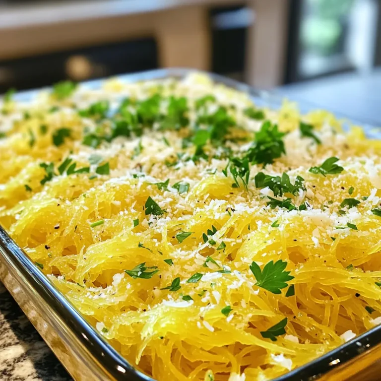 - 1 medium spaghetti squash - 4 cloves garlic, minced - 1/3 cup grated Parmesan cheese - 2 tablespoons olive oil - 1 teaspoon dried Italian herbs (or mixed herbs) - Salt and pepper to taste - Fresh parsley, chopped (for garnish) To make Garlic Parmesan Spaghetti Squash, you need simple yet fresh ingredients. The star of this dish is the spaghetti squash. It is a unique vegetable. When cooked, its flesh turns into strands that resemble pasta. This makes it a great low-carb option. You also need garlic. I love garlic for its strong flavor. Minced garlic adds depth to the dish. Use fresh garlic for the best taste. Parmesan cheese brings a rich and savory flavor. It melts beautifully and coats the squash. Olive oil keeps the squash moist during cooking. For seasoning, Italian herbs enhance the flavor. They add a lovely aroma. Salt and pepper control the taste. Finally, fresh parsley makes a bright garnish. It adds color and freshness to your plate. With these ingredients, you can create a flavorful and easy dish. Enjoy cooking! - Preheat oven to 400°F (200°C). - Slice spaghetti squash in half and scoop out seeds. - Drizzle 1 tablespoon of olive oil inside each half. - Season with salt, pepper, and dried herbs. - Place cut side down on a lined baking sheet. - Roast for 30-40 minutes until flesh is tender. To test for doneness, poke the skin with a fork. If it goes in easily, it’s ready! - While the squash roasts, heat 1 tablespoon of olive oil in a skillet. - Add 4 cloves of minced garlic and sauté for 1-2 minutes. - Be careful not to burn the garlic; it should smell amazing! Once the squash is done, let it cool for a bit. Then, use a fork to scrape the flesh into spaghetti-like strands. - Transfer the strands to the skillet with the garlic. - Mix in 1/3 cup of grated Parmesan cheese. - Toss everything together until well combined. - Taste and adjust seasoning if needed. Serve hot, garnished with chopped parsley for a fresh touch. Enjoy this simple, tasty dish! When choosing a spaghetti squash, look for one that feels heavy for its size. The skin should be firm and free of soft spots. A ripe squash has a deep yellow color. Store it in a cool, dry place, like your pantry. Avoid leaving it in direct sunlight. This keeps it fresh until you are ready to cook. Roasting time can change based on the size of your squash. A smaller squash may only need 30 minutes, while a larger one may take up to 40 minutes. To check if it's done, poke it with a fork. If it feels tender, it’s ready! When cooking the garlic, heat the olive oil over medium heat. Add the minced garlic and stir it often. This keeps it from burning. Garlic cooks quickly, so watch it closely. You want it fragrant, not brown. Garlic Parmesan spaghetti squash pairs well with a fresh salad or grilled chicken. For added flavor, top it with crushed red pepper or a squeeze of lemon. You could also try adding sautéed spinach or cherry tomatoes for a burst of color. Serve it warm, garnished with chopped parsley for a nice touch. {{image_2}} Garlic Parmesan Spaghetti Squash is easy to modify. First, it is gluten-free. You don’t need to worry about gluten at all. This dish is also vegetarian-friendly. To make it dairy-free, swap the Parmesan cheese with a nut-based cheese. Look for brands that melt well. You can also use nutritional yeast for a cheesy flavor without dairy. You can change the flavor of this dish by adding herbs and spices. Try fresh basil or thyme for a bright taste. A pinch of red pepper flakes can add some heat. You can also toss in vegetables like spinach or cherry tomatoes for extra nutrition. Want protein? Add cooked chicken, shrimp, or chickpeas. These options make the dish heartier and more filling. To store leftovers, let the dish cool first. Place it in an airtight container. This keeps the flavors fresh and prevents drying out. You can store it in the fridge for up to four days. If you want to keep it longer, consider freezing it. In the freezer, it lasts up to three months. Just remember, the texture may change after thawing. When it's time to enjoy leftovers, use the oven or stovetop for the best results. If you use the oven, preheat it to 350°F (175°C). Place the spaghetti squash in a baking dish, cover it with foil, and heat for about 15 minutes. This method helps maintain the dish's texture. If you prefer the stovetop, warm it in a skillet over medium heat. Stir gently to avoid sogginess. Add a splash of olive oil if needed to keep it moist. Avoid using a microwave, as it can make the dish watery and lose its charm. You can tell when spaghetti squash is cooked by checking for softness. The skin should feel slightly tender when you poke it. The flesh should easily shred into strands with a fork. To test if it’s done, insert a fork into the flesh. If it pulls apart easily, it’s ready. You can also check the color; it should be a bright yellow when cooked. Yes, you can prepare spaghetti squash ahead of time. Cook it and store it in the fridge for up to three days. Just make sure it cools down before you pack it away. For the best storage, use an airtight container. This keeps it fresh and ready for you to enjoy later. Garlic Parmesan spaghetti squash pairs well with fresh salads or roasted veggies. A light tomato salad or steamed broccoli are great choices. For protein, grilled chicken or shrimp works well. You can also try it with a lean steak or baked fish. Enjoy your meal with a crisp white wine or sparkling water for a refreshing touch. In this post, we explored making Garlic Parmesan Spaghetti Squash. You learned about the key ingredients, preparation steps, and cooking tips. We also discussed storage, variations for diets, and serving suggestions. Incorporating squash into your meals adds flavor and nutrition. I hope you feel ready to try this dish. Enjoy experimenting with different flavors and share it with others!