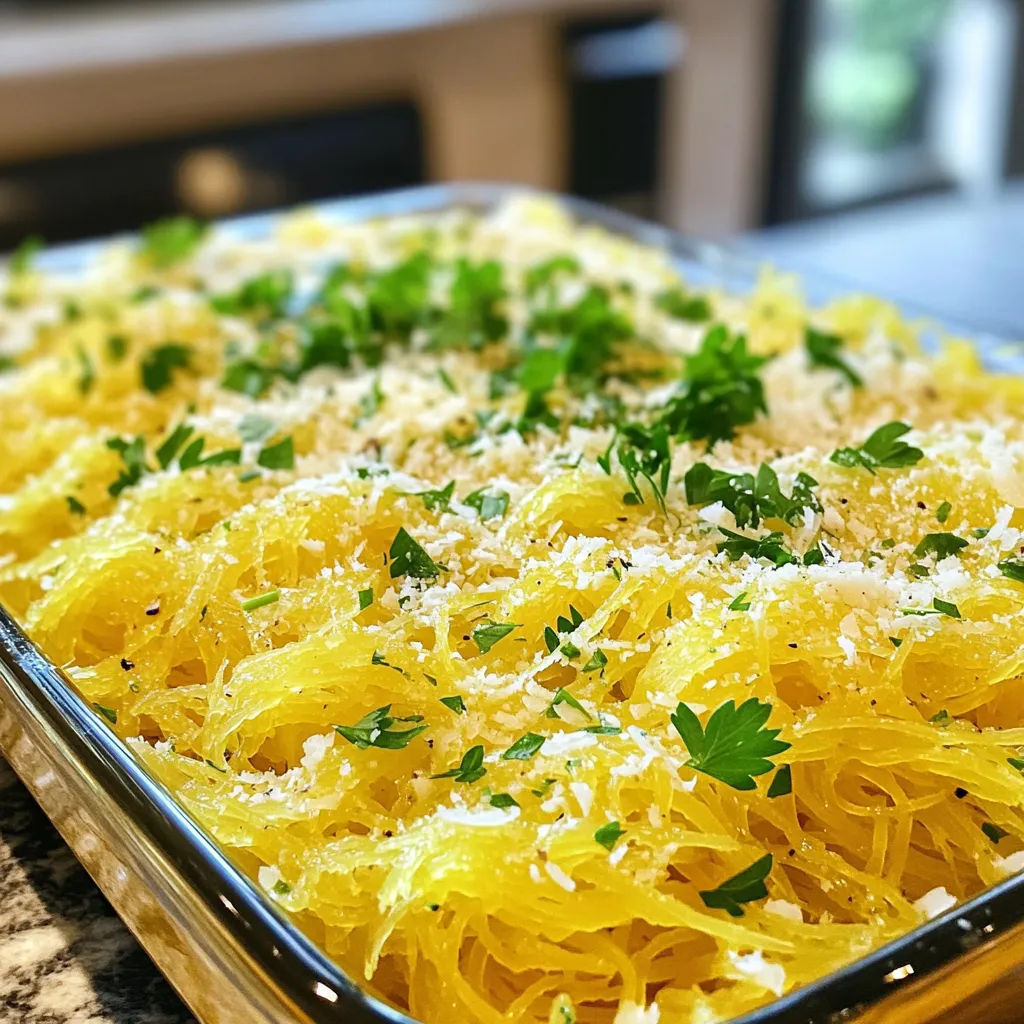 - 1 medium spaghetti squash - 4 cloves garlic, minced - 1/3 cup grated Parmesan cheese - 2 tablespoons olive oil - 1 teaspoon dried Italian herbs (or mixed herbs) - Salt and pepper to taste - Fresh parsley, chopped (for garnish) To make Garlic Parmesan Spaghetti Squash, you need simple yet fresh ingredients. The star of this dish is the spaghetti squash. It is a unique vegetable. When cooked, its flesh turns into strands that resemble pasta. This makes it a great low-carb option. You also need garlic. I love garlic for its strong flavor. Minced garlic adds depth to the dish. Use fresh garlic for the best taste. Parmesan cheese brings a rich and savory flavor. It melts beautifully and coats the squash. Olive oil keeps the squash moist during cooking. For seasoning, Italian herbs enhance the flavor. They add a lovely aroma. Salt and pepper control the taste. Finally, fresh parsley makes a bright garnish. It adds color and freshness to your plate. With these ingredients, you can create a flavorful and easy dish. Enjoy cooking! - Preheat oven to 400°F (200°C). - Slice spaghetti squash in half and scoop out seeds. - Drizzle 1 tablespoon of olive oil inside each half. - Season with salt, pepper, and dried herbs. - Place cut side down on a lined baking sheet. - Roast for 30-40 minutes until flesh is tender. To test for doneness, poke the skin with a fork. If it goes in easily, it’s ready! - While the squash roasts, heat 1 tablespoon of olive oil in a skillet. - Add 4 cloves of minced garlic and sauté for 1-2 minutes. - Be careful not to burn the garlic; it should smell amazing! Once the squash is done, let it cool for a bit. Then, use a fork to scrape the flesh into spaghetti-like strands. - Transfer the strands to the skillet with the garlic. - Mix in 1/3 cup of grated Parmesan cheese. - Toss everything together until well combined. - Taste and adjust seasoning if needed. Serve hot, garnished with chopped parsley for a fresh touch. Enjoy this simple, tasty dish! When choosing a spaghetti squash, look for one that feels heavy for its size. The skin should be firm and free of soft spots. A ripe squash has a deep yellow color. Store it in a cool, dry place, like your pantry. Avoid leaving it in direct sunlight. This keeps it fresh until you are ready to cook. Roasting time can change based on the size of your squash. A smaller squash may only need 30 minutes, while a larger one may take up to 40 minutes. To check if it's done, poke it with a fork. If it feels tender, it’s ready! When cooking the garlic, heat the olive oil over medium heat. Add the minced garlic and stir it often. This keeps it from burning. Garlic cooks quickly, so watch it closely. You want it fragrant, not brown. Garlic Parmesan spaghetti squash pairs well with a fresh salad or grilled chicken. For added flavor, top it with crushed red pepper or a squeeze of lemon. You could also try adding sautéed spinach or cherry tomatoes for a burst of color. Serve it warm, garnished with chopped parsley for a nice touch. {{image_2}} Garlic Parmesan Spaghetti Squash is easy to modify. First, it is gluten-free. You don’t need to worry about gluten at all. This dish is also vegetarian-friendly. To make it dairy-free, swap the Parmesan cheese with a nut-based cheese. Look for brands that melt well. You can also use nutritional yeast for a cheesy flavor without dairy. You can change the flavor of this dish by adding herbs and spices. Try fresh basil or thyme for a bright taste. A pinch of red pepper flakes can add some heat. You can also toss in vegetables like spinach or cherry tomatoes for extra nutrition. Want protein? Add cooked chicken, shrimp, or chickpeas. These options make the dish heartier and more filling. To store leftovers, let the dish cool first. Place it in an airtight container. This keeps the flavors fresh and prevents drying out. You can store it in the fridge for up to four days. If you want to keep it longer, consider freezing it. In the freezer, it lasts up to three months. Just remember, the texture may change after thawing. When it's time to enjoy leftovers, use the oven or stovetop for the best results. If you use the oven, preheat it to 350°F (175°C). Place the spaghetti squash in a baking dish, cover it with foil, and heat for about 15 minutes. This method helps maintain the dish's texture. If you prefer the stovetop, warm it in a skillet over medium heat. Stir gently to avoid sogginess. Add a splash of olive oil if needed to keep it moist. Avoid using a microwave, as it can make the dish watery and lose its charm. You can tell when spaghetti squash is cooked by checking for softness. The skin should feel slightly tender when you poke it. The flesh should easily shred into strands with a fork. To test if it’s done, insert a fork into the flesh. If it pulls apart easily, it’s ready. You can also check the color; it should be a bright yellow when cooked. Yes, you can prepare spaghetti squash ahead of time. Cook it and store it in the fridge for up to three days. Just make sure it cools down before you pack it away. For the best storage, use an airtight container. This keeps it fresh and ready for you to enjoy later. Garlic Parmesan spaghetti squash pairs well with fresh salads or roasted veggies. A light tomato salad or steamed broccoli are great choices. For protein, grilled chicken or shrimp works well. You can also try it with a lean steak or baked fish. Enjoy your meal with a crisp white wine or sparkling water for a refreshing touch. In this post, we explored making Garlic Parmesan Spaghetti Squash. You learned about the key ingredients, preparation steps, and cooking tips. We also discussed storage, variations for diets, and serving suggestions. Incorporating squash into your meals adds flavor and nutrition. I hope you feel ready to try this dish. Enjoy experimenting with different flavors and share it with others!