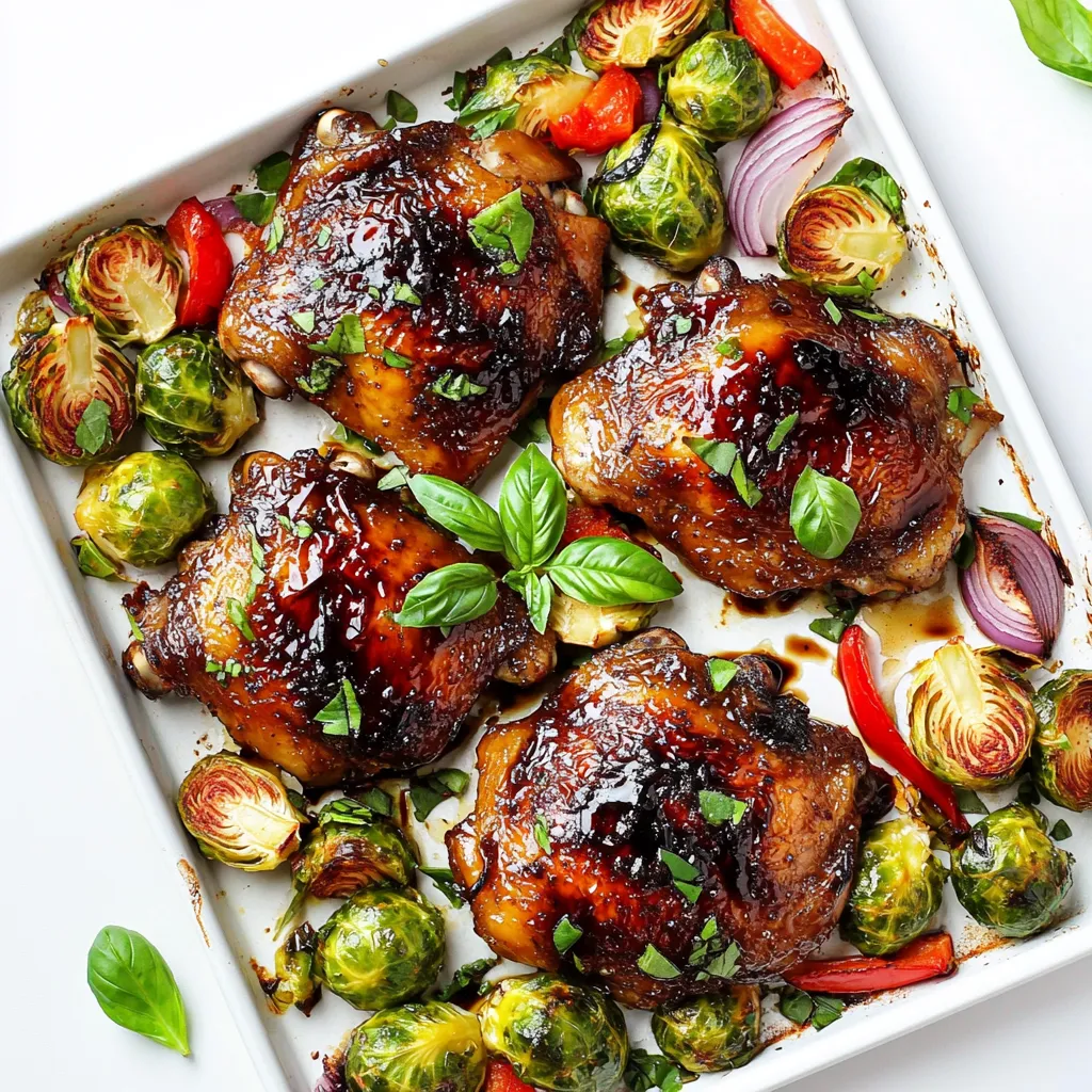 For this dish, you need a few key items. Here’s what to gather: - 4 bone-in, skin-on chicken thighs - 1/4 cup balsamic vinegar - 2 tablespoons honey - 2 tablespoons Dijon mustard - 2 cloves garlic, minced - 2 cups Brussels sprouts, halved - 1 red bell pepper, sliced - 1 medium red onion, sliced into wedges These main ingredients form the heart of your meal. The chicken thighs are juicy and tender, while the veggies add color and crunch. The right spices make all the difference. You will need: - 1 teaspoon dried oregano - 1 teaspoon thyme - 1/2 teaspoon salt - 1/4 teaspoon freshly cracked black pepper - 2 tablespoons olive oil These seasonings bring out the flavors of the chicken and veggies. They add depth and a bit of warmth to the dish. To make your meal look even better, consider these garnishes: - Fresh basil Adding fresh basil not only makes the dish pop but also adds a fresh flavor. It’s a simple touch that makes a big impact. Now you've got everything you need for Balsamic Glazed Chicken Thighs. Each ingredient plays a role in creating a delicious meal that is perfect for any night of the week. Start by preheating your oven to 425°F (220°C). This step is key for getting that crispy skin on the chicken thighs. In a small bowl, mix the following ingredients: - 1/4 cup balsamic vinegar - 2 tablespoons honey - 2 tablespoons Dijon mustard - 2 cloves garlic, minced - 1 teaspoon dried oregano - 1 teaspoon thyme - 1/2 teaspoon salt - 1/4 teaspoon freshly cracked black pepper Whisk these together until smooth. This marinade will add rich flavor to the chicken. Take 4 bone-in, skin-on chicken thighs and put them in a large zip-top bag or bowl. Pour half of the balsamic marinade over the chicken. Make sure all pieces are coated well. Save the other half for later. Let the chicken marinate for 30 minutes in the fridge. For extra flavor, marinate it overnight. On a large baking sheet, toss 2 cups of halved Brussels sprouts, 1 sliced red bell pepper, and 1 medium red onion (sliced into wedges) with 2 tablespoons of olive oil, salt, and pepper. Make sure every vegetable is coated evenly. This will enhance their flavor as they roast. Remove the marinated chicken from the bag. Place the chicken on the baking sheet, nestled among the vegetables. This helps all the flavors mix while cooking. Roast the sheet pan in the oven for 25-30 minutes. Check that the chicken’s internal temperature reaches 165°F (75°C). The skin should turn golden brown and crispy! Stir the vegetables halfway through to ensure they cook evenly. In the last 5 minutes of cooking, take the reserved balsamic marinade and brush it over the chicken. This creates a lovely glaze that adds shine and flavor. After baking, let the sheet pan cool for a few minutes. Garnish the dish with fresh basil for a pop of color and taste. You can serve it directly from the sheet pan or on a platter. Drizzle any remaining glaze over the chicken and vegetables for extra flavor. Enjoy your meal! To make the glaze shine, use the reserved marinade. Brush it on the chicken in the last 5 minutes of cooking. This adds flavor and creates a sticky, beautiful finish. For an extra layer of taste, try adding a pinch of chili flakes to the glaze. This gives it a slight kick. Cook the chicken thighs for 25 to 30 minutes at 425°F (220°C). Make sure the internal temperature hits 165°F (75°C). This ensures the chicken is safe to eat and juicy. Use a meat thermometer for the best results. Check the vegetables too; they should be tender and golden. If you don’t have balsamic vinegar, red wine vinegar works well too. Honey can be swapped for maple syrup for a different sweetness. You can use any chicken part, but thighs stay moist. For veggies, feel free to use carrots or zucchini instead of Brussels sprouts. Start by marinating the chicken first. This allows the flavors to soak in. While it marinates, prep the veggies. Toss them with olive oil, salt, and pepper. Make sure everything is ready before you start cooking. This keeps your cooking time short and stress-free. {{image_2}} You can change up the veggies in this dish. Try using: - Carrots, cut into sticks - Broccoli florets - Cauliflower, cut into small pieces - Zucchini, sliced into rounds - Sweet potatoes, cubed These veggies add color and flavor. They also roast well, just like Brussels sprouts and bell peppers. The balsamic glaze is tasty, but you can mix it up! Here are some fun ideas: - Use apple cider vinegar instead of balsamic. This gives a fruity twist. - Swap honey for maple syrup for a different sweetness. - Try adding soy sauce for a savory depth. - Use fresh herbs instead of dried for a bright flavor. Experimenting with marinades makes each meal unique. Do you like heat in your food? You can spice it up! Here’s how: - Add red pepper flakes to the marinade for a kick. - Use spicy mustard instead of Dijon for more heat. - Toss in sliced jalapeños with your veggies. If you prefer mild, just leave out the spicy elements. The dish still tastes great! Adjust flavors to fit your taste buds. To store leftovers, let the chicken cool first. Place the chicken and vegetables in an airtight container. Make sure to cover it well. Store it in the fridge for up to four days. This keeps the flavors fresh and tasty for your next meal. To reheat, preheat your oven to 350°F (175°C). Place the chicken and vegetables on a baking sheet. Heat for about 15-20 minutes, or until warm. This method keeps the chicken skin crispy. You can also use a microwave but this may make the skin soft. If you want to freeze the dish, let it cool completely. Place the chicken and veggies in a freezer-safe bag or container. It can last in the freezer for up to three months. When ready to eat, thaw in the fridge overnight. Reheat as mentioned above for the best results. Yes, you can use boneless chicken thighs. They will cook faster. Just check the internal temperature. It should reach 165°F (75°C). Adjust the cooking time to about 20-25 minutes. This change keeps the dish juicy and tasty. Balsamic glazed chicken thighs pair well with many sides. You can serve them with: - Rice or quinoa - Mashed potatoes - A fresh green salad - Roasted sweet potatoes These sides balance the rich glaze and add color to your plate. You should marinate chicken for at least 30 minutes. For best flavor, aim for 1 to 8 hours. If you marinate too long, the chicken might become too soft. Always keep it in the fridge while marinating. Yes, this recipe is great for meal prep. You can cook a batch and store it. Just keep the chicken and veggies in airtight containers. They will stay fresh in the fridge for up to 4 days. Reheat when ready to enjoy! This article covered how to make balsamic glazed chicken thighs. We explored key ingredients, spices, and garnishes needed. You learned step-by-step instructions, tips for perfecting the glaze, and variations for different tastes. Proper storage and reheating methods were also discussed. In summary, this dish is easy and flavorful. It works for any meal and is great for leftovers. Try it out for a tasty dinner option that everyone will love. Enjoy cooking!