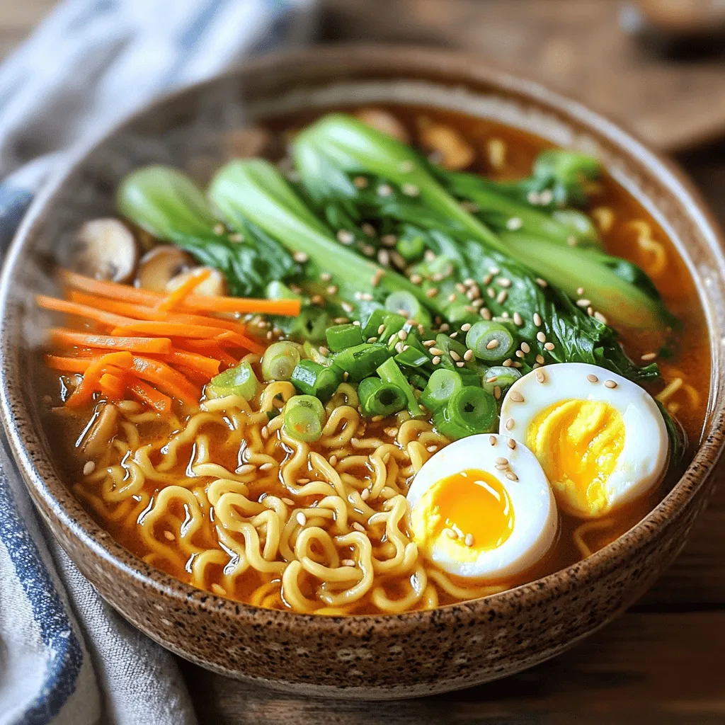 To make Spicy Chili Crisp Ramen, you need a few key ingredients. Each one adds to the bold flavors of this dish. Here’s what you’ll need: - 2 packs of instant ramen noodles - 2 tablespoons spicy chili crisp (such as Laoganma or homemade) - 4 cups vegetable broth - 1 tablespoon sesame oil - 1 teaspoon soy sauce - 1 teaspoon rice vinegar - 1 cup baby bok choy, chopped - 1 carrot, julienned - 1/2 cup shiitake mushrooms, sliced - 2 green onions, sliced (for garnish) - Sesame seeds (for garnish) - Optional: Soft-boiled eggs, halved In this recipe, the instant ramen noodles provide a quick and satisfying base. The spicy chili crisp brings heat and depth. Vegetable broth forms a rich, savory backdrop. The sesame oil and soy sauce add umami while rice vinegar gives a nice tang. Fresh vegetables like bok choy, carrots, and shiitake mushrooms offer texture and color. Green onions and sesame seeds make excellent garnishes, adding crunch and flavor. If you wish, top your ramen with a soft-boiled egg for extra creaminess. Each ingredient plays a role in creating a bold and flavorful delight. 1. First, grab a medium pot. Pour in 4 cups of vegetable broth. 2. Heat it over medium heat until it starts to simmer. 3. Now, add 2 tablespoons of spicy chili crisp. 4. Stir in 1 teaspoon of soy sauce and 1 teaspoon of rice vinegar. 5. Let the broth simmer for a few minutes. This helps blend the flavors. 1. In a separate pot, boil water. 2. Add 2 packs of instant ramen noodles. 3. Cook according to the package instructions. 4. Aim for an al dente texture. This gives the noodles a nice bite. 5. Once cooked, drain the noodles and set them aside. 1. Take the pot with the broth and add the chopped baby bok choy. 2. Then, add the julienned carrot and sliced shiitake mushrooms. 3. Let everything simmer for about 5 minutes. The veggies should become tender. 4. Divide the cooked ramen into bowls. 5. Ladle the hot broth and vegetables over the noodles. 6. Drizzle with sesame oil and stir gently. 7. Finish by garnishing with sliced green onions and sesame seeds. 8. If you like, add a soft-boiled egg half on top for extra richness. To get the right heat, adjust the amount of chili crisp you use. Start with one tablespoon and taste. Add more if you want extra spice. Pair the chili crisp with soy sauce and rice vinegar for balance. Soy sauce adds depth, while vinegar brings brightness. This mix helps the heat shine without overpowering the dish. Cooking ramen noodles well is key to a great dish. Boil water and add the noodles. Follow the package instructions for the best texture. Aim for al dente, so they stay firm in the broth. For the vegetables, sauté them lightly before adding to the broth. This enhances their flavors and keeps them vibrant. Garnishing makes your ramen look appealing. Sprinkle sliced green onions and sesame seeds on top for color and crunch. You can also add a soft-boiled egg half for creaminess. Choose wide bowls to show off the noodles and broth. A beautiful presentation will make your dish even more inviting. {{image_2}} For a tasty twist, you can change the broth. Use chicken broth for a rich flavor. Miso broth adds a savory depth. If you prefer a plant-based option, stick with vegetable broth. You can use vegan broth as well. It gives a great taste without animal products. Add your favorite veggies and proteins to the ramen. Try spinach, bell peppers, or corn for different textures. Tofu or chicken can boost protein. For a special touch, use unique garnishes. Consider crispy garlic, chopped peanuts, or fresh herbs. These add flavor and a nice crunch. Want more heat? Add extra spicy chili crisp. You can also mix in red pepper flakes. If you need a milder dish, reduce the chili crisp. You might try using a less spicy sauce, like hoisin. This keeps it flavorful without the heat. To keep your Spicy Chili Crisp Ramen fresh, store noodles and broth separately. Place the noodles in an airtight container. Pour the broth over the vegetables in another container. This method helps avoid soggy noodles. Your leftovers will stay good for about three days in the fridge. Yes, you can freeze Spicy Chili Crisp Ramen! However, I recommend freezing the broth and veggies together. The noodles can become mushy when thawed. When you are ready to eat, thaw the broth overnight in the fridge. Reheat it on the stove. You can cook fresh noodles or use the leftovers if they are still firm. Store your chili crisp in a cool, dark place. A sealed jar works best. It can last for months if properly stored. For fresh vegetables, like bok choy and carrots, keep them in the fridge. Wrap them in paper towels to absorb moisture. This keeps them crisp for longer. Spicy chili crisp is a flavorful condiment. It often includes oil, chili flakes, garlic, and spices. The blend gives dishes a rich, spicy taste. You can find it in jars at stores, or make it at home. To make your own, mix oil, chili flakes, and sautéed garlic. You can add nuts for crunch. This condiment brings heat and depth to meals, making it a must-have in your kitchen. You can find spicy chili crisp ramen at many grocery stores. Look in the Asian section or the international aisle. Brands like Nissin or Samyang often offer tasty options. Online shops like Amazon and specialty food sites also sell it. Check your local Asian markets for unique brands and flavors. These stores often have homemade or regional varieties, adding to your ramen experience. Yes, you can easily make this dish gluten-free. Look for gluten-free ramen noodles made from rice or buckwheat. Many brands offer tasty gluten-free options. Check the ingredient labels to ensure they meet your needs. You can also use zucchini noodles for a low-carb twist. Just sauté the zucchini briefly before adding to the broth. This way, you enjoy a delicious meal without gluten. In this post, we explored how to make Spicy Chili Crisp Ramen. You learned about the key ingredients and how to prepare the broth and noodles for a delicious meal. We shared tips for perfect spiciness and offered variations for your taste. Don't forget to store leftovers properly for future enjoyment. Now, you have the tools to create your own tasty ramen at home. Enjoy experimenting with flavors and make it your own!