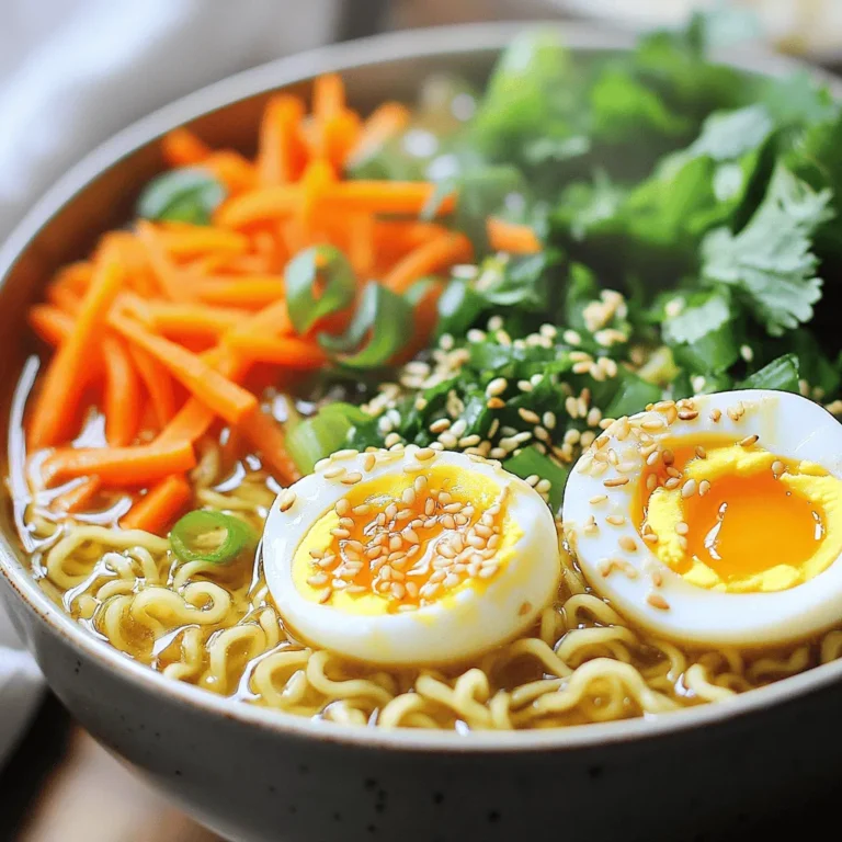 Here’s what you need to make your tasty Sesame Chili Crisp Ramen: - 2 packs of instant ramen noodles (discard the seasoning packets) - 4 cups vegetable broth - 2 tablespoons sesame oil - 1 tablespoon chili paste (adjust for spice level) - 2 tablespoons sesame seeds (toasted) - 1 green onion, chopped (white and green parts separated) - 1 cup baby spinach - 1 carrot, julienned - 1 egg (optional) - Soy sauce to taste - Fresh cilantro, for garnish Gather these ingredients before you start cooking. Instant ramen noodles are quick and easy. The vegetable broth adds flavor and depth. Sesame oil gives a nutty taste, while chili paste brings heat. Toasted sesame seeds add a nice crunch. The green onion adds freshness, and baby spinach boosts nutrition. Carrots add color and a bit of sweetness. If you want, add a soft-boiled egg for richness. Don’t forget the soy sauce for seasoning and fresh cilantro to finish. With these ingredients, you’ll have a quick and satisfying meal ready in no time! 1. In a large pot, heat 4 cups of vegetable broth over medium heat. 2. Stir in 1 tablespoon of chili paste and 1 tablespoon of sesame oil. 3. Let the broth simmer gently for a few minutes. This step builds great flavor. 1. Add 2 packs of instant ramen noodles to the pot of broth. 2. Cook the noodles for about 3-4 minutes, or until tender. 3. Be sure to stir occasionally for even cooking. 1. In a separate pan, heat the remaining sesame oil over medium heat. 2. Add the white parts of the chopped green onion and julienned carrot. 3. Sauté for 2-3 minutes until they start to soften. 4. Then, add 1 cup of baby spinach and cook for another minute until wilted. 1. Carefully drain the ramen noodles and add them to the pot with the broth. 2. Mix in the sautéed vegetables, stirring everything well. 3. Make sure all the flavors blend together nicely. 1. If using an egg, boil water in a small pot. 2. Gently add 1 egg and boil for 6-7 minutes for a soft-boiled egg. 3. Place the egg in an ice bath to cool. This makes peeling easier. 1. Taste the ramen and adjust the seasoning with soy sauce to your liking. 2. Serve the ramen hot in bowls. 3. Garnish with toasted sesame seeds, green parts of the scallions, and fresh cilantro. 4. If using, cut the soft-boiled egg in half and place it on top of each bowl. To get the best ramen, avoid overcooking the noodles. Cook them for just 3-4 minutes in boiling broth. Check the texture often. You want them tender but not mushy. Mixing the broth and ingredients is key. Stir gently to combine everything. This keeps the noodles from breaking apart. Make sure the broth is hot before adding the noodles. This helps them soak up flavor. You can change the heat by modifying the chili paste. For less spice, use only half a tablespoon. For more heat, add an extra teaspoon. Always taste the broth before serving. If you want less spice, consider using sweet chili sauce. You can also add a splash of soy sauce for a different flavor. To boost the taste, try adding garlic or ginger. Both give a warm, rich flavor that pairs well with ramen. You can add them while sautéing the vegetables. For toppings, consider adding soft-boiled egg, toasted nuts, or extra vegetables. Fresh herbs like cilantro or basil can brighten your dish. Experiment and find what you love! {{image_2}} You can make this ramen vegetarian by adding tofu or more veggies. Firm tofu works best. Just cut it into cubes and sauté it with the vegetables. You can add bell peppers, mushrooms, or zucchini for extra flavor and texture. For broth, use vegetable broth or mushroom broth to enhance the taste. For a vegan version, skip the egg and any dairy. Use plant-based proteins like tofu, tempeh, or edamame. These will add protein and keep your meal filling. You can also replace the sesame oil with a vegetable oil like avocado oil. You can change the flavor by using different chili sauces. Try sriracha, sambal oelek, or gochujang for unique tastes. For broth, experiment with miso or coconut broth for a twist. Each option will bring a new layer to your ramen experience. To store your leftover sesame chili crisp ramen, follow these steps: - Allow the ramen to cool down. - Place it in an airtight container. - Keep it in the fridge. This way, it stays fresh for up to three days. When reheating, you want to keep those noodles just right. Here’s how: - Use a microwave or stovetop. - If using a microwave, add a splash of broth or water. - Heat in short bursts, stirring often. This helps prevent the noodles from becoming soggy. For more flavor, add a bit of soy sauce while reheating. If you want to freeze your ramen, use these tips: - Choose a sturdy container or freezer bag. - Make sure to remove as much air as possible. - Label with the date before placing it in the freezer. To thaw, move it to the fridge overnight. Reheat in a pot with a little broth for the best texture. To make Sesame Chili Crisp Ramen from scratch, follow these basic steps: - Heat 4 cups of vegetable broth in a pot. - Stir in 1 tablespoon of chili paste and half the sesame oil. - Add 2 packs of instant ramen noodles. Cook for about 3-4 minutes. - In a separate pan, sauté chopped green onion (white parts) and julienned carrot in the rest of the sesame oil. - Add baby spinach and cook until wilted. - Combine noodles with the broth and sautéed veggies. - Adjust flavor with soy sauce. - Garnish with toasted sesame seeds, green onion (green parts), and fresh cilantro. You can add an optional soft-boiled egg for extra richness. Yes! You can easily customize this ramen. Here are some ideas: - Swap out the vegetable broth for chicken broth for a meaty flavor. - Use different vegetables like bell pepper or mushrooms. - Add proteins like cooked chicken or tofu for more heartiness. - Change the chili paste for a different spice level, such as sriracha. - Top with ingredients like nori, peanuts, or lime for extra flair. Feel free to make it your own! You can find Sesame Chili Crisp Ramen in many stores. Look for it in: - Asian grocery stores, where you may find various brands. - Major supermarkets often stock popular brands like Nissin or Samyang. - Online retailers like Amazon for easy delivery. Check the spice levels listed on the package to match your taste. Sesame Chili Crisp Ramen lasts about 3-4 days in the fridge. Store it in an airtight container. Here's how to keep it safe: - Cool it completely before refrigerating. - Keep the broth and noodles separate if possible. This helps maintain the noodle texture when reheating. Ramen pairs well with many side dishes. Here are some popular options: - Edamame sprinkled with sea salt. - Gyoza or dumplings for a savory bite. - A simple cucumber salad for crunch. - Seaweed salad for a refreshing touch. These sides add variety and make your meal more satisfying! This blog post shows you how to make a great Sesame Chili Crisp Ramen. We covered the ingredients, steps for cooking, and some handy tips. You can adjust spice levels to suit your taste, and explore variations for a personal touch. Storing and reheating your ramen is simple, ensuring it stays fresh. Embrace creativity in adding your favorite ingredients. Cooking can be joyful and fulfilling. Enjoy every bite of your homemade ramen!