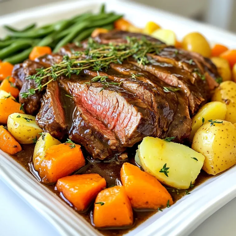 - Beef chuck roast: You need a 3 to 4-pound beef chuck roast. This cut gives great flavor and tenderness. - Seasonings and Oils: Use 1 teaspoon salt, 1/2 teaspoon black pepper, and 2 tablespoons olive oil. These enhance the beef's natural taste. - Vegetables: You will need 1 large onion, 4 cloves garlic, 4 large carrots, 4 medium potatoes, and 1 cup green beans. These add color, texture, and nutrients to your dish. The beef chuck roast is the star of this dish. Its rich flavor pairs well with the balsamic vinegar. The seasonings help build layers of taste. Olive oil aids in browning the meat and adds healthy fats. For vegetables, I like a mix to balance flavors. Carrots add sweetness, potatoes provide heartiness, and green beans give a nice crunch. Together, they create a meal that is both filling and delicious. 1. Start by seasoning the beef chuck roast. Use one teaspoon of salt and half a teaspoon of black pepper. Rub the seasoning all over the meat. This step adds flavor to the roast. 2. Next, heat two tablespoons of olive oil in a large skillet over medium-high heat. Once hot, add the seasoned roast. Sear it for about 4 to 5 minutes on each side. Look for a nice brown crust. This step locks in juices and flavor. 3. After browning the beef, remove it from the skillet. Set it aside on a plate. 4. In the same skillet, add one large sliced onion and four minced garlic cloves. Sauté them for 2 to 3 minutes. Cook until the onion turns translucent. This will add depth to your dish. 1. In a mixing bowl, combine one cup of beef broth, half a cup of balsamic vinegar, two tablespoons of brown sugar, one teaspoon of dried thyme, and one teaspoon of dried rosemary. Stir until the sugar dissolves completely. This mixture will create a flavorful sauce. 2. Place the seared roast in the slow cooker. Pour the balsamic mixture over the top. 3. Layer four large carrots, peeled and cut into chunks, and four medium diced potatoes around the roast. Add one cup of trimmed green beans on top. This adds color and nutrition to the dish. 1. Cover the slow cooker with the lid. Set it on low and cook for 8 hours. This long cooking time allows the meat to become tender. 2. To check for doneness, use a fork. If the meat shreds easily, it’s ready. If not, let it cook a bit longer. 3. After cooking, carefully remove the beef and vegetables from the slow cooker. Let the meat rest for a few minutes before slicing. This helps keep the juices inside. 4. For a thicker sauce, turn the slow cooker to high. Cook uncovered for an additional 10 to 15 minutes while the sauce reduces. 5. Slice the beef and serve it with the colorful vegetables. Drizzle the balsamic sauce over the top for extra flavor. To get the most tender meat, start by searing the beef. Searing helps lock in flavors. It also creates a nice crust. After seasoning your beef with salt and pepper, heat olive oil in a skillet. Sear each side for 4-5 minutes until browned. This step makes a big difference in taste. Cook time is also key. For the best results, set your slow cooker to low. Let it cook for 8 hours. At this time, the beef will be fork-tender. If you're short on time, you can cook on high for 4-5 hours. However, low and slow gives the best flavor and texture. Adding herbs and spices boosts the flavor of your pot roast. Dried thyme and rosemary work well in this recipe. They add depth and warmth. You can also consider adding bay leaves or even a pinch of red pepper flakes for a kick. When it comes to sauce thickness, you have options. If you like a thicker sauce, let it cook uncovered for 10-15 minutes at the end. This lets the sauce reduce and become rich. If you prefer a thinner sauce, simply skip this step. Adjust the sauce to fit your taste and enjoy! {{image_2}} You can switch out the beef chuck roast for other cuts. Try brisket or round roast for a different texture. Both cuts work well in the slow cooker. They absorb flavors nicely and stay tender. Change the veggies too! If you don’t have carrots or potatoes, use parsnips or sweet potatoes. You can also add bell peppers or mushrooms for a fresh taste. The key is to keep the cooking time similar. Vinegar is a great way to mix up the taste. You might try red wine vinegar instead of balsamic for a bolder flavor. Apple cider vinegar adds a nice sweetness too. Want more heat? Add crushed red pepper flakes or a dash of hot sauce. You can also change the spice levels by using more or less dried thyme and rosemary. Don’t be afraid to experiment! Each twist gives a new flavor to the pot roast. After enjoying your slow cooker balsamic beef pot roast, store the leftovers properly. First, let the roast cool down to room temperature. Then, place the beef and vegetables into airtight containers. - Refrigeration guidelines: You can keep the leftovers in the fridge for up to 3-4 days. Make sure your fridge stays at 40°F (4°C) or lower to keep food fresh. - Freezing tips: If you want to save some for later, freeze the leftovers. Use freezer-safe bags or containers. They can last for about 3 months in the freezer. For best results, remove as much air as possible before sealing. When it is time to enjoy your leftovers, you want to do it right. - Best methods for reheating: The best way to reheat the pot roast is in the oven or on the stovetop. If you use the oven, set it to 350°F (175°C). Place the beef and vegetables in a dish, cover it with foil, and heat for about 20-25 minutes. If using a stovetop, warm the beef and vegetables in a skillet over low heat. - Maintaining flavor and texture: Adding a splash of beef broth or water while reheating helps keep the meat moist. Covering the dish also helps trap steam and flavor. This way, your dish stays tasty and tender, just like the first time you made it. Cooking a pot roast in a slow cooker takes about 8 hours on low heat. This long cook time allows the beef to become very tender. The low heat helps break down tough fibers in the meat. You can also cook it for 4 to 5 hours on high heat if you're short on time. I prefer the low method for the best flavor and texture. You should not use frozen beef for this recipe. It's important to thaw the beef first. Cooking from frozen can lead to uneven cooking and tough meat. Thaw the beef in the fridge overnight for the best results. This way, it will sear nicely, enhancing the taste and texture. Balsamic beef pot roast pairs well with several sides. Here are some great options: - Mashed potatoes - Rice or quinoa - Fresh green salad - Crusty bread - Roasted vegetables These sides balance the rich flavors of the roast. They also soak up the delicious balsamic sauce. Enjoy experimenting with your favorite pairings! In this post, we covered all you need for a great balsamic beef pot roast. We discussed the key ingredients, from beef chuck to fresh veggies. You learned to prepare and layer the roast in your slow cooker. Plus, we explored tips for tender meat and flavor boosts. Lastly, we provided storage and reheating methods to keep your meal fresh. With these steps, you can enjoy a delicious pot roast anytime. Enjoy making this dish and let your kitchen come alive with flavor!