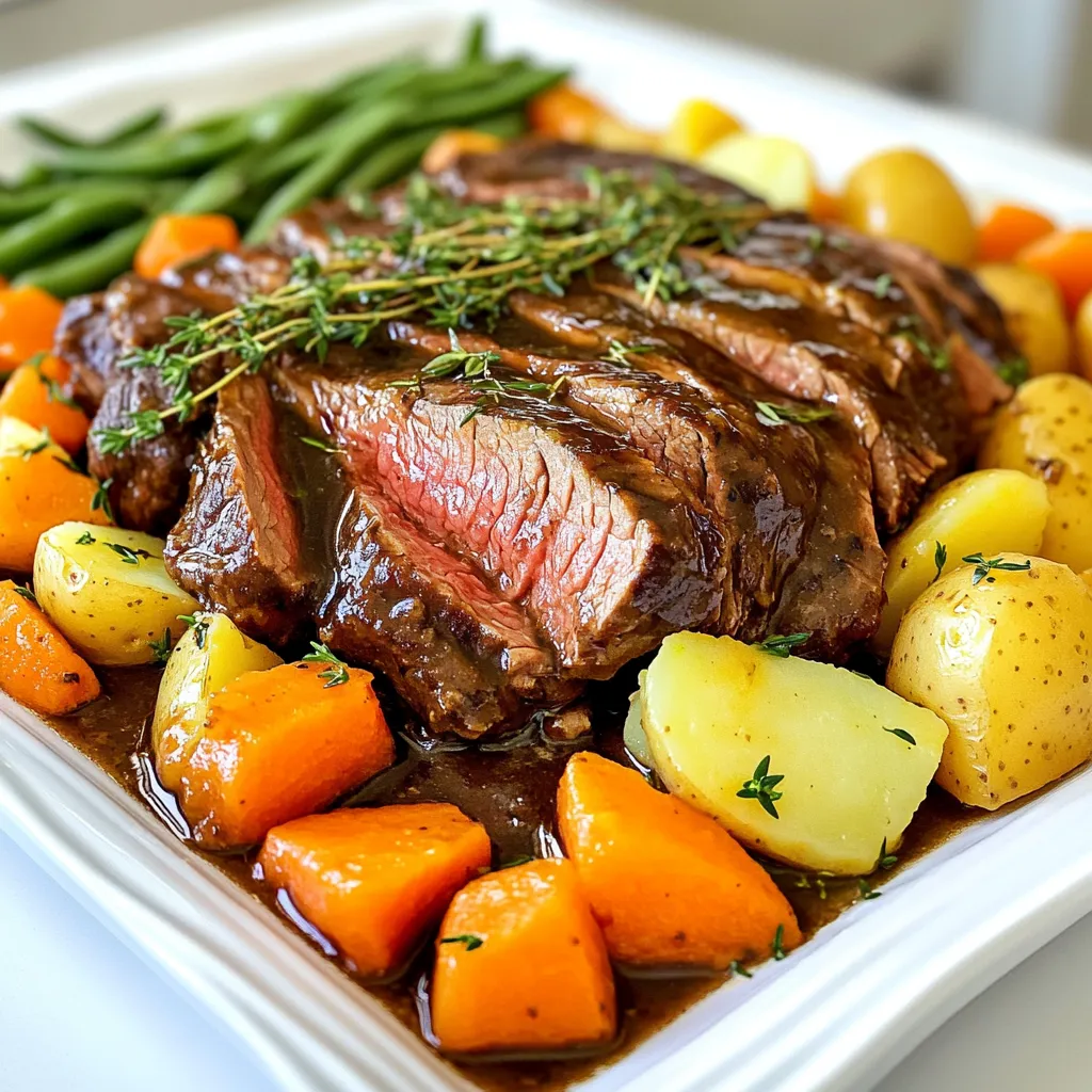 - Beef chuck roast: You need a 3 to 4-pound beef chuck roast. This cut gives great flavor and tenderness. - Seasonings and Oils: Use 1 teaspoon salt, 1/2 teaspoon black pepper, and 2 tablespoons olive oil. These enhance the beef's natural taste. - Vegetables: You will need 1 large onion, 4 cloves garlic, 4 large carrots, 4 medium potatoes, and 1 cup green beans. These add color, texture, and nutrients to your dish. The beef chuck roast is the star of this dish. Its rich flavor pairs well with the balsamic vinegar. The seasonings help build layers of taste. Olive oil aids in browning the meat and adds healthy fats. For vegetables, I like a mix to balance flavors. Carrots add sweetness, potatoes provide heartiness, and green beans give a nice crunch. Together, they create a meal that is both filling and delicious. 1. Start by seasoning the beef chuck roast. Use one teaspoon of salt and half a teaspoon of black pepper. Rub the seasoning all over the meat. This step adds flavor to the roast. 2. Next, heat two tablespoons of olive oil in a large skillet over medium-high heat. Once hot, add the seasoned roast. Sear it for about 4 to 5 minutes on each side. Look for a nice brown crust. This step locks in juices and flavor. 3. After browning the beef, remove it from the skillet. Set it aside on a plate. 4. In the same skillet, add one large sliced onion and four minced garlic cloves. Sauté them for 2 to 3 minutes. Cook until the onion turns translucent. This will add depth to your dish. 1. In a mixing bowl, combine one cup of beef broth, half a cup of balsamic vinegar, two tablespoons of brown sugar, one teaspoon of dried thyme, and one teaspoon of dried rosemary. Stir until the sugar dissolves completely. This mixture will create a flavorful sauce. 2. Place the seared roast in the slow cooker. Pour the balsamic mixture over the top. 3. Layer four large carrots, peeled and cut into chunks, and four medium diced potatoes around the roast. Add one cup of trimmed green beans on top. This adds color and nutrition to the dish. 1. Cover the slow cooker with the lid. Set it on low and cook for 8 hours. This long cooking time allows the meat to become tender. 2. To check for doneness, use a fork. If the meat shreds easily, it’s ready. If not, let it cook a bit longer. 3. After cooking, carefully remove the beef and vegetables from the slow cooker. Let the meat rest for a few minutes before slicing. This helps keep the juices inside. 4. For a thicker sauce, turn the slow cooker to high. Cook uncovered for an additional 10 to 15 minutes while the sauce reduces. 5. Slice the beef and serve it with the colorful vegetables. Drizzle the balsamic sauce over the top for extra flavor. To get the most tender meat, start by searing the beef. Searing helps lock in flavors. It also creates a nice crust. After seasoning your beef with salt and pepper, heat olive oil in a skillet. Sear each side for 4-5 minutes until browned. This step makes a big difference in taste. Cook time is also key. For the best results, set your slow cooker to low. Let it cook for 8 hours. At this time, the beef will be fork-tender. If you're short on time, you can cook on high for 4-5 hours. However, low and slow gives the best flavor and texture. Adding herbs and spices boosts the flavor of your pot roast. Dried thyme and rosemary work well in this recipe. They add depth and warmth. You can also consider adding bay leaves or even a pinch of red pepper flakes for a kick. When it comes to sauce thickness, you have options. If you like a thicker sauce, let it cook uncovered for 10-15 minutes at the end. This lets the sauce reduce and become rich. If you prefer a thinner sauce, simply skip this step. Adjust the sauce to fit your taste and enjoy! {{image_2}} You can switch out the beef chuck roast for other cuts. Try brisket or round roast for a different texture. Both cuts work well in the slow cooker. They absorb flavors nicely and stay tender. Change the veggies too! If you don’t have carrots or potatoes, use parsnips or sweet potatoes. You can also add bell peppers or mushrooms for a fresh taste. The key is to keep the cooking time similar. Vinegar is a great way to mix up the taste. You might try red wine vinegar instead of balsamic for a bolder flavor. Apple cider vinegar adds a nice sweetness too. Want more heat? Add crushed red pepper flakes or a dash of hot sauce. You can also change the spice levels by using more or less dried thyme and rosemary. Don’t be afraid to experiment! Each twist gives a new flavor to the pot roast. After enjoying your slow cooker balsamic beef pot roast, store the leftovers properly. First, let the roast cool down to room temperature. Then, place the beef and vegetables into airtight containers. - Refrigeration guidelines: You can keep the leftovers in the fridge for up to 3-4 days. Make sure your fridge stays at 40°F (4°C) or lower to keep food fresh. - Freezing tips: If you want to save some for later, freeze the leftovers. Use freezer-safe bags or containers. They can last for about 3 months in the freezer. For best results, remove as much air as possible before sealing. When it is time to enjoy your leftovers, you want to do it right. - Best methods for reheating: The best way to reheat the pot roast is in the oven or on the stovetop. If you use the oven, set it to 350°F (175°C). Place the beef and vegetables in a dish, cover it with foil, and heat for about 20-25 minutes. If using a stovetop, warm the beef and vegetables in a skillet over low heat. - Maintaining flavor and texture: Adding a splash of beef broth or water while reheating helps keep the meat moist. Covering the dish also helps trap steam and flavor. This way, your dish stays tasty and tender, just like the first time you made it. Cooking a pot roast in a slow cooker takes about 8 hours on low heat. This long cook time allows the beef to become very tender. The low heat helps break down tough fibers in the meat. You can also cook it for 4 to 5 hours on high heat if you're short on time. I prefer the low method for the best flavor and texture. You should not use frozen beef for this recipe. It's important to thaw the beef first. Cooking from frozen can lead to uneven cooking and tough meat. Thaw the beef in the fridge overnight for the best results. This way, it will sear nicely, enhancing the taste and texture. Balsamic beef pot roast pairs well with several sides. Here are some great options: - Mashed potatoes - Rice or quinoa - Fresh green salad - Crusty bread - Roasted vegetables These sides balance the rich flavors of the roast. They also soak up the delicious balsamic sauce. Enjoy experimenting with your favorite pairings! In this post, we covered all you need for a great balsamic beef pot roast. We discussed the key ingredients, from beef chuck to fresh veggies. You learned to prepare and layer the roast in your slow cooker. Plus, we explored tips for tender meat and flavor boosts. Lastly, we provided storage and reheating methods to keep your meal fresh. With these steps, you can enjoy a delicious pot roast anytime. Enjoy making this dish and let your kitchen come alive with flavor!