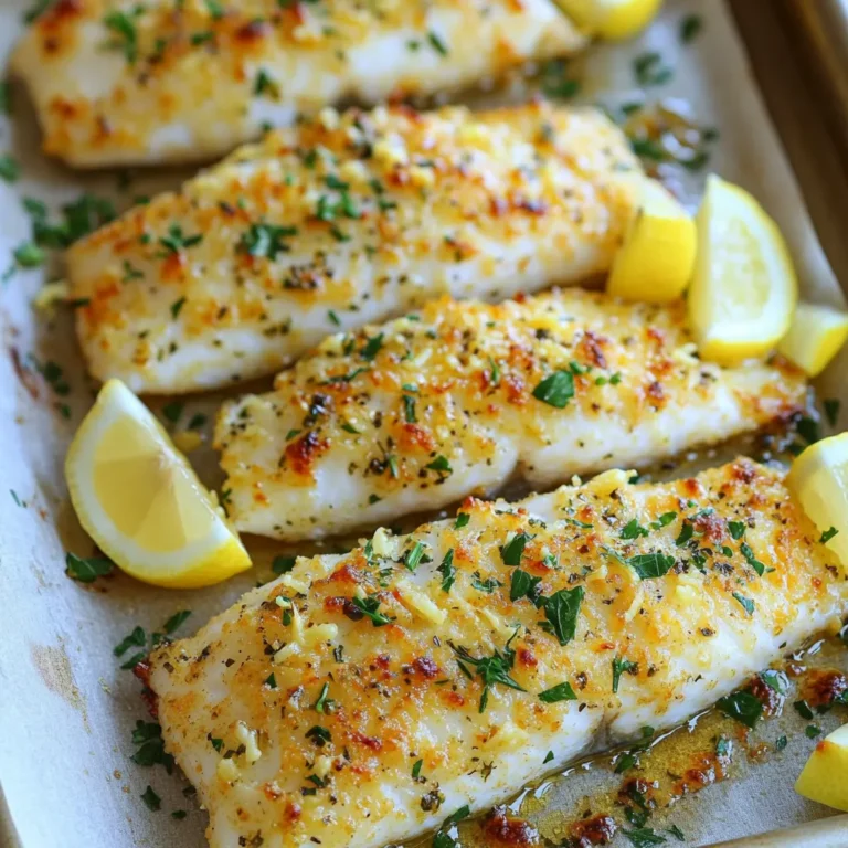 - 4 tilapia fillets - 1/4 cup grated Parmesan cheese - 4 tablespoons olive oil - 4 cloves garlic, minced - 1 teaspoon dried Italian herbs (oregano, basil, thyme) - Zest of 1 lemon - Juice of 1 lemon - Salt and pepper to taste - Fresh parsley, chopped (for garnish) - Lemon wedges (for serving) You will need some common items from your pantry. These include olive oil, salt, and pepper. These basics make the flavors pop. The dried Italian herbs are also essential for that classic taste. This recipe shines with fresh ingredients. You need tilapia fillets, which are mild and flaky. Fresh garlic adds a punch of flavor. The lemon zest and juice bring brightness to the dish. Lastly, chopped parsley adds color and freshness for serving. To start, preheat your oven to 400°F (200°C). This step ensures your fish will cook well. Next, line a large sheet pan with parchment paper. This makes clean-up fast and easy. In a small bowl, mix together the grated Parmesan, minced garlic, dried Italian herbs, lemon zest, and olive oil. Stir until everything blends well. The fragrant mix will make your tilapia shine! Place the tilapia fillets on your prepared sheet pan. Squeeze fresh lemon juice over the fillets, and sprinkle with salt and pepper. This adds a bright flavor. Now, take your garlic Parmesan mixture and spread it evenly over each fillet. Coat them generously for the best taste. Then, bake the tilapia in the preheated oven for 12-15 minutes. The fish should flake easily with a fork when it’s done. For a crispy, golden top, switch your oven to broil for the last 1-2 minutes. Keep a close eye on it to prevent burning. After cooking, remove the sheet pan from the oven. Let the tilapia rest for a couple of minutes. This allows the juices to settle in. To ensure perfectly cooked tilapia, follow these tips: - Use fresh fillets for the best flavor. Frozen fillets work too, but thaw them first. - Make sure not to overcrowd the pan. Give each fillet space for even cooking. - Check the fish around the 10-minute mark. This helps you catch it before it overcooks. - If your fish is not flaky, give it a few more minutes. Just check often. Enjoy your meal with fresh parsley on top and lemon wedges on the side! To boost flavor, add fresh herbs like basil or dill. You can also mix in some red pepper flakes for a spicy kick. For a tangy twist, consider adding capers or sun-dried tomatoes. These little changes can elevate your dish and surprise your guests. Always line your sheet pan with parchment paper. It makes clean-up so much easier. Spread the ingredients out evenly. This helps them cook at the same rate. Remember to keep your oven door closed while cooking to maintain the heat. This way, your tilapia cooks perfectly. Bake the tilapia at 400°F (200°C) for 12-15 minutes. If your fillets are thicker, they may need a few extra minutes. Watch your fish closely when broiling. This step can turn your dish golden brown quickly, so don’t walk away! {{image_2}} You can easily change the herbs in this recipe. Instead of dried Italian herbs, try using fresh herbs. Fresh basil or dill can add a nice twist. For a spicy kick, add some red pepper flakes. You can also use herbs like tarragon or chives. Each choice will give the dish a new taste. Experimenting with herbs keeps meals fun and exciting. Pair your tilapia with simple sides. Roasted vegetables like broccoli or carrots work well. You can also serve it with quinoa or rice to soak up the flavors. A fresh salad with lemon vinaigrette is a great choice too. These sides bring color and texture to your plate. They also make the meal more filling and balanced. You don’t have to stick to tilapia. Other fish like cod or haddock will work great. Salmon can add a richer flavor, while trout is mild and flaky. Adjust the cooking time based on the fish. Thicker fish may need a few extra minutes. Using different fish makes each meal unique and tasty. After you enjoy your garlic Parmesan tilapia, store the leftovers right. Place the fillets in an airtight container. Make sure to cool them to room temperature first. You can keep your tilapia in the fridge for up to three days. Layering parchment paper between the fillets helps keep them fresh. This method prevents sticking and keeps the fish nice. When you're ready to eat the leftovers, reheat them gently. Preheat your oven to 350°F (175°C). Place the tilapia on a baking sheet. Cover it with foil to keep it moist. Heat for about 10-12 minutes or until warmed through. You can also use a microwave if you're in a hurry. Just cover the fish and heat it in 30-second bursts. Check it often to avoid overcooking. Freezing is a great option if you want to save tilapia for later. Start by wrapping each fillet tightly in plastic wrap. Then, place the wrapped fish in a freezer bag. Remove as much air as you can to prevent freezer burn. You can freeze the tilapia for up to three months. When you're ready to cook, thaw it in the fridge overnight. This helps keep the flavor and texture intact. You can use several fish instead of tilapia. Cod, haddock, or sole work well too. These fish have a mild flavor and will still soak up the garlic and Parmesan. If you want a firmer fish, try salmon. It has a stronger taste but pairs nicely with garlic and cheese. Cooked tilapia lasts about three to four days in the fridge. Store it in an airtight container to keep it fresh. Always check for any off smells or changes in texture before eating leftovers. If you plan to keep it longer, consider freezing it instead. Yes, you can prep this recipe in advance. Mix the garlic and cheese blend and store it in the fridge. You can even season the tilapia and place it in the fridge for a few hours. When you’re ready, just bake it as the recipe says. This makes dinner prep super quick! In this blog post, I covered all key elements for cooking tilapia. We explored essential ingredients and how to prepare them. Steps for cooking were clear, along with tips to make it just right. I shared tricks to boost flavor and variations you might enjoy. In closing, tilapia is versatile and easy to cook. With the right ingredients and methods, you can create a tasty meal. Don't hesitate to experiment with flavors and sides. Enjoy your cooking journey!