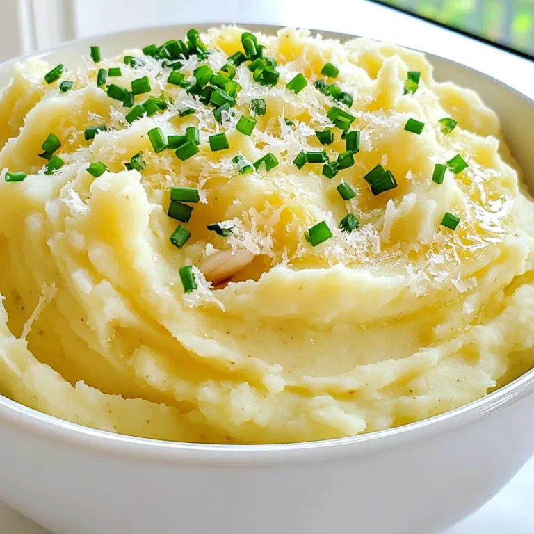 To make Garlic Parmesan Mashed Potatoes, you need a few key items. Here’s what you’ll need: - 3 pounds russet potatoes, peeled and cubed - 1 cup vegetable broth - 1 cup heavy cream - 6 cloves garlic, minced - 1 cup grated Parmesan cheese - 1/4 cup unsalted butter - Salt and pepper to taste - Chives, finely chopped (for garnish) These ingredients blend to create a creamy and flavorful side dish. You can personalize your mashed potatoes with extra flavors. Here are some fun options: - Sour cream for tanginess - Cream cheese for a richer taste - Roasted garlic for a sweeter flavor - Fresh herbs like rosemary or thyme for added aroma Adding these ingredients can help you tailor the dish to your liking. If you have dietary restrictions, there are simple swaps you can make. Consider these substitutions: - Use almond milk or coconut milk in place of heavy cream for a lighter version. - Swap vegetable broth for chicken broth if you prefer a non-vegetarian option. - Replace butter with olive oil for a dairy-free option. These swaps keep the dish tasty while meeting your dietary needs. Start by peeling and cubing 3 pounds of russet potatoes. Make sure each piece is about the same size. This helps them cook evenly. Place the cubed potatoes into your slow cooker. In a bowl, mix 1 cup of vegetable broth, 6 minced garlic cloves, and 1 cup of heavy cream. Stir well to combine. Pour this creamy mixture over the potatoes in the slow cooker. This adds rich flavor and moisture. Add 1/4 cup of unsalted butter to the slow cooker. Don’t forget to sprinkle salt and pepper to taste. Cover the slow cooker and cook on low for 6 to 8 hours. Check for tenderness; the potatoes should be soft and easy to mash. Once the potatoes are ready, use a potato masher or fork to mash them right in the slow cooker. Stir in 1 cup of grated Parmesan cheese until it’s fully melted and creamy. Taste your mashed potatoes and add more salt or pepper if needed. Serve warm and top with finely chopped chives for a fresh finish. To make your mashed potatoes creamy, start with russet potatoes. They have the right starch to create a fluffy texture. After cooking, mash them while they are hot. This keeps them light and airy. Mixing in heavy cream adds richness. Use a potato masher or fork for the best results. You can add more cream if needed to reach your desired consistency. Garlic is key in this recipe. Fresh minced garlic gives a strong flavor. You can also roast garlic for a sweeter taste. Parmesan cheese adds saltiness and depth. Always taste your mixture before serving. Adjust salt and pepper to get the perfect balance. For a fresh touch, top with chopped chives. They add color and a mild onion flavor. Use a slow cooker for simple cooking. It saves time and keeps your kitchen clean. A potato masher is essential for mashing. You might also want a large mixing bowl for the broth. Line your slow cooker with a liner for easy cleanup. This way, you won’t have to scrub the pot after cooking. {{image_2}} You can easily add herbs to your garlic parmesan mashed potatoes. Try fresh rosemary or thyme. Just chop them finely and stir them in before mashing. The herbs will add a nice twist to the flavor. You can also use dried herbs if you don’t have fresh ones. Just go easy on the amounts. Start with one teaspoon of dried herbs and adjust to taste. Want to make your mashed potatoes extra cheesy? You can mix in different cheeses. Try sharp cheddar or creamy mozzarella. Add these in with the Parmesan for a richer taste. For a fun kick, consider pepper jack. It gives a nice heat. Simply melt the cheese into the potatoes while mashing. It’s a great way to change the flavor each time. For a vegan version, swap the heavy cream and butter. Use coconut milk or a nut milk instead. Nutritional yeast can add a cheesy flavor without dairy. You can also use vegan butter for creaminess. Just follow the same steps as the original recipe, and you’ll have a delicious vegan dish. This way, everyone can enjoy garlic parmesan mashed potatoes! To store leftover mashed potatoes, let them cool first. Place them in an airtight container. You can keep them in the fridge for up to three days. Make sure to label the container with the date. This helps you know when to use them. When you are ready to reheat, use a microwave or the stove. If using a microwave, heat in short bursts. Stir between each burst to ensure even heating. If using the stove, add a splash of cream or milk. This helps bring back the creamy texture. Heat on low, stirring gently until warm. You can freeze mashed potatoes if you have a lot left. First, let them cool and then scoop them into freezer-safe bags. Remove as much air as you can from the bags. Label them with the date. They can last up to two months in the freezer. To thaw, place them in the fridge overnight before reheating. Yes, you can make these mashed potatoes ahead of time. Just prepare them as directed and store in the fridge after cooking. Reheat them gently before serving. This helps save time on busy days. I recommend using russet potatoes for this recipe. They are starchy and get fluffy when mashed. Yukon gold potatoes are also a great option, as they have a creamy texture. To make these mashed potatoes healthier, you can use low-fat cream instead of heavy cream. You can also reduce the butter or swap it for olive oil. Adding more garlic can also boost flavor without extra calories. Yes, you can use chicken broth or vegetable broth instead of vegetable broth. Just keep in mind that it may change the flavor slightly. Choose a broth that fits your taste or dietary needs. These mashed potatoes pair well with many dishes. You can serve them with roasted chicken, grilled steak, or a savory vegetable stir-fry. They also work great as a side for holiday meals or family gatherings. This article covered how to make delicious Garlic Parmesan Mashed Potatoes. We discussed key ingredients, from main to optional ones. You learned simple steps for cooking and mashing. I shared tips for creaminess and flavor boosts. We explored fun variations and ways to store leftovers. In the end, these mashed potatoes can be a hit at any meal. I hope you enjoy making and eating them!