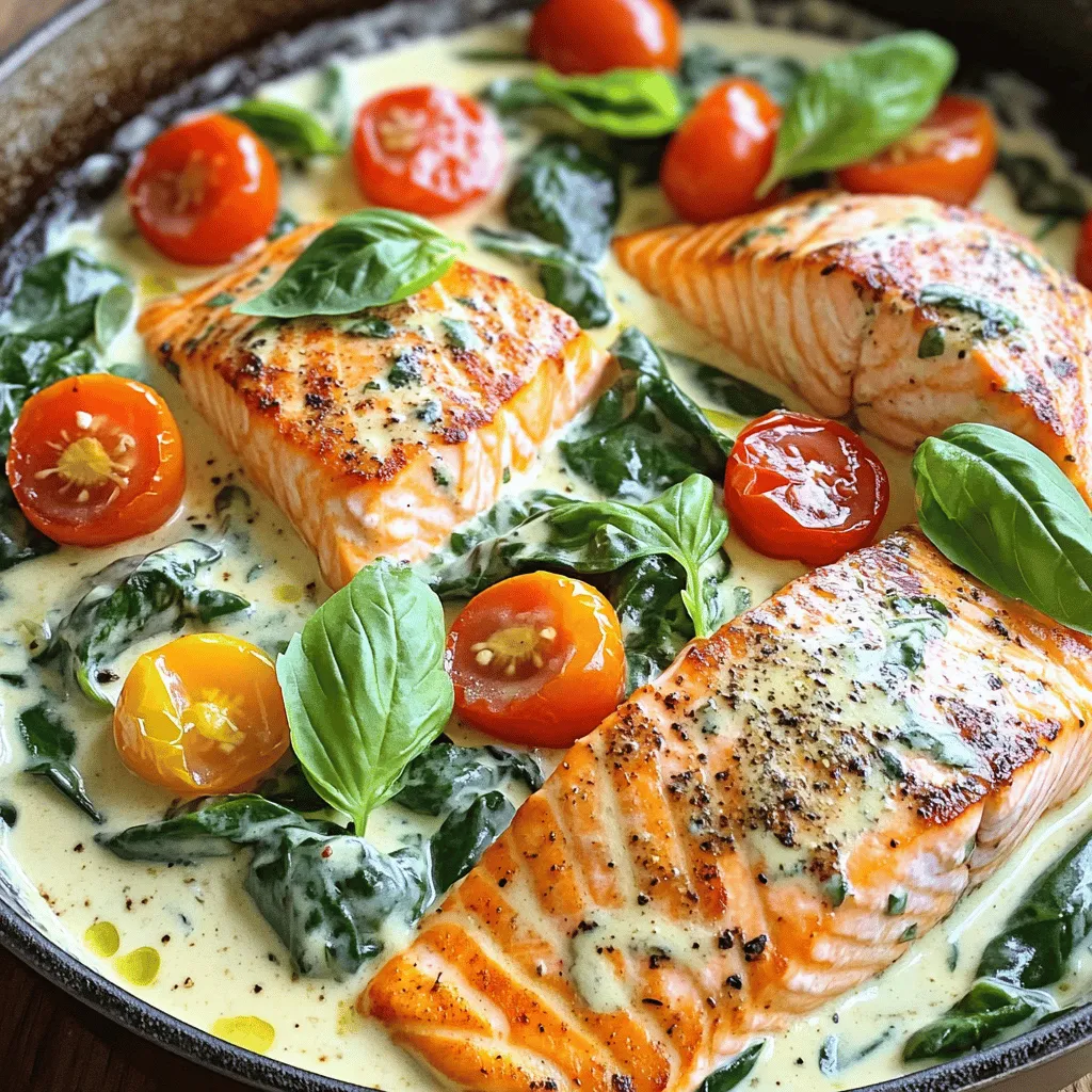 - 4 salmon fillets (about 6 oz each) - Salt and pepper, to taste - 2 tablespoons olive oil - 3 cloves garlic, minced - 1 cup cherry tomatoes, halved - 1 cup fresh spinach - 1/2 cup heavy cream - 1/2 cup chicken broth - 1/4 cup grated Parmesan cheese - 1 teaspoon Italian seasoning - Fresh basil, for garnish Gather these ingredients before you start. Salmon is the star here, and it cooks quickly. The olive oil keeps it moist and adds flavor. Garlic brings a nice aroma to the dish. Cherry tomatoes add sweetness and color. Fresh spinach gives the meal a healthy touch. Heavy cream and chicken broth make the sauce rich and creamy. Parmesan cheese adds a salty depth. Italian seasoning ties all the flavors together. Finally, fresh basil adds a pop of freshness when you serve. Having everything ready helps you cook smoothly. Get your skillet out, and let’s make this meal that is quick and easy! To start, you need to season the salmon fillets. Sprinkle salt and pepper on both sides. This simple step adds flavor and enhances the dish. Next, heat olive oil in a large skillet over medium heat. When the oil is hot, place the salmon fillets in the skillet, skin-side down. Cook each side for about 4-5 minutes. Look for a golden color and ensure they are cooked through. Once done, remove the salmon from the skillet and set it aside. In the same skillet, add minced garlic. Sauté for about one minute until it smells great. Then, add halved cherry tomatoes. Cook them for another 2-3 minutes. You want them to soften a bit. Now, stir in the fresh spinach. Cook it until it wilts down. This adds a pop of color and nutrition. After that, pour in the heavy cream and chicken broth. Stir it all together to combine. Next, add grated Parmesan cheese and Italian seasoning. Mix until the sauce is smooth and creamy. This is where the magic happens! Finally, return the salmon fillets to the skillet. Spoon the sauce over them. Let it simmer for another 2-3 minutes. This allows the salmon to absorb all those delicious flavors. Once everything is ready, you can enjoy a delightful meal! To get perfectly cooked salmon, start with fresh fillets. Season them well with salt and pepper. Heat olive oil in a skillet over medium heat. Place the salmon skin-side down. Cook for about 4-5 minutes until golden. Flip and cook for another 4-5 minutes. The salmon should be flaky and moist. To keep the cream sauce smooth, avoid boiling it. After adding the heavy cream and chicken broth, stir gently. Let it simmer on low heat. This helps the flavors mix without curdling the cream. You can add more herbs or spices to boost flavor. Fresh parsley or dill adds a bright taste. If you like a kick, try red pepper flakes. These small changes can make a big impact. For extra ingredients, consider adding capers or sun-dried tomatoes. Capers give a nice briny taste. Sun-dried tomatoes add a sweet, rich flavor. Both options can turn this dish into a gourmet meal. {{image_2}} You can easily switch proteins in this dish. Try chicken or shrimp instead of salmon. Both options work well with the creamy sauce. For a dairy-free version, use coconut milk. It adds a nice flavor while keeping it rich and creamy. Add some lemon or lime juice for a fresh, tangy taste. The citrus brightens up the dish. You can also mix in fresh herbs like dill or parsley. They add color and a burst of flavor. Experiment with these swaps for a fun twist on the classic recipe! To keep your Creamy Tuscan Salmon fresh, store it in an airtight container. This helps prevent moisture loss. Place the salmon in the fridge right after it cools down. It lasts for 3 to 4 days in the fridge. Ensure it’s tightly sealed to maintain flavor and texture. When you want to enjoy the leftovers, reheating is key. Use a skillet on low heat for the best results. This method warms the salmon evenly and keeps it from drying out. Add a splash of chicken broth if the sauce thickens too much. You can also microwave it on low power, but be careful not to overheat. This way, your creamy dish stays delicious and tasty! You can pair this dish with several tasty sides. Here are my favorites: - Crusty bread: Perfect for soaking up the sauce. - Cooked pasta: Toss it with the creamy sauce for a filling meal. - Steamed vegetables: Broccoli or green beans add color and nutrition. - Rice: A side of rice is great for balancing flavors. Yes, you can freeze this dish! Here’s how: - Cool the dish: Let it cool to room temperature. - Use airtight containers: Place the salmon and sauce in a container. - Label and date: Write the date and type on the container. - Freeze: It lasts up to three months. To reheat, thaw in the fridge. The sauce gets its creaminess from a few key ingredients: - Heavy cream: This is the main ingredient for a rich texture. - Parmesan cheese: It adds depth and a nice flavor. - Chicken broth: This helps balance the creaminess and enhances taste. These ingredients blend to create a luscious sauce that coats the salmon beautifully. In this post, we explored a tasty recipe for Creamy Tuscan Salmon. You learned about the main and extra ingredients needed for this dish. I shared step-by-step cooking instructions, along with tips for perfect results. You discovered ingredient swaps and variations to suit your taste. Lastly, I covered storage and reheating tips to keep leftovers fresh. This dish is not just delicious; it’s easy to make. Don’t hesitate to try it and add your personal touch!