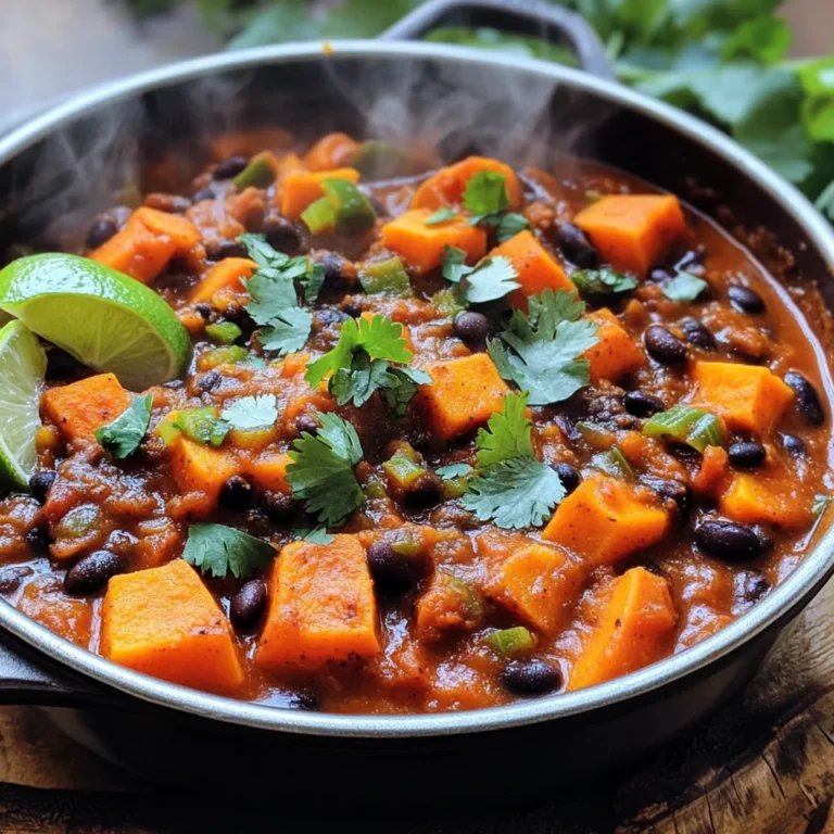To make a hearty sweet potato black bean chili, gather these fresh ingredients: - 2 large sweet potatoes, peeled and diced - 1 can black beans, rinsed and drained - 1 can diced tomatoes with green chilies - 1 medium onion, chopped - 2 cloves garlic, minced - 1 bell pepper (any color), chopped - 2 cups vegetable broth - 1 tablespoon olive oil - 2 teaspoons ground cumin - 1 teaspoon smoked paprika - 1 teaspoon cayenne pepper (adjust to taste) - Salt and pepper to taste - Fresh cilantro for garnish - Lime wedges for serving This mix of ingredients creates a warming and filling dish. Sweet potatoes add a creamy texture and a touch of sweetness. Black beans bring protein and fiber that help keep you full. The diced tomatoes with green chilies add a nice kick. Onion and garlic bring depth to the flavor. The bell pepper adds crunch and color. Vegetable broth ties everything together, while the spices—cumin, smoked paprika, and cayenne—give it character. You can tweak the spices to suit your taste. Use more cayenne for extra heat, or leave it out for a milder dish. Fresh cilantro and lime add brightness when serving. Enjoy making this chili; it is easy and delightful! To start, you need to prepare your ingredients. First, peel and dice the sweet potatoes into small cubes. This helps them cook evenly. Next, chop the onion and bell pepper. Aim for small pieces so they soften quickly in the pot. Finally, rinse the black beans in a colander. This step removes extra salt and makes the beans taste fresh. Now it’s time to cook! Heat one tablespoon of olive oil in a large pot over medium heat. Add the chopped onion and bell pepper. Cook for about five minutes until they soften. Then, stir in the minced garlic and cook for one more minute. This will make your kitchen smell amazing! Next, add the diced sweet potatoes, rinsed black beans, diced tomatoes with green chilies, and vegetable broth. Sprinkle in the ground cumin, smoked paprika, cayenne pepper, salt, and pepper. Bring everything to a boil. Once it boils, lower the heat, cover the pot, and let it simmer for 25 to 30 minutes. Stir it occasionally. This helps the flavors blend and cooks the sweet potatoes until they are tender. After simmering, taste your chili. If you like it spicier, add more cayenne pepper. Adjust the salt and pepper as needed. Finally, serve your chili hot! Garnish it with fresh cilantro and lime wedges. This adds a fresh burst of flavor. Enjoy your meal! Ensuring Even Cooking of Sweet Potatoes To cook sweet potatoes well, cut them into small, even pieces. This helps them cook at the same rate. Aim for bite-sized cubes. When you add them to the pot, stir them well with the other ingredients. This way, they get coated in all the tasty flavors. Tips for Enhancing Flavor To boost the flavor of your chili, use fresh herbs like cilantro. Add it at the end for a bright taste. You can also squeeze lime juice over the top. This adds a nice zesty kick. If you want more heat, adjust the cayenne pepper. Start with a little, then taste before adding more. Pairing with Bread or Rice Sweet potato black bean chili pairs well with bread or rice. You can serve it over cooked rice for a filling meal. Crusty bread is great for dipping. Try a slice of sourdough or whole grain for added texture. Ideal Side Dishes Some side dishes work well with this chili. Consider a simple salad with greens and a light dressing. Cornbread is also a fantastic choice. It adds sweetness and complements the chili’s warmth. Nutritional Advantages of Sweet Potatoes Sweet potatoes are packed with vitamins. They are rich in vitamin A, which is good for your eyes. They also have fiber, which helps with digestion. Eating sweet potatoes can keep you full for longer. Benefits of Black Beans Black beans are a great source of protein. They provide iron, which helps your blood stay healthy. They also have fiber, which is good for your gut. Together with sweet potatoes, they make this chili not just tasty, but nutritious too. {{image_2}} You can add protein to your chili for more flavor and nutrition. Tofu or tempeh are great choices. They soak up the spices well and give a nice texture. - Incorporating Tofu: Use firm tofu for a hearty bite. Just cube it and add it to the pot when you add the sweet potatoes. You can sauté it first to give it a nice crust. - Incorporating Tempeh: Tempeh adds a nutty flavor. Crumble it into smaller pieces and cook it with the onions and bell peppers. This will make your chili more filling. Do you like it mild or hot? You can easily adjust the spice levels in this chili. - Mild Chili: If you prefer less heat, skip the cayenne pepper. You can add a pinch of smoked paprika for flavor without the spice. - Hot Chili: For those who love heat, add more cayenne pepper or even some diced jalapeños. You can also top it with hot sauce when serving for an extra kick. Feel free to switch out the sweet potatoes for other veggies. This keeps your chili fresh and exciting. - Substituting Sweet Potatoes: Carrots or butternut squash work well. They add sweetness and texture. Just chop them into small pieces like the sweet potatoes. - Other Veggies: You can also add zucchini or corn. They add color and nutrients. Just toss them in during the last 10 minutes of cooking for the best results. After cooking your sweet potato black bean chili, let it cool down. This step is key. Once cool, transfer it to an airtight container. Make sure the lid seals well. This keeps the chili fresh and tasty. Store it in the fridge. It should be good for about 4 to 5 days. Want to save some for later? Freezing is a great option. First, let the chili cool completely. Then, pour it into freezer-safe bags or containers. Remove as much air as possible before sealing. This helps prevent freezer burn. When you are ready to eat, thaw it overnight in the fridge. For reheating, warm it on the stove or in the microwave. Stir occasionally to heat evenly. How long does this chili last? In the fridge, it lasts about 4 to 5 days. If you freeze it, sweet potato black bean chili stays good for about 3 months. Just remember to check for any off smells or changes in texture before eating. Enjoy your hearty meal safely! Yes, you can! For slow cooking, chop all your veggies as usual. Start by sautéing the onion and bell pepper in a pan with olive oil. This step adds great flavor. Then, add the sautéed veggies to the slow cooker. Toss in everything else: sweet potatoes, black beans, tomatoes, vegetable broth, and spices. Set your slow cooker to low for 6-8 hours or high for 3-4 hours. Check for doneness by poking the sweet potatoes. They should be soft. Stir it halfway through if you can. Yes, this chili is gluten-free! All the ingredients are naturally gluten-free. Sweet potatoes, black beans, and spices are safe for those who avoid gluten. Just make sure your vegetable broth does not contain gluten. Most store-bought options are gluten-free, but always check the label. This recipe is already vegan! All the ingredients are plant-based. Sweet potatoes and black beans provide protein and nutrients. The spices add flavor without any animal products. If you want to add a topping, use avocado or cashew cream for a creamy touch. Enjoy your delicious and wholesome vegan chili! This article walks you through a great chili recipe using sweet potatoes and black beans. You learned about key ingredients, cooking steps, tips for flavor, and storage advice. Making variations lets you tailor the dish to your taste. Remember, this chili is not only tasty but also healthy. Enjoying it with sides like bread or rice makes it even better. Now, you have all the tools to create a delicious meal. Get cooking and share it with friends or family for a cozy feast!