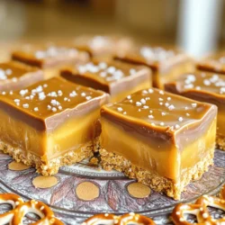 - 2 cups crushed pretzels - 1 cup graham cracker crumbs - ½ cup unsalted butter, melted - ½ cup brown sugar, packed - 1 cup sweetened condensed milk - 1 cup caramel sauce (store-bought or homemade) - 1 teaspoon sea salt - 1 cup semi-sweet chocolate chips The perfect balance of salty and sweet makes these bars a real treat. Here, I mix crushed pretzels and graham cracker crumbs for a crunchy base. The unsalted butter adds richness, while brown sugar brings a soft sweetness. Sweetened condensed milk and caramel sauce create a creamy layer that ties everything together. Topping it off with sea salt and semi-sweet chocolate chips completes the flavor profile. - For a gluten-free option, you can use gluten-free graham crackers. They work just as well and keep the bars tasty. - If you need an alternative to sweetened condensed milk, try coconut milk or almond milk mixed with a little sugar. - For dairy-free chocolate chips, brands like Enjoy Life offer great options without dairy. Making these swaps allows everyone to enjoy these bars, no matter their dietary needs. First, gather your ingredients. In a large mixing bowl, combine 2 cups of crushed pretzels, 1 cup of graham cracker crumbs, ½ cup of melted unsalted butter, and ½ cup of packed brown sugar. Mix these well until everything blends and looks like wet sand. This will be the base of your bars. Next, line a 9x9-inch baking pan with parchment paper. Make sure to leave some paper hanging over the edges for easy removal later. Press the pretzel mixture firmly into the bottom of the pan. You want an even layer, so no spots are left out. Now it’s time for the caramel. In a saucepan, combine 1 cup of sweetened condensed milk and 1 cup of caramel sauce over medium heat. Stir this mixture until it heats through. Be careful not to let it boil. Once mixed and warm, pour the caramel over the crust. Use a spatula to spread it evenly. For a tasty touch, sprinkle 1 teaspoon of sea salt over the caramel layer. Adjust the salt to fit your taste. For the final layer, melt 1 cup of semi-sweet chocolate chips in a microwave-safe bowl. Heat in 30-second intervals, stirring after each, until smooth. When melted, pour the chocolate over the caramel. Spread it evenly with a spatula for full coverage. Once all layers are in place, refrigerate the pan for at least 2 hours. This helps the bars set properly. When ready, use the parchment paper to lift the bars out. Cut them into squares or bars. Enjoy your delicious no-bake salted caramel pretzel bars! To create a great crust, mix crushed pretzels, graham cracker crumbs, melted butter, and brown sugar well. Aim for a texture that looks like wet sand. If it seems too dry, add a bit more melted butter. This helps the bars hold together better. When layering, press the crust firmly into the pan. Use your hands or a flat object to get it even. This way, the caramel layer sits nicely on top. To make your bars look stunning, drizzle them with extra caramel before serving. Add a sprinkle of sea salt on top for a pretty finish. You can serve them on a decorative plate or even cut them into fun shapes. This makes them more appealing for parties or gatherings. One common mistake is overmixing the crust. This can make it too hard. On the flip side, undermixing can lead to a crumbly crust. Also, make sure to let the bars set long enough in the fridge. If you cut them too soon, they may fall apart. {{image_2}} You can change up your No Bake Salted Caramel Pretzel Bars with fun flavors. Adding nuts can give a nice crunch. Try chopped pecans or walnuts for a nutty taste. You can also add sprinkles for a pop of color. Just mix them into the crust or on top. Switching up the chocolate is another great idea. Use milk chocolate or white chocolate instead of semi-sweet. Each will give a unique twist to your bars. You can even mix different chocolates for added fun. Think about seasonal flavors to make your bars special. In winter, you can use peppermint. Just crush peppermint candies and sprinkle them on top. It gives a fresh taste that fits the season. For fall, consider adding pumpkin spice to the caramel. Mix in one teaspoon for a warm, cozy flavor. You can also use crushed graham crackers with pumpkin pie spice in the crust for a fun twist. Making these bars vegan is easy. Replace the sweetened condensed milk with coconut cream. You can also use maple syrup or agave for the caramel. For gluten-free bars, swap out regular graham crackers for gluten-free ones. Ensure the pretzels are gluten-free too. Check labels to be sure. This way, everyone can enjoy these tasty treats! To keep your No Bake Salted Caramel Pretzel Bars fresh, store them in the refrigerator. Place the bars in an airtight container. This helps prevent them from drying out or absorbing other smells. If you prefer, you can also cover the pan tightly with plastic wrap. For longer storage, you can freeze the bars. Wrap them in plastic wrap, then place them in a freezer-safe bag or container. This method protects the bars from freezer burn. In the fridge, these bars will stay fresh for about one week. If you freeze them, they can last up to three months. Watch for signs of spoilage. If you see any mold or if the bars smell off, it’s best to discard them. Also, if they feel dry or hard, they may not taste good anymore. Enjoy your treats while they are fresh and delicious! Yes, you can make these bars a day or two before you need them. Just follow these steps for easy prep: - Prepare the bars as instructed and let them chill. - Once set, wrap them tightly in plastic wrap. - Store them in the fridge until you are ready to serve. - This will keep them fresh and tasty! If your caramel layer does not set properly, don’t worry. Here are some quick fixes: - Heat the caramel again on low heat. Stir it gently to combine. - Add a bit more sweetened condensed milk or caramel sauce and mix well. - Allow the mixture to cool slightly before pouring it back on the bars. - Chill it again to help it firm up. Absolutely! Making homemade caramel sauce is simple. Here’s a quick method: 1. In a saucepan, combine 1 cup of sugar and 1/4 cup of water. 2. Cook on medium heat until the sugar dissolves and starts to turn golden. 3. Remove from heat and stir in 1/2 cup of heavy cream slowly. 4. Add a pinch of sea salt for that perfect balance. 5. Let it cool before using it in your bars. This homemade sauce will add a special touch to your No Bake Salted Caramel Pretzel Bars! In this blog post, we covered how to make delicious No Bake Salted Caramel Pretzel Bars. You learned about the key ingredients, substitutions, and steps for preparing the crust and caramel layer. I shared tips and tricks to achieve the perfect texture and avoid common mistakes. You also discovered variations and storage tips to keep your bars fresh. Enjoy making these sweet treats. They are tasty and fun to customize. Happy baking!