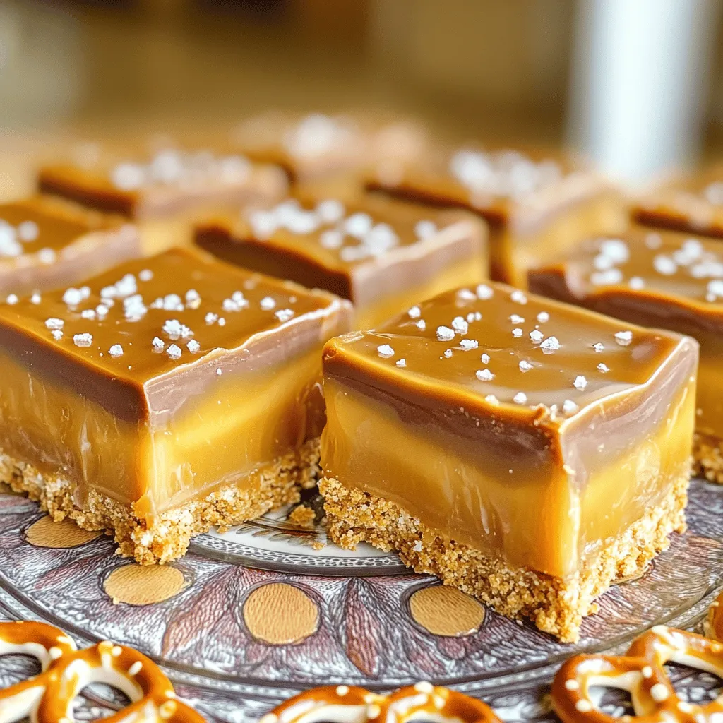 - 2 cups crushed pretzels - 1 cup graham cracker crumbs - ½ cup unsalted butter, melted - ½ cup brown sugar, packed - 1 cup sweetened condensed milk - 1 cup caramel sauce (store-bought or homemade) - 1 teaspoon sea salt - 1 cup semi-sweet chocolate chips The perfect balance of salty and sweet makes these bars a real treat. Here, I mix crushed pretzels and graham cracker crumbs for a crunchy base. The unsalted butter adds richness, while brown sugar brings a soft sweetness. Sweetened condensed milk and caramel sauce create a creamy layer that ties everything together. Topping it off with sea salt and semi-sweet chocolate chips completes the flavor profile. - For a gluten-free option, you can use gluten-free graham crackers. They work just as well and keep the bars tasty. - If you need an alternative to sweetened condensed milk, try coconut milk or almond milk mixed with a little sugar. - For dairy-free chocolate chips, brands like Enjoy Life offer great options without dairy. Making these swaps allows everyone to enjoy these bars, no matter their dietary needs. First, gather your ingredients. In a large mixing bowl, combine 2 cups of crushed pretzels, 1 cup of graham cracker crumbs, ½ cup of melted unsalted butter, and ½ cup of packed brown sugar. Mix these well until everything blends and looks like wet sand. This will be the base of your bars. Next, line a 9x9-inch baking pan with parchment paper. Make sure to leave some paper hanging over the edges for easy removal later. Press the pretzel mixture firmly into the bottom of the pan. You want an even layer, so no spots are left out. Now it’s time for the caramel. In a saucepan, combine 1 cup of sweetened condensed milk and 1 cup of caramel sauce over medium heat. Stir this mixture until it heats through. Be careful not to let it boil. Once mixed and warm, pour the caramel over the crust. Use a spatula to spread it evenly. For a tasty touch, sprinkle 1 teaspoon of sea salt over the caramel layer. Adjust the salt to fit your taste. For the final layer, melt 1 cup of semi-sweet chocolate chips in a microwave-safe bowl. Heat in 30-second intervals, stirring after each, until smooth. When melted, pour the chocolate over the caramel. Spread it evenly with a spatula for full coverage. Once all layers are in place, refrigerate the pan for at least 2 hours. This helps the bars set properly. When ready, use the parchment paper to lift the bars out. Cut them into squares or bars. Enjoy your delicious no-bake salted caramel pretzel bars! To create a great crust, mix crushed pretzels, graham cracker crumbs, melted butter, and brown sugar well. Aim for a texture that looks like wet sand. If it seems too dry, add a bit more melted butter. This helps the bars hold together better. When layering, press the crust firmly into the pan. Use your hands or a flat object to get it even. This way, the caramel layer sits nicely on top. To make your bars look stunning, drizzle them with extra caramel before serving. Add a sprinkle of sea salt on top for a pretty finish. You can serve them on a decorative plate or even cut them into fun shapes. This makes them more appealing for parties or gatherings. One common mistake is overmixing the crust. This can make it too hard. On the flip side, undermixing can lead to a crumbly crust. Also, make sure to let the bars set long enough in the fridge. If you cut them too soon, they may fall apart. {{image_2}} You can change up your No Bake Salted Caramel Pretzel Bars with fun flavors. Adding nuts can give a nice crunch. Try chopped pecans or walnuts for a nutty taste. You can also add sprinkles for a pop of color. Just mix them into the crust or on top. Switching up the chocolate is another great idea. Use milk chocolate or white chocolate instead of semi-sweet. Each will give a unique twist to your bars. You can even mix different chocolates for added fun. Think about seasonal flavors to make your bars special. In winter, you can use peppermint. Just crush peppermint candies and sprinkle them on top. It gives a fresh taste that fits the season. For fall, consider adding pumpkin spice to the caramel. Mix in one teaspoon for a warm, cozy flavor. You can also use crushed graham crackers with pumpkin pie spice in the crust for a fun twist. Making these bars vegan is easy. Replace the sweetened condensed milk with coconut cream. You can also use maple syrup or agave for the caramel. For gluten-free bars, swap out regular graham crackers for gluten-free ones. Ensure the pretzels are gluten-free too. Check labels to be sure. This way, everyone can enjoy these tasty treats! To keep your No Bake Salted Caramel Pretzel Bars fresh, store them in the refrigerator. Place the bars in an airtight container. This helps prevent them from drying out or absorbing other smells. If you prefer, you can also cover the pan tightly with plastic wrap. For longer storage, you can freeze the bars. Wrap them in plastic wrap, then place them in a freezer-safe bag or container. This method protects the bars from freezer burn. In the fridge, these bars will stay fresh for about one week. If you freeze them, they can last up to three months. Watch for signs of spoilage. If you see any mold or if the bars smell off, it’s best to discard them. Also, if they feel dry or hard, they may not taste good anymore. Enjoy your treats while they are fresh and delicious! Yes, you can make these bars a day or two before you need them. Just follow these steps for easy prep: - Prepare the bars as instructed and let them chill. - Once set, wrap them tightly in plastic wrap. - Store them in the fridge until you are ready to serve. - This will keep them fresh and tasty! If your caramel layer does not set properly, don’t worry. Here are some quick fixes: - Heat the caramel again on low heat. Stir it gently to combine. - Add a bit more sweetened condensed milk or caramel sauce and mix well. - Allow the mixture to cool slightly before pouring it back on the bars. - Chill it again to help it firm up. Absolutely! Making homemade caramel sauce is simple. Here’s a quick method: 1. In a saucepan, combine 1 cup of sugar and 1/4 cup of water. 2. Cook on medium heat until the sugar dissolves and starts to turn golden. 3. Remove from heat and stir in 1/2 cup of heavy cream slowly. 4. Add a pinch of sea salt for that perfect balance. 5. Let it cool before using it in your bars. This homemade sauce will add a special touch to your No Bake Salted Caramel Pretzel Bars! In this blog post, we covered how to make delicious No Bake Salted Caramel Pretzel Bars. You learned about the key ingredients, substitutions, and steps for preparing the crust and caramel layer. I shared tips and tricks to achieve the perfect texture and avoid common mistakes. You also discovered variations and storage tips to keep your bars fresh. Enjoy making these sweet treats. They are tasty and fun to customize. Happy baking!