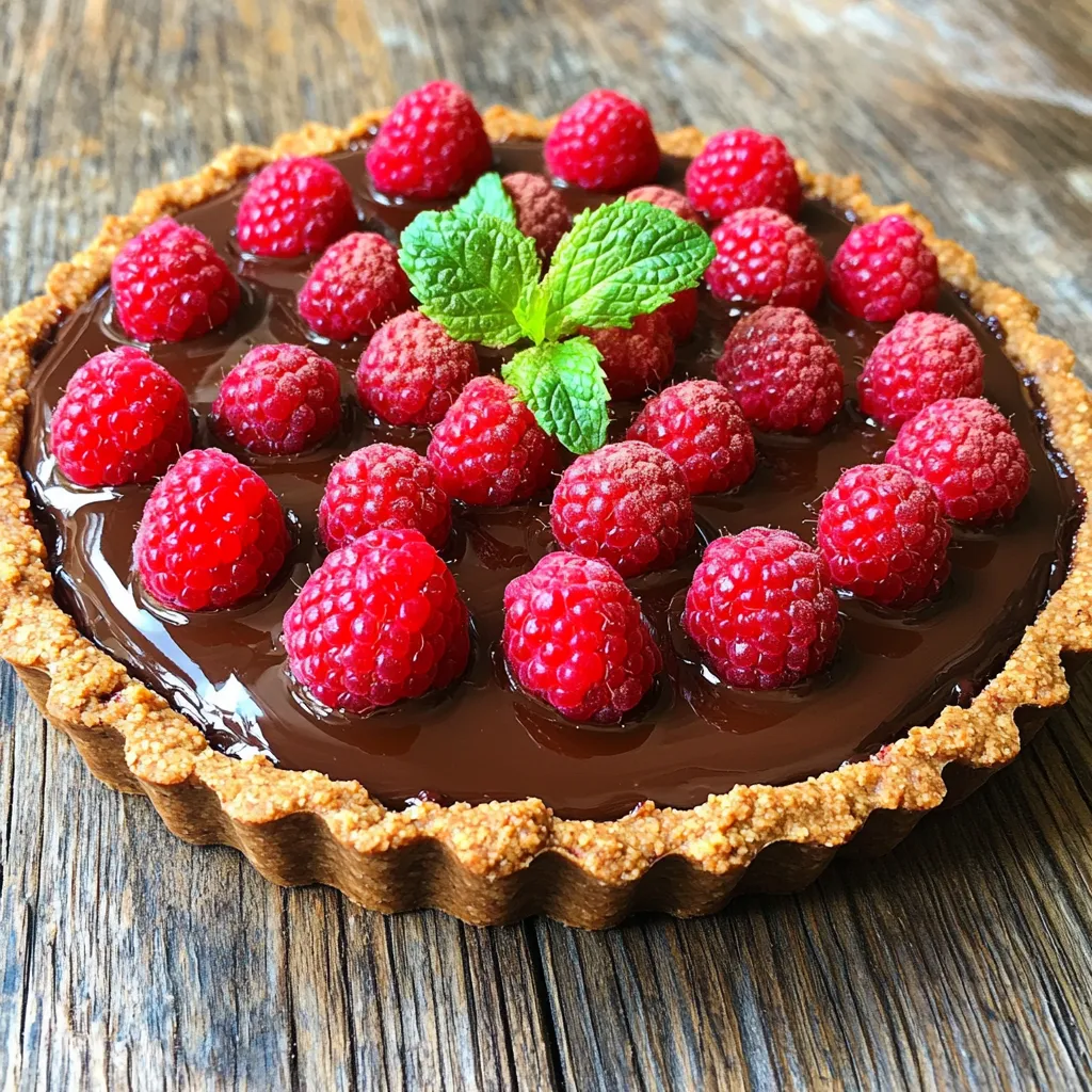 To create the No Bake Chocolate Raspberry Tart, you will need the following ingredients: - 1 ½ cups graham cracker crumbs - ½ cup unsalted butter, melted - ¼ cup sugar - 8 oz cream cheese, softened - 1 cup powdered sugar - 1 cup heavy whipping cream - 8 oz bittersweet chocolate, chopped - 1 cup fresh raspberries - 2 tablespoons cocoa powder (for garnish) - Mint leaves (for garnish) Each ingredient plays a key role in building flavor and texture. The graham cracker crumbs form a crunchy base. The butter helps bind the crumbs, while sugar adds sweetness. Cream cheese and powdered sugar create a rich filling. Heavy cream gives a light texture, and bittersweet chocolate provides the deep chocolate flavor. Fresh raspberries add a burst of tartness, balancing the sweetness. Cocoa powder and mint leaves enhance the tart's look and taste. Gather these items before you start. This makes the process smooth and fun. You can find most ingredients at your local store. If you have dietary needs, you can adjust some ingredients. This tart is versatile, and I’ll share more on that later. Enjoy making this delightful treat! - First, grab a mixing bowl. Add 1 ½ cups of graham cracker crumbs, ½ cup of melted unsalted butter, and ¼ cup of sugar. - Mix these ingredients until they look like wet sand. This is key for a good crust. - Now, take a 9-inch tart pan. Press the crumb mix into the bottom and sides. Use your fingers or the back of a measuring cup to pack it tightly. - Place the crust in the fridge. This helps it firm up while you make the filling. - Next, melt 8 oz of chopped bittersweet chocolate. Use a microwave-safe bowl. Heat it in 30-second bursts, stirring in between. Stop when it's smooth. Let it cool a bit. - In another bowl, beat 8 oz of softened cream cheese until smooth. Slowly add 1 cup of powdered sugar, mixing well. - In a different bowl, whip 1 cup of heavy cream. Beat until soft peaks form. Then, gently fold the whipped cream into the cream cheese mix. - Finally, add the melted chocolate. Mix until everything is smooth and combined. - Now, pour the chocolate cream into your chilled crust. Smooth the top with a spatula. - Take 1 cup of fresh raspberries. Arrange them on top of the chocolate filling. Press them in gently. - Cover the tart with plastic wrap. Place it back in the fridge for at least 4 hours. For best results, chill overnight to let it set fully. - Once it's set, dust the top with 2 tablespoons of cocoa powder and add mint leaves for a touch of color. - Slice the tart and serve it chilled. Enjoy this sweet and rich treat! To make a great crust, focus on the right texture. Use graham cracker crumbs, melted butter, and sugar. Mix them well until the crumbs feel like wet sand. This helps the crust hold together. After mixing, press the mixture firmly into a 9-inch tart pan. Use your fingers or a measuring cup. Chill the crust in the fridge for at least 30 minutes. This chilling time helps it become firm and easy to slice. Melting chocolate can be tricky. Avoid clumps by chopping it into small pieces first. Use a microwave-safe bowl for melting. Heat the chocolate in 30-second bursts. Stir it after each interval to ensure even melting. This method helps keep the chocolate smooth. Let it cool a bit before mixing with other ingredients. Garnish your tart for a stunning look. Dust the top with cocoa powder for a rich touch. Add fresh mint leaves for color and freshness. You can also try other toppings. Consider using whipped cream, nuts, or more berries for a fun twist. Feel free to get creative with your presentation! {{image_2}} To make this tart fit different diets, you can change a few things. For a gluten-free crust, swap graham cracker crumbs for ground almonds or gluten-free cookie crumbs. Be sure to check that your butter is gluten-free as well. If you need a dairy-free filling, use vegan cream cheese and coconut cream instead of regular cream. These swaps keep the tart creamy and rich without dairy. Want to change the flavor? You can add extracts like vanilla or almond to the filling. Just one teaspoon will boost the taste. You can also mix in different berries. Try strawberries, blueberries, or blackberries for a twist on the classic raspberry. This will add fun colors and tastes to your tart. When serving, pair the tart with ice cream or whipped cream. Vanilla ice cream adds a nice touch, balancing the tartness of the raspberries. For a fancy look, drizzle some melted chocolate on top before serving. This not only looks great but adds an extra chocolatey flavor that everyone will love. To keep your no bake chocolate raspberry tart fresh, cover it well. Use plastic wrap or a tight lid. Store it in the fridge. This way, it stays cool and tasty. The tart lasts up to five days in the fridge. After that, the crust may get soggy. If you want to keep it longer, you can freeze the tart. First, slice it into pieces. Wrap each piece in plastic wrap. Then, place them in a freezer-safe bag. This helps to keep them safe from freezer burn. The tart can stay frozen for up to three months. When you're ready to enjoy it, take a piece out. Let it thaw in the fridge for a few hours. For a quicker thaw, leave it at room temperature for about 30 minutes. This way, you can enjoy a slice of your tart without losing its great taste! The tart needs to chill for at least 4 hours. I often suggest leaving it overnight. This longer time helps the filling firm up well. It also blends the flavors nicely. The chocolate and raspberries become a perfect duo after resting. Yes, you can use frozen raspberries. Just be aware that they might be a bit softer. If using frozen, let them thaw first. Drain any excess liquid before placing them on the tart. This way, your tart stays firm and doesn’t get soggy. Fresh raspberries add a nice crunch, but frozen can work in a pinch. You can use crushed cookies or whole grain crackers. Almond flour mixed with melted butter also makes a great base. For a nut-free option, try crushed rice cereal. Each option gives a unique taste to your tart. Choose what fits your taste and diet needs best. This tart combines sweet and rich flavors for a perfect treat. You learned how to make the crust, the chocolate filling, and assemble it all. Use my tips for a great outcome, like melting chocolate without clumps. Don’t hesitate to make variations to suit your taste. Store it right, and it will stay fresh. Enjoy making this scrumptious tart, and share it with family and friends. Your dessert game just got a boost!