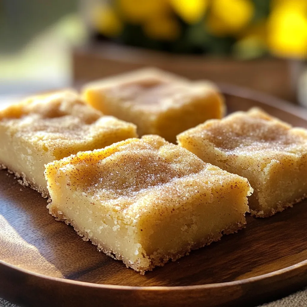 - 1 cup (2 sticks) unsalted butter - 1 ½ cups brown sugar, packed - 2 large eggs - 2 teaspoons vanilla extract - 2 cups all-purpose flour - 1 teaspoon baking powder - 1 teaspoon baking soda - ½ teaspoon salt - 1 tablespoon ground cinnamon - ½ cup granulated sugar (for rolling) Every ingredient in these blondies plays a key role. Unsalted butter gives the right fat content and flavor. Brown sugar adds moistness and a hint of caramel. Eggs bind the mix and give a soft texture. Vanilla extract enhances sweetness. Flour provides structure. Baking powder and baking soda help the blondies rise. Salt balances flavors, while cinnamon adds warmth. The granulated sugar for rolling gives a sweet crunch and looks nice. Choose high-quality unsalted butter for the best flavor. Look for fresh brown sugar that is soft and packed tightly. Use large, fresh eggs for a good rise. For flour, all-purpose is best, but ensure it is fresh and stored properly. For cinnamon, select a ground spice that smells strong. Fresh spices make a big difference. Lastly, when picking granulated sugar, ensure it is pure and free of clumps. These choices help make your blondies taste amazing. To make brown butter, start with unsalted butter. Place it in a saucepan over medium heat. Stir the butter as it melts. Watch closely as it changes color. In about 5-7 minutes, the butter turns golden brown. It will smell nutty and delicious. Be careful not to burn it. Once ready, remove the pan from heat and let it cool a bit. In a large bowl, combine the brown butter and brown sugar. Whisk them together until smooth. Next, add the eggs, one at a time. Mix well after each addition. Then, stir in the vanilla extract. In another bowl, combine the flour, baking powder, baking soda, salt, and ground cinnamon. Whisk these dry ingredients until mixed well. Gradually add the dry mix to the wet ingredients. Stir gently until just combined. Avoid overmixing to keep the blondies soft. Before baking, preheat your oven to 350°F (175°C). Line an 8x8-inch baking pan with parchment paper. Leave some paper hanging over the edges for easy removal. After mixing, place the batter in the pan and smooth the top. Cover it and chill in the fridge for at least 30 minutes. This step helps the blondies hold their shape. Once chilled, scoop small portions of dough. Roll them into balls and coat with granulated sugar. Place the balls in the baking pan, leaving space between them. Bake for 25-30 minutes. They are done when a toothpick comes out clean. The edges should be lightly golden. After baking, let the blondies cool in the pan for about 15 minutes. Use the parchment to lift them out. Cool completely on a wire rack before cutting into squares. To make brown butter, heat unsalted butter in a saucepan. Use medium heat to melt it slowly. Stir it often to prevent burning. Watch for the color change. It should turn a lovely golden brown. You will also smell a nutty aroma. This step adds depth to your blondies. One common mistake is using too high heat. This can burn the butter quickly. Another mistake is not stirring enough. It can lead to uneven browning. Always let the brown butter cool before adding it to the sugar. If it’s too hot, it may cook the eggs and ruin the mixture. To serve your blondies, use a decorative plate. Dust them lightly with cinnamon for a nice touch. You could also add a scoop of ice cream on top. This makes a great dessert. For a special event, cut them into smaller bites and serve on a platter. Enjoying them fresh will always impress your guests! {{image_2}} You can boost the flavor of your blondies with fun additions. Try mixing in nuts like pecans or walnuts for crunch. They add a great texture and flavor. You can also fold in chocolate chips for a sweet twist. Dark chocolate chips work well with the cinnamon taste. If you want a more fruity bite, consider adding dried cranberries or cherries. These will give your blondies a pop of color and flavor. If you need gluten-free blondies, swap all-purpose flour for almond flour or a gluten-free blend. This keeps the texture light and fluffy. For a dairy-free option, use vegan butter instead of unsalted butter. You can also try coconut oil for a different taste. Make sure to check labels on all ingredients to ensure they are dairy-free and gluten-free. Serve your blondies in fun ways to impress your guests. One idea is to serve them warm with a scoop of vanilla ice cream. This makes a delicious a la mode dessert. You can also drizzle caramel sauce or chocolate ganache over the top for extra sweetness. Dusting them with powdered sugar or extra cinnamon adds a nice touch. These simple serving ideas make your blondies even more delightful! To keep your Brown Butter Snickerdoodle Blondies fresh, store them in an airtight container. This helps maintain their chewy texture. Keep the container at room temperature for up to three days. If you want to keep them longer, the fridge is a good choice. This will add a few more days to their life. You can freeze these blondies for up to three months. First, let them cool completely. Then, slice them into squares. Wrap each piece in plastic wrap and place them in a freezer bag. Make sure to remove as much air as possible. Label the bag with the date. This way, you can enjoy a sweet treat anytime. To bring back that fresh-out-of-the-oven taste, reheat the blondies. Preheat your oven to 350°F (175°C). Place the blondies on a baking sheet and cover them with foil. Heat for about 10 minutes. This will make them warm and soft again. Alternatively, you can microwave one piece for 10-15 seconds. Enjoy your delicious blondies! Snickerdoodle blondies are a sweet treat. They combine the flavors of snickerdoodle cookies with a blondie base. You get a soft and chewy texture. The brown sugar adds a rich taste. Ground cinnamon gives them a warm, cozy flavor. These blondies are perfect for sharing or enjoying alone. Yes, you can make these blondies ahead of time. You can bake them and store them. After baking, let them cool completely. Then, wrap them tightly in plastic wrap. Store them in an airtight container. They will stay fresh for about a week. You can also freeze them for longer storage. Just make sure to thaw them before serving. If your blondies end up too dry, you can fix them. First, check your baking time. Overbaking can dry them out. Next, you can add a small amount of butter or milk. Mix it in to add moisture. Finally, serve them warm with ice cream. The ice cream will add creaminess and flavor. This blog post shared all you need to know about making snickerdoodle blondies. We covered key ingredients, how to make brown butter, and gave tips for success. I also suggested tasty variations and storage tips to keep your blondies fresh. Remember, a little care in each step leads to the best results. Enjoy creating these treats and sharing them with friends and family. Happy baking!