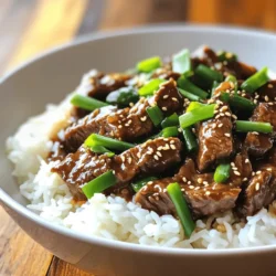 - 1 lb flank steak, thinly sliced against the grain - 2 tablespoons cornstarch - 3 tablespoons vegetable oil - 3 cloves garlic, minced - 1 inch ginger, grated - 1/2 cup soy sauce - 1/4 cup brown sugar - 1 tablespoon sesame oil - 1/2 cup green onions, chopped (white and green parts separated) - 2 cups cooked jasmine rice - Sesame seeds for garnish Mongolian beef bowls start with flank steak. This cut is perfect because it’s tender and flavorful. You want to slice it thinly against the grain. This helps the meat stay juicy and easy to chew. Next, you need cornstarch. It gives the beef a nice coating and helps it crisp. Vegetable oil is vital for frying the meat. It has a high smoke point and won’t burn easily. Garlic and ginger add depth to the dish. They give a great aroma and flavor. Soy sauce brings saltiness and umami. Brown sugar balances the salt with a hint of sweetness. The sesame oil adds a nutty finish. Green onions are key for garnish. They add color and freshness. Jasmine rice serves as a base. It’s soft and fluffy, perfect for soaking up the sauce. Finally, sprinkle sesame seeds on top for crunch and flavor. With these ingredients, you’re ready to create a delicious Mongolian beef bowl. First, take your flank steak and slice it thinly against the grain. This helps make it tender. Place the slices in a medium bowl. Sprinkle the cornstarch over the beef. Toss it well. Make sure every piece is coated. Let it rest for about 10 minutes. This step helps the cornstarch stick better. Next, heat the vegetable oil in a large skillet or wok. Set the heat to medium-high. Once the oil is hot, carefully add the beef slices. Cook them in a single layer. This helps them brown evenly. Let them cook for 2 to 3 minutes. You want them browned, not cooked all the way through. If you have a lot of beef, cook it in batches. After browning the beef, remove it from the skillet and set it aside. In the same skillet, add the minced garlic and grated ginger. Sauté them for about 30 seconds. You will smell the great aroma! Then, pour in the soy sauce and brown sugar. Stir until the sugar dissolves. Bring this mixture to a simmer. Now, return the beef to the skillet. Toss it well to coat in the sauce. Let it cook for another 2 to 3 minutes. This heats the beef through and thickens the sauce a bit. Drizzle sesame oil over the beef, and add the white parts of the green onions. Give it a good stir. To serve, place some jasmine rice in bowls. Top it with the Mongolian beef stir-fry. Finally, sprinkle the green parts of the green onions and sesame seeds on top. Enjoy your delicious dish! To get the best texture in your Mongolian beef, slice the flank steak against the grain. This means you cut across the fibers of the meat. It helps the beef stay tender when cooked. If you slice with the grain, the meat will be tough. Cook the beef quickly over high heat. Use a hot skillet or wok. This keeps the meat juicy inside while browning the outside. Work in small batches. This ensures even cooking and avoids steaming. Flavor is key in this dish. Use soy sauce and brown sugar for a sweet and savory mix. Add garlic and ginger for a fresh kick. These flavors come together to create a rich sauce. For marinating, let the beef sit with soy sauce for 30 minutes. This adds depth to the flavor. You can also sprinkle in some chili flakes if you like heat. For a takeout-style look, use shallow bowls. Start with a base of jasmine rice. Top it with the beef stir-fry. Make sure to get some sauce over the rice. Garnish with the green parts of the green onions and a sprinkle of sesame seeds. This adds color and makes the dish pop. Serve it hot, and enjoy your homemade takeout! {{image_2}} You can switch flank steak with other cuts. Sirloin or ribeye work well. They offer great flavor and tenderness. You can also use chicken or tofu for a lighter option. When it comes to rice, jasmine rice shines here. But you can try brown rice or even quinoa. They add different textures and flavors, making your bowl unique. Adding veggies boosts nutrition and color. Try bell peppers, broccoli, or snap peas. They add crunch and taste. For seasonal options, use zucchini in summer or butternut squash in fall. These choices keep your dish fresh and fun. For gluten-free options, use tamari instead of soy sauce. This keeps the taste while being safe for gluten-free diets. If you're looking for low-carb versions, swap rice for cauliflower rice. This keeps your meal light and healthy. You can still enjoy all the great flavors of Mongolian beef! To keep your Mongolian Beef Bowls fresh, refrigerate them promptly. Place the leftovers in a suitable container. Glass or plastic containers with tight lids work best. - Best practices for refrigeration: Store the dish within two hours of cooking. This keeps harmful bacteria away. - Suitable containers: Use airtight containers to prevent moisture loss and absorb odors. Reheating your meal needs care to keep it tasty. You can use several methods for this. - Methods to retain texture and flavor: The best way is to reheat it in a skillet over medium heat. Stir often to heat evenly. - Tips for microwave heating: If you use a microwave, cover the bowl with a damp paper towel. This helps keep the beef moist. Heat in short bursts, checking every minute. Freezing your dish is a great way to save extra servings. However, it needs proper steps. - How to freeze and thaw properly: Cool the dish before freezing. Place it in a freezer-safe container. Thaw it overnight in the fridge before reheating. - Impact on taste and texture: Freezing may change the beef's texture slightly. It can become a bit softer. The flavors will remain good, though. The best cut for Mongolian Beef is flank steak. This cut is tender when sliced thin. It cooks quickly and has great flavor. Look for fresh, bright red meat. You can also use sirloin or ribeye if you prefer. Both cuts will give you tasty results. Yes, you can add heat to Mongolian Beef! Here are a few ways to spice it up: - Add sliced fresh chili peppers to the skillet while cooking. - Mix in some red pepper flakes into the sauce. - Use a spicy soy sauce or add sriracha. Start with a little and adjust the heat to your taste. Making Mongolian Beef is quick! Here’s a breakdown: - Prep time: 15 minutes to slice and coat the beef. - Cook time: 15 minutes to fry and make the sauce. In total, it takes about 30 minutes to make this delicious dish. Yes, this recipe is great for meal prep! Here’s how to store it: - Refrigeration: Store leftovers in airtight containers for up to 3 days. - Reheating: Warm it in a pan on low heat or in the microwave. This dish stays tasty when reheated, making it perfect for quick meals. This article covered everything you need to know about making Mongolian Beef. We discussed the right ingredients, from flank steak to the perfect sauces. You learned step-by-step instructions for preparation and cooking. The tips section gave you ways to enhance flavor and improve texture. I also shared storage tips and variations to suit your needs. Now, you can confidently make this dish your own. Enjoy cooking and experimenting with flavors!
