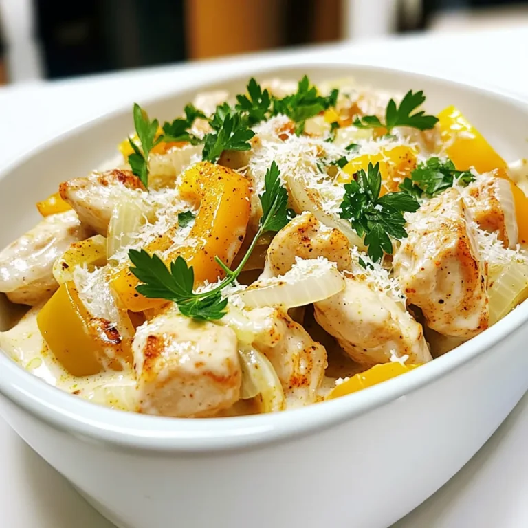 - 2 boneless, skinless chicken breasts, cut into bite-sized pieces - 1 tablespoon Cajun seasoning - 2 tablespoons olive oil - 3 cloves garlic, minced - 1 cup diced bell peppers (mix of red and green) - 1 cup diced onion - 2 cups chicken broth - 1 cup heavy cream - 8 oz fettuccine pasta - 1 cup grated Parmesan cheese - Salt and pepper to taste - Fresh parsley, chopped (for garnish) Choose fresh, high-quality chicken. It makes a big difference in flavor. The Cajun seasoning should be robust. Use a trusted brand or make your own blend. Fresh vegetables add crispness and taste. Always pick firm bell peppers and onions. Opt for heavy cream with a high fat content for a rich sauce. Finally, use real Parmesan cheese for the best flavor. You can swap chicken for shrimp or tofu for a different protein. If you need a vegetarian option, use vegetable broth instead of chicken broth. For dairy-free, try coconut cream or a plant-based cream. Any pasta shape works, so feel free to use what you have on hand. Use nutritional yeast instead of Parmesan for a vegan alternative. Start by cutting the chicken breasts into bite-sized pieces. Place them in a bowl. Sprinkle Cajun seasoning over the chicken. Use your hands to mix it well, ensuring every piece is coated. This step adds great flavor. Next, gather all your ingredients. This makes cooking smoother. Heat olive oil in a large pot over medium heat. Add the seasoned chicken pieces. Cook for 5-7 minutes until they are browned and cooked through. Remove the chicken and set it aside. In the same pot, add minced garlic, diced bell peppers, and onions. Sauté for about 3-4 minutes until they soften. This brings out the flavors. Pour in the chicken broth and bring it to a simmer. Add the fettuccine pasta, making sure it is submerged in the broth. Cook according to the package instructions, stirring occasionally, about 8-10 minutes. This ensures the pasta cooks evenly. Once the pasta is al dente, reduce the heat. Stir in the heavy cream and grated Parmesan cheese. Mix until the sauce is creamy. Return the cooked chicken to the pot. Combine all the ingredients well. Season with salt and pepper to taste. Cook for an additional 2-3 minutes to heat everything through. Remove from heat and let it sit for a couple of minutes. This helps the sauce thicken slightly. Cooking times can vary based on your stove. If your pasta isn't done, add a bit more broth. Stir and check every minute. If the chicken takes longer to cook, lower the heat slightly. This prevents burning. Keep an eye on the sauce. If it thickens too much, add a splash of cream or broth. Adjusting cooking times leads to a better meal. To make a creamy Alfredo sauce, use heavy cream. It gives the sauce a rich texture. Stir in grated Parmesan cheese slowly. This helps the cheese melt evenly. If the sauce is too thick, add a splash of chicken broth. This keeps the sauce smooth and pourable. Cook your pasta until it is al dente, which means firm to the bite. This usually takes about 8-10 minutes. Stir the pasta often while it cooks. This helps prevent sticking. Set a timer to avoid forgetting it on the stove. If you overcook the pasta, it can become mushy. You need a large pot or deep skillet for this recipe. A wooden spoon works best for stirring. A good chef's knife is important for cutting chicken and veggies. Use a cutting board to keep your workspace clean. Finally, have measuring cups ready for your ingredients. This makes cooking easier and more fun. {{image_2}} You can boost flavor by adding more veggies or protein. Consider these options: - Spinach: Add fresh spinach during the last minute of cooking. - Mushrooms: Sauté sliced mushrooms with the garlic for earthy taste. - Zucchini: Dice zucchini and cook it with the bell peppers. - Shrimp: Swap chicken for shrimp for a seafood twist. - Bacon: Crispy bacon bits add crunch and savory flavor. These additions enhance the taste and color of your dish. Feel free to mix and match based on your taste. If you love heat, increase the Cajun seasoning. You can: - Double the seasoning for a spicy kick. - Add cayenne pepper for extra heat. - Include sliced jalapeños for fresh spice. Adjusting the spice lets you control the meal's heat. Always taste as you go to find your perfect blend. To make this dish lighter, try these swaps: - Whole Wheat Pasta: Use whole wheat fettuccine for more fiber. - Low-Fat Cream: Substitute heavy cream with low-fat or almond milk. - Lean Protein: Choose turkey breast instead of chicken for fewer calories. These changes can help you enjoy this dish while watching your calorie intake. Just remember, it may slightly alter the taste and texture. To keep your Cajun Chicken Alfredo fresh, store it in an airtight container. Allow the dish to cool completely before sealing it. Place it in the fridge if you plan to eat it within three days. If you want to store it longer, consider freezing it. When you're ready to enjoy leftovers, reheat the dish gently. You can use a microwave or stovetop. If using a microwave, place your portion in a bowl and cover it. Heat in short bursts, stirring in between. If using a stovetop, add a splash of chicken broth to prevent drying. Heat over low until warmed through. If you freeze Cajun Chicken Alfredo, use a freezer-safe container. It will last for about two to three months in the freezer. To reheat, let it thaw in the fridge overnight. Then, follow the reheating instructions to warm it up. Avoid freezing if you have added fresh parsley or cream, as they may not hold up well. Yes, you can use other pasta types. Penne or rotini works well. They hold the sauce nicely. Just adjust the cooking time based on the pasta you choose. To make it vegetarian, skip the chicken. Use mushrooms or firm tofu instead. The taste will still be great with the Cajun spices. You can serve this dish with crusty bread or a fresh salad. Garlic bread pairs wonderfully too. These sides balance the meal and add extra flavor. Yes, you can prep this dish ahead. Cook the pasta and sauce but keep them separate. When ready to eat, heat them together for a quick meal. Leftovers last about three to four days in the fridge. Store in airtight containers. Reheat on the stove or in the microwave for best results. This blog shows how to make Cajun Chicken Alfredo step by step. We covered key ingredients, tips for the best texture, and flavorful variations. You learned about storage and reheating that keep your dish fresh. Remember, cooking can be fun and easy with the right knowledge. Experiment with flavors and ingredients to make it your own. Enjoy your cooking adventure!