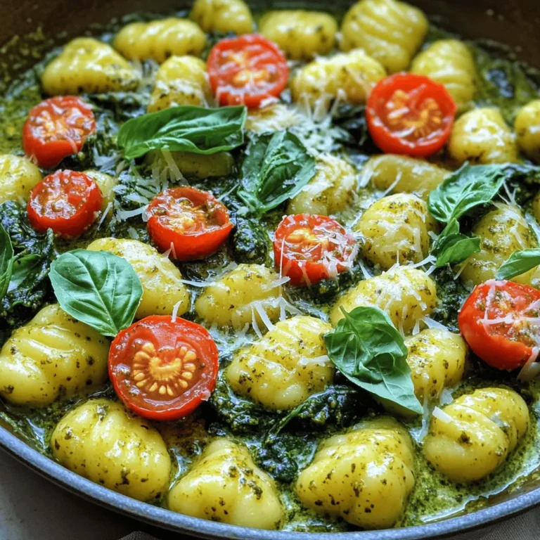 - 1 pound gnocchi - 1 cup fresh basil pesto - 1 cup heavy cream - 1 cup cherry tomatoes, halved - 1 cup spinach, roughly chopped - 1 tablespoon olive oil - 1 teaspoon garlic powder - ½ teaspoon red pepper flakes (optional) - Salt and pepper to taste - Grated Parmesan cheese for serving - Fresh basil leaves for garnish The main ingredients in this creamy pesto gnocchi skillet are simple but key. Gnocchi, with its soft and pillowy texture, adds comfort to the dish. Fresh basil pesto gives it a bright, herby flavor. Heavy cream brings richness and makes the sauce smooth. Next, the additional ingredients contribute freshness and color. Cherry tomatoes burst with sweetness, while spinach adds a nutritious touch. Olive oil is essential for cooking the gnocchi and vegetables. Lastly, the seasonings and garnishes elevate the dish. Garlic powder adds depth, and red pepper flakes give a hint of heat. Salt and pepper balance the flavors perfectly. Grated Parmesan cheese on top adds a salty finish, while fresh basil leaves provide a beautiful touch. These ingredients come together to create a delightful weeknight meal. - Heating the Olive Oil First, take a large skillet. Heat one tablespoon of olive oil over medium heat. You want the oil to shimmer, but not smoke. This will help the gnocchi cook evenly and gain a nice golden color. - Sautéing the Gnocchi Next, add one pound of gnocchi to the skillet. Sauté the gnocchi for about 3 to 4 minutes. Stir gently until they turn a lovely golden brown. This adds texture and flavor. - Adding Cherry Tomatoes and Spinach After the gnocchi is golden, add one cup of halved cherry tomatoes and one cup of roughly chopped spinach. Cook these for 2 to 3 minutes. The spinach should wilt, and the tomatoes should soften. This will create a nice base for your creamy sauce. - Incorporating Pesto and Cream Now, reduce the heat to low. Stir in one cup of fresh basil pesto and one cup of heavy cream. Add one teaspoon of garlic powder and half a teaspoon of red pepper flakes, if you like some heat. Mix everything well until combined. - Simmering and Thickening the Sauce Let the mixture simmer for 5 to 7 minutes. Stir occasionally. This allows the sauce to thicken slightly and blend the flavors together. - Seasoning and Serving Finally, season the dish with salt and pepper to taste. Remove it from heat and serve hot. Top with grated Parmesan cheese and fresh basil leaves for a beautiful finish. Enjoy your creamy pesto gnocchi skillet! Sautéing Techniques: To get that perfect gnocchi, use medium heat. Heat olive oil in your skillet first. Add the gnocchi and let them sauté. Stir gently to avoid sticking. This will help them get a nice golden crust. Optimum Cooking Time: Sauté the gnocchi for about 3-4 minutes. Look for a golden-brown color. This step adds flavor and texture. If you cook them too long, they may get mushy. Additional Seasonings Options: You can add more flavor with garlic powder. A teaspoon works great. If you like heat, try adding red pepper flakes. Start with ½ teaspoon and taste as you go. Always season with salt and pepper to your liking. Using Homemade Pesto: Using homemade pesto can take your dish to the next level. Fresh basil and garlic make a big difference. If you have time, try making your own. It’s simple and very rewarding. Serving Style: You can serve the gnocchi right in the skillet. This keeps it warm and inviting. If you prefer, use individual plates. Drizzle extra sauce over each serving for a nice touch. Garnishing Ideas: Top the dish with grated Parmesan cheese. Fresh basil leaves add a pop of color. These small touches make your meal look amazing. A beautiful presentation can impress anyone at your table. {{image_2}} You can add protein to your creamy pesto gnocchi for more flavor and nutrition. - Chicken: Cook diced chicken breast in the skillet before adding the gnocchi. This adds a nice texture and taste. Use about one pound of chicken for this dish. Cook it until golden brown and fully cooked through. - Shrimp: Shrimp is a quick option. Add peeled and deveined shrimp after the gnocchi. Cook for just a few minutes until they turn pink. About one pound of shrimp works well, making it a delightful seafood twist. If you want a vegetarian option, consider using different vegetables. - Zucchini: Slice zucchini into half-moons and sauté them with the gnocchi. They add a fresh taste and a nice crunch. - Bell Peppers: Dice bell peppers and cook them with the spinach and tomatoes. This adds color and a sweet flavor. Switching up the sauce can create a brand-new dish. - Creamy Alfredo: For a rich change, use Alfredo sauce instead of pesto. This gives a creamy texture and a different flavor. - Sun-Dried Tomato Pesto: This option adds a tangy taste. Swap basil pesto for sun-dried tomato pesto for a unique twist. These variations make your creamy pesto gnocchi skillet fun and new each time you cook it! To keep your creamy pesto gnocchi fresh, store any leftovers in the fridge. Place the gnocchi in an airtight container to protect it from air and moisture. It will stay good for up to three days in the fridge. Before storing, let the dish cool down to room temperature. This helps avoid extra condensation inside the container. When you're ready to enjoy your leftovers, there are great ways to reheat them. The best method is using a skillet. Add a splash of water or broth to help rehydrate the sauce. Heat it over medium heat, stirring often until warm. You can also use the microwave. Place the gnocchi in a microwave-safe dish, cover it, and heat for one minute. Stir and heat again if needed. If you want to freeze the creamy pesto gnocchi, it’s easy! First, let it cool completely. Then, scoop portions into airtight containers or freezer bags. Remove as much air as possible to prevent freezer burn. It will keep well for up to three months. To enjoy, thaw it in the fridge overnight. Reheat it according to the earlier instructions for the best taste. Yes, you can use homemade gnocchi. It may add extra flavor and texture. Just ensure your gnocchi is cooked properly before adding it to the skillet. You can use half-and-half or coconut cream. These options keep the dish creamy. For a lighter choice, try Greek yogurt, but it may change the flavor. To make this dish gluten-free, use gluten-free gnocchi. Many brands offer this option. Ensure all other ingredients, like pesto and seasonings, are gluten-free too. Absolutely! You can use sun-dried tomato pesto or spinach pesto. Each will change the flavor profile and make it unique. Get creative with your favorite pesto. This dish can last up to three days in the fridge. Store it in an airtight container to keep it fresh. Reheat gently to maintain its creamy texture. Yes, you can prep some parts ahead. Cook the gnocchi and make the sauce. Combine them just before serving. This saves time and keeps the dish fresh. This blog post covered the essentials for making creamy pesto gnocchi. It shared main ingredients like gnocchi and pesto, along with tips for perfect cooking. I provided variations and storage tips to suit your taste and needs. In the end, enjoy creating this dish. Feel free to experiment with flavors and ingredients. You’ll impress your family and friends with your cooking skills!