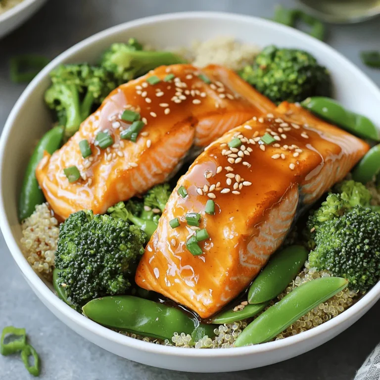 - 2 salmon fillets - 3 tablespoons honey - 2 tablespoons soy sauce - 2 cloves garlic, minced - 1 teaspoon grated ginger (optional) - 2 cups cooked quinoa - 1 cup broccoli florets - 1 cup snap peas - 1 tablespoon olive oil - Salt and pepper to taste - Sesame seeds and chopped green onions for garnish You will need fresh, high-quality salmon fillets for the best taste. Honey brings a sweet touch that balances the salty soy sauce. Soy sauce adds depth and umami flavor. Garlic and ginger give a warm spice that ties the dish together. For the quinoa, make sure it's cooked before serving. Broccoli and snap peas add color and crunch. Toss them in olive oil, salt, and pepper to enhance their taste. Finally, the garnishes add flair. Sesame seeds give a nice crunch, while green onions add freshness. With these ingredients, you create a dish that is not only tasty but looks beautiful too. To make the marinade, grab a small bowl. Add 3 tablespoons of honey, 2 tablespoons of soy sauce, 2 minced garlic cloves, and 1 teaspoon of grated ginger if you like. Whisk these ingredients together until smooth. This mix will add a sweet and savory flavor to the salmon. Now, take your 2 salmon fillets and place them in a shallow dish. Pour half of your honey garlic marinade over the fillets. Make sure the salmon is well coated. Let it sit for at least 15 minutes. This step helps the fish absorb all that tasty flavor. While your salmon marinates, preheat your air fryer to 400°F (200°C). In a medium bowl, toss 1 cup of broccoli florets and 1 cup of snap peas with 1 tablespoon of olive oil, salt, and pepper to taste. Now, place the marinated salmon fillets in the air fryer basket. Arrange the seasoned veggies around the salmon. Cook everything in the air fryer for about 10-12 minutes. You’ll know it’s done when the salmon flakes easily with a fork and the veggies are tender-crisp. Once cooked, drizzle the remaining marinade over the salmon and veggies. Now, grab your bowls and add a serving of cooked quinoa to each one. Top with your salmon and the mix of broccoli and snap peas. You can garnish with sesame seeds and chopped green onions for a nice finish. Enjoy your delicious meal! To get great results, cook at 400°F (200°C). This high heat helps the salmon cook fast and evenly. Always preheat the air fryer before adding food. This step ensures even cooking and keeps the salmon juicy. Arrange the salmon and veggies in a single layer. This allows hot air to circulate freely, giving you that perfect crispness. You can boost the taste by adding spices. Try a pinch of red pepper flakes for heat or a dash of smoked paprika for depth. If you want more sweetness, add extra honey to the marinade. For a fresh twist, squeeze a little lime juice over the finished dish. This brightens all the flavors and makes the meal pop. Preparing ahead saves time. You can marinate the salmon the night before. Store it in the fridge for a tasty flavor boost. Cooked salmon and veggies store well in the fridge for up to three days. When ready to eat, just reheat in the air fryer for about 5 minutes. This keeps everything fresh and delicious while saving you time during the week. {{image_2}} You can switch salmon for chicken or tofu. Both options work well. For chicken, use boneless, skinless thighs or breasts. Marinate them just like the salmon. Cook in the air fryer for about 12-15 minutes. Tofu is a great plant-based choice. Press it to remove water, then cut it into cubes. Marinate the cubes and air fry for around 10 minutes. Both swaps keep the dish tasty and healthy. Feel free to change up the veggies. Seasonal vegetables can add new flavors. Try bell peppers, zucchini, or carrots for a colorful bowl. You can also use asparagus or green beans. Just remember to toss whatever you choose in olive oil, salt, and pepper. This makes sure they cook well and taste great, just like the original recipe. You can play with the sweetness and spice. If you want it sweeter, add more honey. For a spicier kick, mix in some red pepper flakes. You can also use a different type of soy sauce. Try a low-sodium version for less salt. These changes keep the dish fresh and exciting, so it never gets boring! To store leftovers, let the dish cool first. Place the salmon and veggies in an airtight container. Keep your cooked quinoa in a separate container. This helps keep everything fresh. Store them in the fridge for up to three days. When you are ready to eat, you can enjoy the same great taste. You can freeze portions for later use. Wrap the salmon and veggies tightly in plastic wrap. Then put them in a freezer-safe bag or container. Make sure to remove as much air as you can. This helps prevent freezer burn. You can freeze quinoa too, but it’s best to store it separately. Use within three months for the best flavor and texture. To reheat salmon and veggies, use an air fryer or oven. Preheat it to 350°F (175°C). Heat for about 8-10 minutes, or until warm. This keeps the salmon flaky and the veggies crisp. If using a microwave, cover the dish with a damp paper towel. Heat in short bursts to avoid overcooking. Enjoy your meal just like the first time! I recommend marinating the salmon for at least 15 minutes. This time allows the flavors to soak in. If you have time, marinate it for up to 30 minutes for a deeper taste. The honey and garlic will make the salmon sweet and savory. Yes, you can use frozen salmon. Just make sure to thaw it completely before marinating. You can place it in the fridge overnight or use the microwave to defrost it quickly. Cooking time may vary slightly, so check for doneness. In addition to quinoa, you can serve the salmon bowls with: - Brown rice for a hearty base - Cauliflower rice for a low-carb option - Steamed asparagus for added greens - A side salad for freshness These options will complement the salmon's flavors well. This blog outlined a tasty honey garlic salmon recipe with easy steps. You learned about the main ingredients, like salmon and honey, plus cooking tips. Remember to marinate your salmon well to boost flavor. You can switch proteins and veggies to fit your taste. Store leftovers correctly to enjoy later. This dish is fun to make and perfect for meal prep. Try it, and you will love the flavors and ease of this recipe. Happy cooking!
