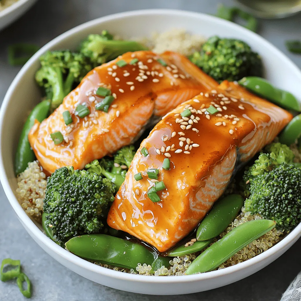 - 2 salmon fillets - 3 tablespoons honey - 2 tablespoons soy sauce - 2 cloves garlic, minced - 1 teaspoon grated ginger (optional) - 2 cups cooked quinoa - 1 cup broccoli florets - 1 cup snap peas - 1 tablespoon olive oil - Salt and pepper to taste - Sesame seeds and chopped green onions for garnish You will need fresh, high-quality salmon fillets for the best taste. Honey brings a sweet touch that balances the salty soy sauce. Soy sauce adds depth and umami flavor. Garlic and ginger give a warm spice that ties the dish together. For the quinoa, make sure it's cooked before serving. Broccoli and snap peas add color and crunch. Toss them in olive oil, salt, and pepper to enhance their taste. Finally, the garnishes add flair. Sesame seeds give a nice crunch, while green onions add freshness. With these ingredients, you create a dish that is not only tasty but looks beautiful too. To make the marinade, grab a small bowl. Add 3 tablespoons of honey, 2 tablespoons of soy sauce, 2 minced garlic cloves, and 1 teaspoon of grated ginger if you like. Whisk these ingredients together until smooth. This mix will add a sweet and savory flavor to the salmon. Now, take your 2 salmon fillets and place them in a shallow dish. Pour half of your honey garlic marinade over the fillets. Make sure the salmon is well coated. Let it sit for at least 15 minutes. This step helps the fish absorb all that tasty flavor. While your salmon marinates, preheat your air fryer to 400°F (200°C). In a medium bowl, toss 1 cup of broccoli florets and 1 cup of snap peas with 1 tablespoon of olive oil, salt, and pepper to taste. Now, place the marinated salmon fillets in the air fryer basket. Arrange the seasoned veggies around the salmon. Cook everything in the air fryer for about 10-12 minutes. You’ll know it’s done when the salmon flakes easily with a fork and the veggies are tender-crisp. Once cooked, drizzle the remaining marinade over the salmon and veggies. Now, grab your bowls and add a serving of cooked quinoa to each one. Top with your salmon and the mix of broccoli and snap peas. You can garnish with sesame seeds and chopped green onions for a nice finish. Enjoy your delicious meal! To get great results, cook at 400°F (200°C). This high heat helps the salmon cook fast and evenly. Always preheat the air fryer before adding food. This step ensures even cooking and keeps the salmon juicy. Arrange the salmon and veggies in a single layer. This allows hot air to circulate freely, giving you that perfect crispness. You can boost the taste by adding spices. Try a pinch of red pepper flakes for heat or a dash of smoked paprika for depth. If you want more sweetness, add extra honey to the marinade. For a fresh twist, squeeze a little lime juice over the finished dish. This brightens all the flavors and makes the meal pop. Preparing ahead saves time. You can marinate the salmon the night before. Store it in the fridge for a tasty flavor boost. Cooked salmon and veggies store well in the fridge for up to three days. When ready to eat, just reheat in the air fryer for about 5 minutes. This keeps everything fresh and delicious while saving you time during the week. {{image_2}} You can switch salmon for chicken or tofu. Both options work well. For chicken, use boneless, skinless thighs or breasts. Marinate them just like the salmon. Cook in the air fryer for about 12-15 minutes. Tofu is a great plant-based choice. Press it to remove water, then cut it into cubes. Marinate the cubes and air fry for around 10 minutes. Both swaps keep the dish tasty and healthy. Feel free to change up the veggies. Seasonal vegetables can add new flavors. Try bell peppers, zucchini, or carrots for a colorful bowl. You can also use asparagus or green beans. Just remember to toss whatever you choose in olive oil, salt, and pepper. This makes sure they cook well and taste great, just like the original recipe. You can play with the sweetness and spice. If you want it sweeter, add more honey. For a spicier kick, mix in some red pepper flakes. You can also use a different type of soy sauce. Try a low-sodium version for less salt. These changes keep the dish fresh and exciting, so it never gets boring! To store leftovers, let the dish cool first. Place the salmon and veggies in an airtight container. Keep your cooked quinoa in a separate container. This helps keep everything fresh. Store them in the fridge for up to three days. When you are ready to eat, you can enjoy the same great taste. You can freeze portions for later use. Wrap the salmon and veggies tightly in plastic wrap. Then put them in a freezer-safe bag or container. Make sure to remove as much air as you can. This helps prevent freezer burn. You can freeze quinoa too, but it’s best to store it separately. Use within three months for the best flavor and texture. To reheat salmon and veggies, use an air fryer or oven. Preheat it to 350°F (175°C). Heat for about 8-10 minutes, or until warm. This keeps the salmon flaky and the veggies crisp. If using a microwave, cover the dish with a damp paper towel. Heat in short bursts to avoid overcooking. Enjoy your meal just like the first time! I recommend marinating the salmon for at least 15 minutes. This time allows the flavors to soak in. If you have time, marinate it for up to 30 minutes for a deeper taste. The honey and garlic will make the salmon sweet and savory. Yes, you can use frozen salmon. Just make sure to thaw it completely before marinating. You can place it in the fridge overnight or use the microwave to defrost it quickly. Cooking time may vary slightly, so check for doneness. In addition to quinoa, you can serve the salmon bowls with: - Brown rice for a hearty base - Cauliflower rice for a low-carb option - Steamed asparagus for added greens - A side salad for freshness These options will complement the salmon's flavors well. This blog outlined a tasty honey garlic salmon recipe with easy steps. You learned about the main ingredients, like salmon and honey, plus cooking tips. Remember to marinate your salmon well to boost flavor. You can switch proteins and veggies to fit your taste. Store leftovers correctly to enjoy later. This dish is fun to make and perfect for meal prep. Try it, and you will love the flavors and ease of this recipe. Happy cooking!