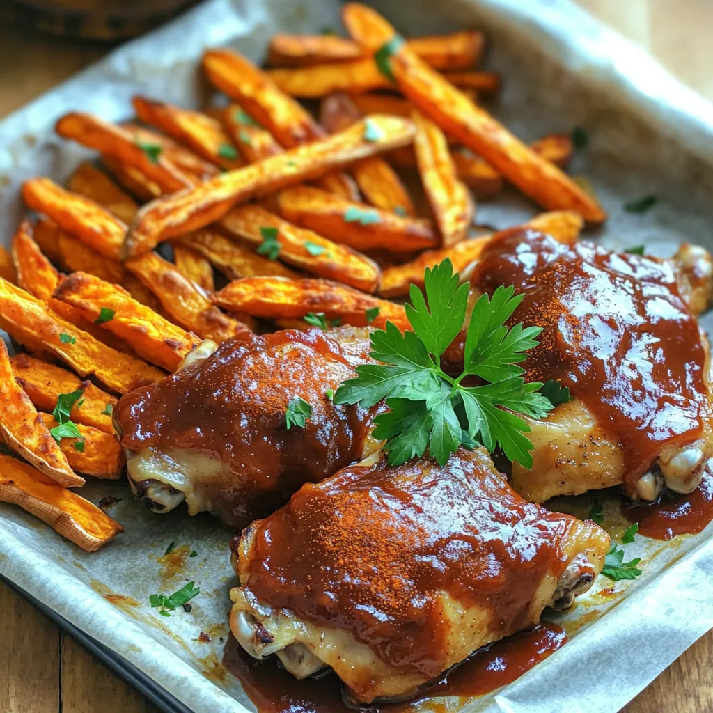 Set your oven to 425°F (220°C). Preheating is key for even cooking. It helps the chicken cook through while making the sweet potato fries crispy. Take your chicken thighs and place them in a bowl. Pour in ½ cup of BBQ sauce. Toss until each piece is well-coated. This gives the chicken a rich flavor. You can let it sit for a few minutes for deeper flavor. Cut the sweet potatoes into thin fries. In a separate bowl, mix them with 2 tablespoons of olive oil, 1 teaspoon smoked paprika, and 1 teaspoon garlic powder. Add salt and pepper to taste. Toss well to coat the fries evenly. This mix gives them a tasty kick. Grab a large sheet pan and line it with parchment paper. This makes cleanup easy. Spread the sweet potato fries on one side in a single layer. Leave enough space for the chicken on the other side. Proper spacing helps everything cook well. Place the sheet pan in the preheated oven. Bake for 25 to 30 minutes. Check the chicken's internal temperature. It should reach 165°F (74°C) for safe eating. The sweet potatoes should be golden and crispy. Once baked, take the sheet pan out and let it rest for a few minutes. Sprinkle fresh chopped parsley over the chicken and sweet potato fries for a pop of color. For serving, plate the chicken and fries. Add a small bowl of BBQ sauce for dipping if you want more flavor. - To make crispy sweet potato fries, cut them thin. Thin fries cook faster and get crunchier. - Toss the fries in olive oil and seasonings well. This helps them crisp up in the oven. - Bake the fries on one side of the sheet pan. This gives them room to spread out and cook evenly. - For moist chicken, do not overcook it. Use a meat thermometer to check the internal temperature. - Coat the chicken with BBQ sauce before baking. This adds flavor and helps keep it juicy. - Use pre-prepared ingredients like store-bought BBQ sauce. This cuts down on prep time. - Buy frozen sweet potato fries if you’re short on time. They are quick to cook and still delicious. - Batch cook chicken and fries. You can make extra and store leftovers for quick meals later. - Pair this dish with a fresh side salad. A light salad balances the rich BBQ flavors. - Corn on the cob makes a great side. It adds sweetness and texture to the meal. - For drinks, consider iced tea or lemonade. Their brightness complements the BBQ chicken well. {{image_2}} You can change up the BBQ sauce to match your taste. Try using a tangy apple cider BBQ sauce for a sweet twist. For a spicy kick, look for a chipotle BBQ sauce that adds heat and flavor. You can also go with a honey mustard BBQ sauce for a sweet and zesty mix. When it comes to sweet potatoes, you can experiment with different spices. Try adding cinnamon for a sweet, warm flavor. For a savory touch, use rosemary or thyme. These spices can make your sweet potato fries stand out. If you want a lighter option, use boneless chicken thighs. They cook faster and still taste amazing. Skinless chicken breasts are another choice, but they may need more seasoning to keep them juicy. You can also switch out sweet potatoes for other root veggies. Try using carrots or parsnips for a different taste. These vegetables can give your dish a unique flavor and texture. If you want a faster meal, use an air fryer. Cook the chicken at 380°F for 18-20 minutes. Make sure to check that the chicken reaches 165°F. For the fries, cook them for about 15 minutes, shaking the basket halfway through. Grilling is another fun option for the chicken. Brush the BBQ sauce on the chicken and grill over medium heat. Cook for about 6-7 minutes on each side. This method gives the chicken a lovely smoky flavor. To store leftovers, place the chicken and sweet potatoes in an airtight container. This helps keep the food fresh. Refrigerate within two hours of cooking. Leftovers stay good for up to three days. Always check for any off smells before eating. To reheat the chicken and sweet potatoes, you have a few options. The oven works best for crispy fries. Preheat it to 375°F (190°C). Place the chicken and sweet potatoes on a baking sheet. Heat them for about 15 minutes. You can also use a microwave, but it may make fries soft. If you choose the microwave, cover the food to prevent drying out. To keep the fries crispy, consider using a toaster oven. This method helps restore their crunch. For the chicken, ensure it reaches an internal temperature of 165°F (74°C) when reheated. You can freeze this meal, but there are two ways to do it. You can freeze the whole dish or just the components. If you freeze the whole dish, use a freezer-safe container. For best results, eat within three months. To freeze individual components, pack the chicken and fries separately. Label them with the date for easy tracking. When ready to use, thaw in the fridge overnight. Reheat as noted above for the best texture and flavor. Yes, you can use boneless chicken thighs. They cook faster than bone-in thighs. Adjust your cooking time to about 20-25 minutes. Check that the internal temperature reaches 165°F (74°C). Boneless thighs will still be juicy and flavorful when coated in BBQ sauce. To make this dish gluten-free, choose a gluten-free BBQ sauce. Many brands offer gluten-free options. You can also make your own BBQ sauce using tomato paste, apple cider vinegar, and spices. Always check labels for hidden gluten in other sauces. If your sweet potatoes turn out soggy, try these tips: - Cut them thinner for more crispiness. - Make sure they are well-coated with olive oil. - Spread them out in a single layer on the pan. - Bake them longer if needed, checking every few minutes. Yes, you can prep ahead. Marinate the chicken in BBQ sauce for up to 24 hours. This adds more flavor. Peel and cut the sweet potatoes a day before. Store them in water to keep them fresh. Drain and season before cooking. This blog post covered tasty BBQ chicken thighs and sweet potato fries. We discussed ingredients, step-by-step cooking, and serving tips. Remember to preheat your oven and use good seasonings. You can also swap ingredients for more variety. Now, get ready to enjoy a fun meal. Cooking can be simple and satisfying. Dive into this dish and share it with others. Your kitchen adventure awaits!