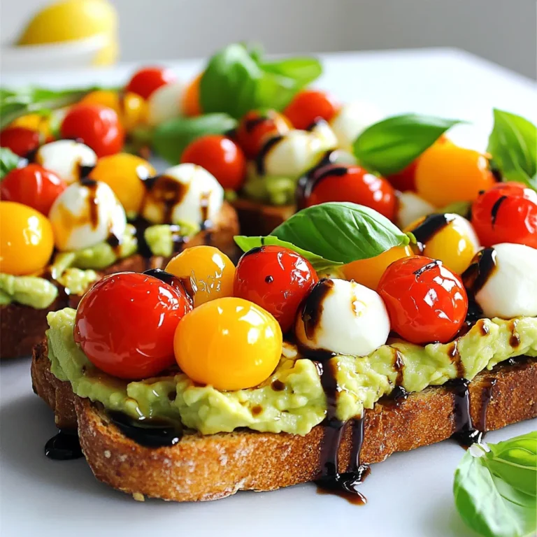 To make Caprese Avocado Toast, you need some fresh and simple ingredients. Here is what you will need: - 2 ripe avocados - 1 cup cherry tomatoes, halved - 1 cup fresh mozzarella balls, halved - 1 tablespoon balsamic glaze - 1 tablespoon extra-virgin olive oil - 1 teaspoon fresh basil, chopped (plus more for garnish) - Sea salt to taste - Freshly cracked black pepper to taste - 4 slices of your favorite bread (sourdough or whole grain recommended) Using fresh ingredients is key. Avocados should be ripe but firm. This gives a creamy texture without being mushy. Cherry tomatoes add a sweet burst. Fresh mozzarella gives a soft, milky flavor. Balsamic glaze brings a nice tang. Olive oil adds smoothness. Basil gives a fresh touch. For bread, sourdough is crusty and chewy. Whole grain is hearty and healthy. Choose what you love! Enjoy mixing these flavors together. Each bite will be fresh and delicious. Start by taking your favorite bread, like sourdough or whole grain. Place the slices in a toaster or on a hot grill. Toast until they are golden brown and crispy. This step gives your toast a nice crunch. It also helps the toppings stay put. The warm bread makes every bite better. Next, grab two ripe avocados. Cut them in half and scoop out the green flesh. Place the avocado in a bowl. Use a fork to mash it up. Aim for a creamy texture, but keep it a bit chunky. Add a pinch of sea salt and freshly cracked black pepper. Mix well to bring out the flavor. This creamy layer is key to your toast. In another bowl, take one cup of halved cherry tomatoes and one cup of halved mozzarella balls. Add one tablespoon of extra-virgin olive oil and one teaspoon of chopped fresh basil. Sprinkle in a pinch of salt and pepper. Gently stir the mixture. This blend of flavors adds freshness to your toast. It looks great and tastes even better when you layer it on top of the avocado. Choose ripe avocados for your toast. A ripe avocado feels slightly soft when you press it. Look for even skin color and avoid any dark spots. If your avocados are hard, let them sit at room temperature for a few days. This ripening process allows the fruit to develop that creamy texture you want. Toasting the bread correctly makes a big difference. Use sourdough or whole grain for great flavor. Toast until golden brown and crispy. This step gives you a solid base for your toppings. If you have a toaster oven, it can be really handy here. Don’t rush this step; good toast is key! Make your Caprese avocado toast even better with seasonings. Try adding a sprinkle of red pepper flakes for heat. A touch of garlic powder can also bring out the flavor. If you love citrus, squeeze some lemon juice over the avocado. This not only adds flavor but also prevents browning. Experiment with these ideas to find your perfect mix! {{image_2}} If you want more protein, add grilled chicken or tofu. Chicken adds heartiness and flavor. Simply slice cooked chicken and place it on top. For tofu, use firm tofu. Slice it and grill or pan-fry until golden brown. This gives a nice texture and taste. Both options enhance the toast and make it more filling. For a vegetarian twist, you can use goat cheese or feta instead of mozzarella. Both bring a tangy flavor. If you are vegan, skip the cheese and add nutritional yeast for a cheesy taste. You can also try hummus as a spread. It adds creaminess and pairs well with the tomatoes and avocado. The bread choice can change the whole dish. Sourdough is great for a crunchy texture. Whole grain is healthy and adds a nutty flavor. You can even use gluten-free bread if needed. Try pita bread for a fun twist. The bread you choose can make your Caprese avocado toast unique and delicious. If you have leftover Caprese avocado toast, store it in a container. Keep it in the fridge. Use an airtight container to keep it fresh. The avocado may brown a bit, but it will still taste good. Try to eat leftovers within one day for best flavor. Freezing this toast is not ideal. Bread can freeze well, but toppings do not. If you want to freeze, store only the toasted bread. Wrap it tightly in plastic wrap. Place it in a freezer bag. Use it within one month for best quality. To reheat, you can use a toaster or oven. If using a toaster, toast the bread until warm. For the oven, preheat it to 350°F. Place the bread on a baking sheet. Heat for about 5–7 minutes. Add fresh toppings after reheating for best taste. You can prepare parts of this dish ahead of time. However, I suggest waiting to assemble it until right before serving. The toasted bread stays crisp, and the toppings taste fresh. You can mash the avocado and mix the tomato and mozzarella a few hours in advance. Just keep them in separate containers in the fridge. If you don’t have mozzarella, don’t worry! You can use feta cheese for a tangy twist. Goat cheese also works well and adds creaminess. For a dairy-free option, try using vegan mozzarella or even avocado slices for extra creaminess. To keep your avocado bright green, add lemon juice or lime juice. The acidity helps slow down oxidation. You can also store the mashed avocado in an airtight container and press plastic wrap directly onto the surface. This limits air contact and helps it stay fresh longer. This blog post covered how to make Caprese Avocado Toast. We explored key ingredients like avocados, cherry tomatoes, and mozzarella. I shared simple steps for toasting bread and mixing fresh ingredients. We also discussed tips for selecting avocados and achieving tasty toast. Options for protein and storage were included, plus answers to common questions. Enjoy making this dish your own. It's easy, fun, and delicious!