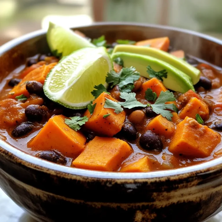- 2 medium sweet potatoes, peeled and diced - 1 can (15 oz) black beans, drained and rinsed - 1 can (15 oz) diced tomatoes (with juice) - 1 cup vegetable broth - 1 medium onion, diced - 2 cloves garlic, minced - 1 bell pepper (any color), diced - 1 tablespoon chili powder - 1 teaspoon cumin - 1 teaspoon smoked paprika - ½ teaspoon cayenne pepper (adjust to taste) - Salt and pepper to taste - 1 tablespoon olive oil You need fresh sweet potatoes. They add a nice sweetness. Black beans provide protein and fiber. Diced tomatoes give a rich base. Vegetable broth makes it hearty. Chop an onion and mince garlic for flavor. A bell pepper adds color and crunch. The spice mix includes chili powder, cumin, smoked paprika, and cayenne pepper. Adjust the cayenne to fit your taste. Add salt and pepper for balance. Finally, olive oil helps sauté the onion and bell pepper, adding depth to the dish. - Avocado slices - Chopped cilantro - Shredded cheese - Lime wedges Toppings can enhance your chili. Creamy avocado slices add smoothness. Chopped cilantro offers fresh notes. Shredded cheese brings richness. Lime wedges add a zesty kick. These toppings make your chili look great and taste even better. - Heat olive oil in a skillet over medium heat. - Add diced onion and bell pepper. Cook until soft, about 5 minutes. - Stir in minced garlic. Cook for 1 more minute until fragrant. Now you have a great base for your chili. The onion and bell pepper add sweetness, while garlic gives it depth. - Layer diced sweet potatoes at the bottom of the slow cooker. - Add the sautéed onion, bell pepper, and garlic mixture on top. - Pour in the black beans and diced tomatoes with their juice. These layers build flavor and texture. The sweet potatoes will become tender and soak up all the spices. You have two options for cooking: low or high. On low, cook for 6 to 8 hours. On high, it takes 3 to 4 hours. - For thicker chili, cook uncovered on high for the last 30 minutes. This allows some liquid to evaporate, giving you a hearty chili. Adjust the times based on your preference. Enjoy the aroma filling your kitchen! You can easily adjust the spices to match your taste. If you like it spicy, add more cayenne pepper. For a deeper flavor, try adding a splash of lime juice. It brightens the dish and pairs well with the sweet potatoes. You can also add a dash of hot sauce for an extra kick. For aroma-boosting techniques, consider sautéing spices in the olive oil with the onion and bell pepper. This will release their natural oils and flavors. The scent will fill your kitchen and make your mouth water! If you want a thicker chili, a few options exist. You can mash some of the sweet potatoes with a fork after cooking. This creates a creamy texture and thickens the chili. Alternatively, cook it uncovered on high for the last 30 minutes. This allows some liquid to evaporate, making the chili heartier. Adjust the cooking time if needed. If you prefer firmer sweet potatoes, set the slow cooker on low for 6 hours. If you want them softer, cook on high for 4 hours. Always check for tenderness before serving. This chili pairs well with many side dishes. Cornbread is a classic choice that complements the flavors. You could also serve it with rice or quinoa for a filling meal. For a creative presentation, use bowls that showcase the colors. Top the chili with avocado slices, cilantro, and a lime wedge. You can even serve it with tortilla chips for a fun crunch! {{image_2}} You can swap beans or veggies for more variety. If you don’t have black beans, use kidney or pinto beans. For extra crunch, add corn or zucchini. These swaps keep the dish fresh and fun. Changing spices helps create new flavors. Try adding oregano for a more Italian vibe. Or, sprinkle in some chili flakes for extra heat. Each choice makes your chili unique. This chili is vegan and gluten-free. It fits many diets, making it a great choice. If you want lower sodium, use low-sodium broth and tomatoes. You can also skip added salt to keep it healthy. Switching to fresh herbs instead of salt can add flavor without worry. Fresh cilantro or basil can brighten each bite. Serving chili over rice or quinoa makes it filling. Both grains soak up the sauce well. You can also use it as a filling for wraps or tacos. Just scoop some chili into a tortilla and add toppings. Try topping with avocado slices and lime wedges. They add creaminess and tang. You can even serve it with cornbread on the side for a cozy meal. After cooking your chili, let it cool before storing. Place it in an airtight container. This keeps it fresh. You can store it in the fridge for about 4 to 5 days. If you notice any strange smell or color, it’s best to toss it out. Always trust your senses when it comes to food safety! To freeze your chili, use a freezer-safe container. You can also use freezer bags. Make sure to leave some space in the container. This allows the chili to expand when frozen. It can last up to 3 months in the freezer. When you're ready to eat, thaw it overnight in the fridge. Then reheat it on the stove or in the microwave. For reheating, you have a few options. You can use a microwave, stove, or slow cooker. If using the microwave, heat it in short bursts. Stir in between to get even warmth. If using the stove, place it in a pan over medium heat. Stir often to keep it from sticking. The slow cooker is also a great choice. Set it on low until it’s hot. This helps keep the flavors rich and tasty. Yes, you can easily make this chili on the stovetop. Start by sautéing the onion and bell pepper in a pot with olive oil over medium heat. Cook until they soften, about five minutes. Add the minced garlic and stir for one more minute. Next, add the diced sweet potatoes, black beans, diced tomatoes, vegetable broth, and all the spices. Bring the mixture to a boil, then reduce the heat to low. Cover the pot and simmer for about 30 to 40 minutes, or until the sweet potatoes are tender. To add more heat to your chili, you have a few options. You can increase the amount of cayenne pepper in the recipe. Start with an extra ½ teaspoon, then taste it. If you want more spice, keep adding a little at a time. You can also add sliced jalapeños or a splash of hot sauce to the mix. Another option is to serve the chili with spicy toppings, like pickled jalapeños or a sprinkle of chili flakes. Chili pairs well with many side dishes. Here are a few ideas: - Cornbread for a sweet touch. - Rice or quinoa for a filling meal. - A fresh green salad for a light contrast. - Tortilla chips for a crunchy side. These sides can help balance the flavors of the chili and make your meal more enjoyable. Leftover chili can last in the fridge for about 3 to 5 days. Be sure to store it in an airtight container to keep it fresh. If you want to keep it longer, consider freezing the chili. It can last in the freezer for about 3 months. Just remember to label the container with the date for easy tracking. When you reheat it, make sure it gets hot all the way through to ensure safety. This blog post covers a delicious chili recipe with sweet potatoes and black beans. You learned about key ingredients, simple preparation steps, and cooking times. I shared tips for enhancing flavor, perfecting texture, and creative serving ideas. You now know how to adjust the recipe for different diets and how to store leftovers properly. Make this chili your own! Enjoy experimenting with flavors and toppings. Whether you serve it alone or alongside rice, this dish is sure to please. Cook with joy!
