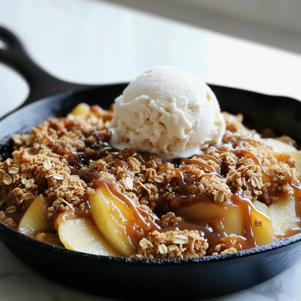 To make the Caramel Apple Crisp Skillet, you need the following ingredients: - 4 medium Granny Smith apples, peeled, cored, and sliced - 1 cup brown sugar - 1 teaspoon ground cinnamon - 1/2 teaspoon nutmeg - 1 tablespoon lemon juice - 1 cup rolled oats - 1/2 cup all-purpose flour - 1/2 cup cold unsalted butter, cubed - 1/2 cup chopped walnuts or pecans (optional) - 1/2 cup caramel sauce (store-bought or homemade) - Vanilla ice cream for serving Each ingredient plays a key role. The Granny Smith apples bring tartness, while brown sugar adds sweetness. Ground cinnamon and nutmeg offer warmth and spice. Lemon juice brightens the apple flavor. Rolled oats and flour form the topping, giving it texture. Cold butter ensures a crumbly crisp. Optional nuts add crunch. Caramel sauce enhances the dessert with rich sweetness. Finally, vanilla ice cream creates a creamy contrast. This combination makes each bite a delightful experience. You can customize the recipe by adding your favorite nuts or changing the ice cream flavor. - Preheat oven to 350°F (175°C). - Warm the cast-iron skillet in the oven. Start by heating your oven. It needs to be at the right temperature. While it warms up, place your cast-iron skillet inside. This helps to get it nice and hot, which is key for the crisp. - Combine sliced apples with brown sugar, cinnamon, nutmeg, and lemon juice. Next, grab four medium Granny Smith apples. Peel, core, and slice them. In a large bowl, mix the apple slices with one cup of brown sugar, one teaspoon of ground cinnamon, half a teaspoon of nutmeg, and one tablespoon of lemon juice. Toss everything well. This mixture adds a sweet and spicy flavor that makes your dessert pop. - Mix oats and flour, then add butter and optional nuts. - Blend until crumbly. Now, let’s make the topping. In another bowl, mix one cup of rolled oats with half a cup of all-purpose flour. Then, add half a cup of cold, cubed unsalted butter. You can also throw in half a cup of chopped walnuts or pecans if you want. Use a pastry cutter or your fingers to blend everything. You want it to look like coarse crumbs. This will give your dessert a nice crunch. - Spread apple mixture in warm skillet. - Sprinkle topping and bake. Take the hot skillet out of the oven. Carefully spread the apple mixture evenly in the skillet. Then, sprinkle the crisp topping over the apples. Put the skillet back in the oven. Bake for 25 to 30 minutes. You want the apples to be bubbly and the topping to turn golden brown. - Drizzle caramel and return to oven. - Let cool before serving. Five minutes before you’re ready to serve, drizzle half a cup of caramel sauce over the top. Return the skillet to the oven for an extra five minutes. This melts the caramel and brings it all together. Once it’s out of the oven, let it cool a bit. Now, it’s ready to enjoy! Serve it warm with a scoop of vanilla ice cream. Granny Smith apples are the best choice for this dessert. They have a nice tart taste that balances the sweet caramel. Their firm texture holds up well during baking. This helps keep the apples from getting mushy. If you want alternatives, you can try Honeycrisp or Fuji apples. Both provide sweetness and work well in this dish. Mixing different types of apples can add more flavor too. To achieve the perfect topping, use cold butter. Cold butter helps create a crumbly and crunchy texture. When mixing, use a pastry cutter or your fingers. Work quickly to keep the butter cold. You can also add oats and nuts for more crunch. The oats give a hearty flavor, while nuts add a nice bite. Make sure to sprinkle the topping evenly. This ensures it cooks properly and turns golden brown. Serve your caramel apple crisp warm from the skillet. Top it with a scoop of vanilla ice cream. The cold ice cream melts into the warm dessert, creating a delightful mix. Drizzle extra caramel sauce over the top for added sweetness. You can pair this dish with hot cider or coffee. The warm drinks complement the rich flavors of the crisp. Enjoy this treat with family or friends for a cozy dessert experience. {{image_2}} You can use either walnuts or pecans in this recipe. Walnuts have a soft crunch and a mild taste. Pecans offer a sweeter, buttery flavor. Both work well in this dish. If you want to skip nuts, try using pumpkin seeds or sunflower seeds. They add nice crunch without allergens. To make this dish healthier, try swapping out some ingredients. You can use coconut sugar instead of brown sugar. It has a lower glycemic index. Instead of cold butter, try using coconut oil. This change can make the crisp lighter. For a gluten-free option, use almond flour in place of all-purpose flour. Want to spice things up? Add ground ginger or cloves to your apple mix. They give the dish a warm, cozy flavor. You can also mix in dried fruits like cranberries or raisins. They add a sweet chewiness that pairs well with apples. To keep your Caramel Apple Crisp Skillet fresh, use an airtight container. Glass or plastic containers work well. Make sure the dish has cooled before sealing it. You can store it in the fridge for up to five days. For the best texture, reheat your crisp in the oven. Preheat the oven to 350°F (175°C). Place the skillet inside for about 10-15 minutes. This will help the topping stay crunchy. If you need a quick option, use the microwave. Heat in short bursts of 30 seconds. Check often to avoid overheating. Enjoy your warm dessert again! Yes, you can use other apples. However, some types work better than others. I recommend using Granny Smith apples for their tartness. They balance the sweetness of the caramel sauce. You can also try Honeycrisp or Fuji apples. These apples hold their shape well and add great flavor. Avoid soft apples like Red Delicious. They can turn mushy when baked. Making homemade caramel sauce is easy! You need sugar, water, and butter. Start by heating one cup of sugar and a quarter cup of water in a pan. Stir until the sugar dissolves. Then let it boil without stirring until it turns a golden color. Remove from heat and add half a cup of butter. Stir until smooth. For a full recipe, you can check my caramel sauce guide. Yes, you can prep this dessert ahead. Slice the apples and mix them with sugar, spices, and lemon juice. Store this in the fridge for up to one day. Make the crisp topping and keep it separate. When you're ready, combine the two and bake. This keeps the topping crispy. Serve warm for the best taste. This blog shows you how to make a delicious apple crisp. We covered simple ingredients, step-by-step instructions, and handy tips. You learned about the best apples and ways to store leftovers. Now, you can enjoy this tasty dish with ice cream or create your own variations. Remember, cooking should be fun and easy. Enjoy your time in the kitchen, and share this recipe with friends!