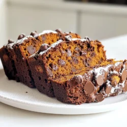 - 1 cup pumpkin puree - 1 cup granulated sugar - 1 cup semi-sweet chocolate chips Pumpkin puree gives the bread a moist texture and rich flavor. It adds a nice sweetness too. I often use canned pumpkin for ease, but fresh works great too. Granulated sugar adds sweetness and helps with browning. The semi-sweet chocolate chips melt beautifully, creating pockets of rich chocolate in every bite. - 1 1/2 cups all-purpose flour - 1/2 teaspoon baking soda - 1/2 teaspoon baking powder - 1/2 cup unsweetened cocoa powder All-purpose flour provides structure. It helps the bread rise and keeps it fluffy. Baking soda and baking powder are key for leavening. They make the bread light and airy. Cocoa powder gives the bread its deep chocolate flavor. It also adds a nice color. - 1 teaspoon ground cinnamon - 1/2 teaspoon ground nutmeg - 1/4 teaspoon ground ginger - 1 teaspoon vanilla extract - 1/2 cup chopped walnuts (optional) Spices like cinnamon, nutmeg, and ginger add warmth and depth. They make every bite feel cozy. Vanilla extract brings all the flavors together, adding a sweet aroma. Walnuts give a crunchy texture, but they are optional. If you like nuts, I recommend using them for a great contrast. First, you need to preheat the oven to 350°F (175°C). This step is crucial for even cooking. Next, grab a 9x5 inch loaf pan. Grease it well or line it with parchment paper. This will help the bread come out easily after baking. In a large bowl, combine 1 cup of pumpkin puree, 1/2 cup of vegetable oil, 1 cup of granulated sugar, and 1/2 cup of brown sugar. Whisk these ingredients until they mix well. Then, add 2 large eggs and 1 teaspoon of vanilla extract. Keep whisking until the mixture is smooth and creamy. For the dry mix, take another bowl. Sift together 1 1/2 cups of all-purpose flour, 1/2 teaspoon of baking soda, 1/2 teaspoon of baking powder, and 1/2 cup of cocoa powder. Also, add 1 teaspoon of ground cinnamon, 1/2 teaspoon of ground nutmeg, 1/4 teaspoon of ground ginger, and 1/4 teaspoon of salt. Sifting makes the flour light and helps the bread rise. Now, it's time to combine the wet and dry mixes. Gradually add the dry mix to the wet mix. Stir gently until just combined. Be careful not to overmix! Once mixed, fold in 1 cup of semi-sweet chocolate chips and 1/2 cup of chopped walnuts, if you want them. This adds great texture and flavor to the bread. Pour the batter into your prepared loaf pan. Smooth the top with a spatula. Now, place it in the oven. Bake for 55-65 minutes. To check if it’s done, insert a toothpick into the center. If it comes out clean, the bread is ready. After baking, let it cool in the pan for about 10 minutes. Then, transfer it to a wire rack to cool completely. To make the best double chocolate pumpkin bread, avoid overmixing. When you combine the wet and dry ingredients, stir gently. You want to mix just until you see no dry flour. Overmixing can make the bread tough. Next, check your baking time for moisture. Every oven is different. Start checking around 55 minutes. Insert a toothpick into the center. If it comes out clean, your bread is ready. If not, give it another 5 to 10 minutes. Serve your double chocolate pumpkin bread warm for the best taste. A smear of cream cheese adds a rich flavor. You can also try butter for a nice touch. Dust the top with powdered sugar before serving. This simple step makes it look pretty and adds a little sweetness. Garnishing can make your bread even more appealing. Try adding some chocolate chips on top. A few chopped walnuts can also add a nice crunch. Use attractive serving plates to present your bread. A simple white plate can make the colors pop. If you have a wooden board, that can give a rustic feel. {{image_2}} You can switch up the chocolate in this recipe. Try using dark chocolate chips instead of semi-sweet. You can even use milk chocolate for a sweeter taste. For oils, you might replace vegetable oil with melted coconut oil. It brings a nice flavor too. If you want to cut down on sugar, use coconut sugar or maple syrup. These swaps can change the taste while keeping it tasty. Adding seasonal ingredients makes this bread even better. You can toss in dried cranberries or chopped pecans for a nice crunch. They add flavor and texture. For a festive touch, try adding spices like cloves or allspice. These spices can warm up the bread and give it a holiday feel. If you need gluten-free bread, swap the all-purpose flour for gluten-free flour. Make sure it has a good blend for baking. For a vegan option, you can use flax eggs. Mix one tablespoon of ground flaxseed with three tablespoons of water. Let it sit until it thickens. This will bind your ingredients just like eggs do. These options allow everyone to enjoy this delicious bread! To keep your Double Chocolate Pumpkin Bread fresh, let it cool completely. Then, wrap it tightly in plastic wrap. You can also place it in an airtight container. This method keeps the bread moist. Store it at room temperature for up to three days. For longer storage, move it to the fridge. This will keep it fresh for about a week. Freezing is a great way to save your bread for later. First, slice the bread if you want single servings. Wrap each slice in plastic wrap. Then, place the slices in a freezer bag or container. Make sure to remove as much air as possible. This helps prevent freezer burn. You can freeze it for up to three months. To thaw, take out the slices and leave them at room temperature. You can also use the microwave for quick thawing. Just heat on low in short bursts until warm. To reheat your Double Chocolate Pumpkin Bread, use the oven for best results. Preheat the oven to 350°F (175°C). Place the bread on a baking sheet. Heat for about 10-15 minutes until warm. You can also use a microwave. Heat for about 15-20 seconds. Once heated, serve it warm. A smear of cream cheese or a pat of butter makes it even better. Dust with powdered sugar for a sweet touch. Yes, you can use fresh pumpkin puree. Fresh pumpkin gives a different texture and flavor. It tends to be less sweet than canned pumpkin. This can make your bread taste a bit more natural. To prepare fresh puree, start by roasting a small pumpkin. Cut it in half and remove the seeds. Bake the halves at 350°F for about 45 minutes. Once soft, scoop out the flesh and blend it until smooth. This fresh puree will add a lovely taste to your Double Chocolate Pumpkin Bread. Double Chocolate Pumpkin Bread lasts about 3 to 4 days at room temperature. Keep it in an airtight container to keep it fresh. If you want to make it last longer, put it in the fridge. In the fridge, it can last up to a week. Just remember that it may dry out a bit in cold air. When you want to eat it, let it sit at room temperature for a bit before serving. Yes, you can turn this bread recipe into muffins! Just use a muffin tin instead of a loaf pan. This will give you quick and easy servings. Bake the muffins for about 18 to 20 minutes. Check them with a toothpick to see if they are done. If it comes out clean, they are ready! A standard muffin tin works great. You can also use mini muffin tins for bite-sized treats. Enjoy your Double Chocolate Pumpkin Muffins anytime! Double chocolate pumpkin bread is a true delight. You learned the key ingredients and how to mix them to create a rich, moist loaf. We discussed tips to perfect your dish and ways to serve it. You can even explore variations for different tastes or diets. Lastly, I offered storage tips to keep your bread fresh. Embrace your baking journey with this recipe and enjoy a treat that combines the best of fall flavors with a chocolate twist. Your kitchen will smell amazing!