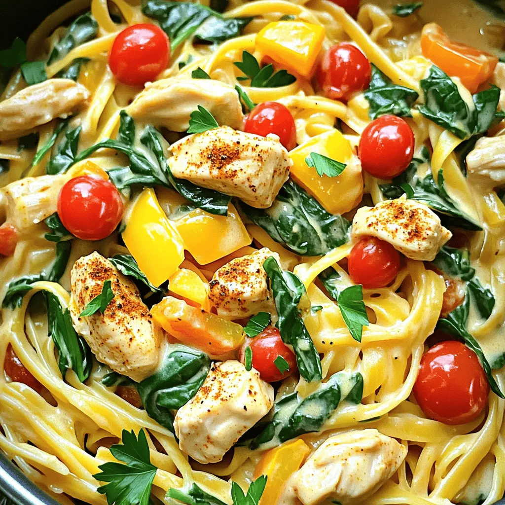 - 2 boneless, skinless chicken breasts, diced - 2 tablespoons Cajun seasoning - 1 tablespoon olive oil - 1 bell pepper (red or yellow), diced - 1 small onion, chopped - 3 cloves garlic, minced - 1 cup chicken broth - 1 cup heavy cream - 300g linguine pasta - 1 cup cherry tomatoes, halved - 1 cup fresh spinach - Salt and pepper to taste In this dish, chicken, pasta, and fresh veggies shine. The chicken provides protein while the pasta serves as a hearty base. I love using linguine because it holds sauce well. The bell pepper and onion add sweetness and crunch. Garlic gives a fragrant punch that enhances all flavors. - 2 tablespoons Cajun seasoning - 1 cup chicken broth - 1 cup heavy cream Cajun seasoning brings spice and depth. It features flavors like paprika, garlic, and pepper. Chicken broth adds moisture and richness to the dish. The heavy cream contributes a velvety texture that makes every bite creamy. - Fresh parsley, chopped for garnish Garnish with fresh parsley for color and brightness. It adds a touch of earthiness that rounds out the dish. You can also try adding grated cheese or a squeeze of lemon for extra flavor. First, heat 1 tablespoon of olive oil in a large pot over medium heat. Add 2 diced chicken breasts to the pot. Sprinkle 2 tablespoons of Cajun seasoning over the chicken. Sauté the chicken for about 6 to 8 minutes. Cook it until it turns brown and is cooked through. Once done, remove the chicken from the pot and set it aside. Next, in the same pot, add 1 small chopped onion, 1 diced bell pepper, and 3 minced garlic cloves. Sauté the vegetables for about 3 to 4 minutes. You want them to soften but not brown. This step builds great flavor for your dish. Now, pour in 1 cup of chicken broth. Be sure to scrape any bits stuck to the pot. This adds more flavor! After that, stir in 1 cup of heavy cream. Then, add 300 grams of linguine pasta, making sure it is fully submerged in the liquid. Bring the mixture to a simmer. Cook for about 10 to 12 minutes. Stir occasionally until the pasta is al dente and has absorbed most of the liquid. Finally, return the cooked chicken to the pot. Now, fold in 1 cup of fresh spinach and 1 cup of halved cherry tomatoes. Cook for an additional 2 to 3 minutes. This will help the spinach wilt and warm the tomatoes. Adjust the seasoning with salt and pepper. If you want more heat, add extra Cajun seasoning. Serve your creamy Cajun chicken pasta hot, and enjoy the delightful flavors! For great results, heat your olive oil well. This helps the chicken cook evenly. When you sauté the chicken, make sure to stir it often. This keeps it from sticking and browning nicely. After cooking the chicken, remove it from the pot. This keeps it juicy and tender. Next, sauté your onions, bell peppers, and garlic. Cook them until they soften. This takes about 3 to 4 minutes. Don’t rush this step, as it builds flavor. To boost the flavor, consider adding a squeeze of fresh lemon juice. This brightens the dish and balances the creaminess. You can also mix in a bit of smoked paprika. It adds depth and smokiness. For a touch of sweetness, try adding a few sliced carrots or sweet corn. These additions make the dish even more delicious. Fresh herbs like thyme or basil can also enhance the taste. Stir them in right before serving. Cooking pasta in the same pot is key. It absorbs all the flavors. When you add the linguine, stir it well to ensure even cooking. Keep an eye on the time. Cooking should take about 10 to 12 minutes for al dente pasta. You want it firm to the bite. If it cooks too long, it can become mushy. After mixing in the chicken and veggies, let everything heat for a few minutes. This allows the flavors to meld together. {{image_2}} You can change up the protein in this dish. If you want shrimp, it cooks fast. Just sauté shrimp in the pot for about 3-4 minutes until pink. You can also use sausage. Slice it and cook it like chicken. The rich flavors of sausage add depth to the dish. For both options, use the same Cajun seasoning. This keeps the dish flavorful and fun. Want it meat-free? No problem! Replace chicken with extra veggies like zucchini or mushrooms. You can also add chickpeas for protein. When you sauté the veggies, cook them until soft. Then follow the same steps with broth and cream. This keeps the creamy texture and flavor. You won't miss the meat at all. If you like it spicy, add more Cajun seasoning. Start with a small amount and taste as you go. You can also add red pepper flakes for more heat. For less spice, cut back on the Cajun mix. Adding more cream can also tone it down. This way, you control the heat and keep it tasty. To keep your One-Pot Creamy Cajun Chicken Pasta fresh, store it in an airtight container. Make sure it cools down first. This dish stays good in the fridge for about 3 to 4 days. When you want to eat it, just take it out and check for any signs of spoilage. When reheating, you want to keep that creamy texture. Use a skillet or a pot over low heat. Add a splash of chicken broth or cream to help it stay smooth. Stir it gently until it warms up. This way, your dish won’t dry out and will taste just as good. Freezing is a great option for this dish. First, let it cool completely. Then, place it in a freezer-safe container. You can freeze it for up to 2 months. When you want to eat it, move it to the fridge to thaw overnight. Reheat it slowly on the stove, adding liquid as needed. This keeps the creamy goodness intact. To add more heat, use extra Cajun seasoning. Start with one teaspoon more. You can also add diced jalapeños or red pepper flakes. For a different flavor, consider adding hot sauce. Just remember to taste as you go. This way, you can control the heat level. Yes, you can use other pasta shapes. Penne, fusilli, or even spaghetti work well. Just keep an eye on cooking times. Thicker pasta may need a bit longer to cook. Always make sure the pasta is al dente for the best texture. This dish lasts about 3 to 4 days in the fridge. Store it in an airtight container. When reheating, add a splash of cream or broth. This will keep it creamy and delicious. If you see any signs of spoilage, it's best to discard it. One-Pot Creamy Cajun Chicken Pasta is an easy dish that packs flavor. We covered the main ingredients like chicken, pasta, and spices. You learned how to cook it step-by-step. Tips on timing and texture help ensure success. I shared ways to adapt the recipe with different proteins or make it vegetarian. Store your leftovers correctly for future meals. Now, you have all the tools to make this dish shine in your kitchen. Enjoy your cooking adventure!