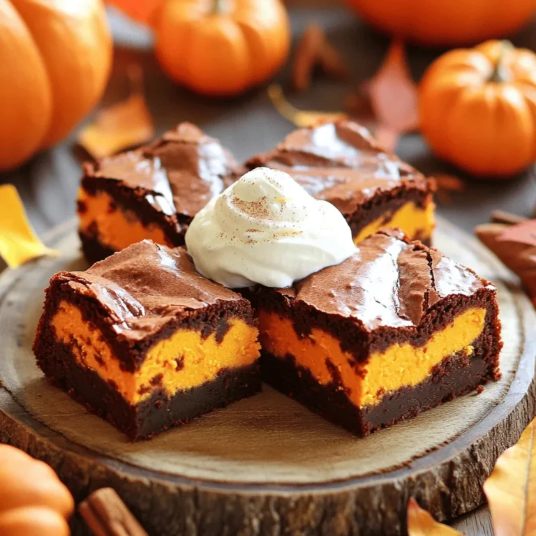 - 1 cup canned pumpkin puree - 1 cup granulated sugar - 1/2 cup vegetable oil - 2 large eggs - 1 teaspoon vanilla extract These main ingredients create a rich and moist base for the brownies. The pumpkin adds a wonderful flavor and texture. The sugar helps balance the flavors and makes them sweet. The vegetable oil keeps the brownies soft, while the eggs bind everything together. Lastly, the vanilla extract brings warmth to the taste. - 1 cup all-purpose flour - 1/2 cup unsweetened cocoa powder - 1 teaspoon baking powder - 1/2 teaspoon baking soda - 1/2 teaspoon salt - 1 teaspoon pumpkin pie spice The dry ingredients give the brownies structure. Flour creates the base, while cocoa powder gives the brownies their chocolatey taste. Baking powder and baking soda help them rise, making them fluffy. Salt enhances all the flavors, and pumpkin pie spice adds a hint of warmth and fall flavor. - 8 oz cream cheese, softened - 1/4 cup powdered sugar - 1 tablespoon milk - 1/4 teaspoon vanilla extract This cream cheese layer adds a delightful twist. The soft cream cheese creates a smooth and rich texture. Powdered sugar sweetens the layer, while milk helps it blend. The vanilla extract gives it a lovely flavor that complements the pumpkin. Together, this layer makes the brownies extra special. Preheat your oven to 350°F (175°C). This is the perfect temperature to bake brownies. Next, take a 9x9 inch baking pan. You can grease it well or line it with parchment paper. Both methods help the brownies come out easily. In a large bowl, mix the wet ingredients first. Combine 1 cup of pumpkin puree, 1 cup of granulated sugar, 1/2 cup of vegetable oil, 2 large eggs, and 1 teaspoon of vanilla extract. Whisk it all together until smooth. In another bowl, sift together the dry ingredients. This includes 1 cup of all-purpose flour, 1/2 cup of cocoa powder, 1 teaspoon of baking powder, 1/2 teaspoon of baking soda, 1/2 teaspoon of salt, and 1 teaspoon of pumpkin pie spice. Gradually add the dry mix to the wet mix. Stir until just combined. Avoid overmixing to keep your brownies soft. In a separate bowl, beat together 8 ounces of softened cream cheese, 1/4 cup of powdered sugar, 1 tablespoon of milk, and 1/4 teaspoon of vanilla extract. Mix until it’s creamy and smooth. Now, it’s time to add this layer. Pour half of the brownie batter into the prepared pan. Spread it evenly. Then, spoon the cream cheese mixture over the brownie batter. Be gentle when spreading it. You don’t want to mix the layers yet. Pour the remaining brownie batter over the cream cheese layer. Use a knife to swirl the two layers together. This creates a nice marbled look. Now, place the pan in the preheated oven. Bake for 30 to 35 minutes. Check if they are done by inserting a toothpick. It should come out with a few moist crumbs but not wet batter. Once baked, remove the pan from the oven. Let it cool for at least 30 minutes before cutting. To serve, slice the brownies into squares. You can add a dollop of whipped cream on top for extra joy. A sprinkle of cinnamon also makes it look fancy! You can swap some ingredients for healthier options. Use applesauce instead of vegetable oil for less fat. If you want less sugar, try using a sugar substitute. You can also use whole wheat flour instead of all-purpose flour for added fiber. If you're dairy-free, use a vegan cream cheese to keep the taste creamy. To get the best texture, avoid overmixing your batter. Mix just until the dry and wet ingredients combine. Overmixing can make the brownies tough. Also, make sure to not bake them too long. Check for doneness with a toothpick. It should come out with a few moist crumbs, but not wet batter. Make your brownies look special with a few simple touches. Add a dollop of whipped cream on top for creaminess. A sprinkle of cinnamon adds warmth and flavor. For a festive touch, place a small pumpkin or autumn leaves around the brownies on the plate. These small details make your treats shine! {{image_2}} You can make these brownies even better with fun add-ins. Try adding chopped nuts like walnuts or pecans for a nice crunch. Dark chocolate chips add rich flavor and sweetness. If you love spice, add a pinch of cinnamon or nutmeg. These little extras boost the taste and make each bite special. While the cream cheese layer is delicious, you can take it further. A classic cream cheese frosting pairs well, making each brownie even more indulgent. You can also try a simple glaze made of powdered sugar and milk. Drizzle it on top after they cool for a sweet finish. Both options make your brownies stand out. If you have dietary needs, you can still enjoy these brownies. For a gluten-free version, swap all-purpose flour with gluten-free flour. If you want vegan brownies, use flax eggs instead of regular eggs. Replace the cream cheese with a vegan cream cheese spread. These swaps let everyone enjoy this treat, no matter their diet. To keep your brownies fresh, store them in an airtight container. This prevents them from drying out. Place a piece of parchment paper between layers if you stack them. You can also wrap each square in plastic wrap for extra protection. Keep them in a cool, dry place. To freeze brownies, let them cool completely. Cut them into squares. Wrap each square tightly in plastic wrap. Then, place them in a freezer-safe bag or container. Label the bag with the date. To reheat, take one out and let it sit at room temperature for 30 minutes. You can also microwave it for 10-15 seconds for a warm treat. At room temperature, these brownies last about three days. If you store them in the fridge, they can stay fresh for up to a week. Freezing extends their life to three months. Always check for any signs of spoilage before enjoying them. To check if your brownies are done, look for a few signs. The edges pull away from the pan. The top looks set and slightly cracked. Use a toothpick to test the center. It should come out with a few moist crumbs, not wet batter. If it comes out clean, it may be overbaked. Yes, you can use fresh pumpkin. First, you must cook and puree the pumpkin. Fresh pumpkin can have more water than canned. To adapt, you may need to reduce other liquids in the recipe. Start by draining the puree. This will help get the right texture. These brownies pair well with many treats. Consider serving them with whipped cream on top. A scoop of vanilla ice cream also works great. For drinks, a warm cup of coffee or tea complements the flavors. You can also try a spiced chai for a cozy touch. You now have all the ingredients and steps to make delicious pumpkin cream cheese brownies. Remember, the right mix of flavors and textures makes these treats special. Use our tips to swap ingredients or add your favorite flavors. Store extras wisely to enjoy later. With practice, you’ll bake brownies that impress everyone. Follow this guide, and you're on your way to dessert success. Happy baking!