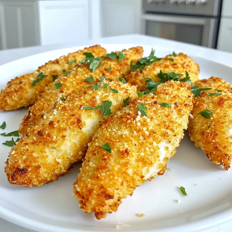 For this recipe, you need 1 pound of chicken tenders. Choose fresh or frozen. If using frozen, thaw them first. The coating is key to great taste. Gather these items: - 1 cup breadcrumbs (panko works best for extra crunch) - 1/2 cup grated Parmesan cheese - 1 teaspoon garlic powder - 1 teaspoon onion powder - 1/2 teaspoon dried oregano - 1/2 teaspoon paprika - 1/2 teaspoon salt - 1/4 teaspoon black pepper Mix these well in a shallow bowl. This blend gives the chicken a crispy and cheesy crust. We add flavor through seasonings. The garlic and onion powders give depth. Oregano and paprika add warmth. For garnish, use fresh parsley if you like. It adds a pop of color and freshness to your dish. Start by preheating your air fryer. Set it to 400°F (200°C) and let it warm up for about 5 minutes. This step helps the chicken tenders cook evenly and get that nice crispy texture. Next, grab a shallow bowl. In it, mix the following ingredients: - 1 cup breadcrumbs (panko is best for crunch) - 1/2 cup grated Parmesan cheese - 1 teaspoon garlic powder - 1 teaspoon onion powder - 1/2 teaspoon dried oregano - 1/2 teaspoon paprika - 1/2 teaspoon salt - 1/4 teaspoon black pepper Stir these together until they blend well. This mixture will give your chicken tenders a tasty crust. In another bowl, whisk together 2 large eggs and 1 tablespoon of olive oil. Dip each chicken tender into the egg mix first. Let any extra egg drip off. Then, coat it with the breadcrumb mixture. Press gently to make sure it sticks well. Repeat this for all the tenders. Place the coated chicken tenders in the air fryer basket. Make sure they are in a single layer. Don’t overcrowd them; you can cook in batches if needed. Air fry them for 10 to 12 minutes. Flip them halfway through to ensure they cook evenly. They are done when they turn golden brown and reach an internal temperature of 165°F (75°C). Once cooked, let them rest for a couple of minutes. If you like, add fresh parsley on top for a little color before serving. To make your chicken tenders extra crispy, choose panko breadcrumbs. They provide a light, crunchy texture. Also, spray a little olive oil on the coated tenders. This helps them brown nicely in the air fryer. Remember to not overcrowd the basket. Space allows hot air to circulate, which creates crispiness. Cook the chicken tenders in a single layer. Flip them halfway through cooking for even browning. This ensures every side gets that golden color. Use a meat thermometer to check the internal temperature. It should reach 165°F (75°C) for safe eating. If you have thicker tenders, they may need a few extra minutes. Serve these chicken tenders with a tasty dip. Options like honey mustard or ranch dressing work well. You can also pair them with a fresh salad or steamed veggies. For a fun twist, slide the tenders into a sandwich. Use soft bread and add lettuce and tomato. Enjoy your meal! {{image_2}} You can switch up the breadcrumbs for different textures. Panko gives a big crunch, but regular breadcrumbs work too. Try crushed cornflakes for a fun twist. They add a sweet, crispy layer. If you want a gluten-free option, use almond flour. It gives a nice flavor and crispy finish. To boost the taste, add spices to your mix. Try cayenne pepper for heat, or Italian herbs for more depth. You can also mix in some lemon zest for a fresh touch. If you love herbs, add fresh parsley or basil. It brightens the dish and makes it pop. If you don’t have an air fryer, you can bake these tenders. Preheat your oven to 425°F (220°C). Place the tenders on a baking sheet lined with parchment paper. Bake them for about 20 minutes, flipping halfway through. They won’t be as crispy, but they’ll still taste great. You can also pan-fry them in a skillet with some oil. Cook on medium heat until golden brown. After cooking your Air Fryer Parmesan Chicken Tenders, let them cool down. Place them in an airtight container. They stay fresh in the fridge for 3 to 4 days. Make sure to label the container with the date. This helps you keep track of how long they’ve been stored. You can freeze these chicken tenders for later enjoyment. First, let them cool completely. Then, arrange them in a single layer on a baking sheet. Freeze for about 1 hour. After that, transfer them to a freezer-safe bag or container. They can last for up to 2 months in the freezer. Just remember to label your bags with the date. To reheat your chicken tenders, use your air fryer for the best results. Preheat it to 375°F (190°C). Arrange the tenders in a single layer. Cook for about 5 to 7 minutes until they are hot and crispy. You can also use an oven. Set it to 375°F (190°C) and bake for 10 to 15 minutes. Enjoy your crispy delight! If you need a substitute for Parmesan cheese, try using Pecorino Romano. It has a similar flavor but is saltier and sharper. You can also use nutritional yeast for a dairy-free option. This adds a cheesy taste without the dairy. To check if chicken tenders are fully cooked, use a meat thermometer. The inside should reach 165°F (75°C). If you don't have a thermometer, cut a tender in half. The meat should be white and juices should run clear. Yes, you can make these tenders gluten-free! Use gluten-free breadcrumbs instead of regular ones. Look for panko-style gluten-free breadcrumbs for extra crunch. Also, check that your seasonings are gluten-free. In this post, we explored making delicious air fryer chicken tenders. We covered key ingredients, like chicken and coating mixtures, and shared step-by-step instructions. You learned tips for crispiness and even cooking, along with tasty variations and storage ideas. Remember to try different breadcrumbs for unique flavors. Enjoy these tender bites with your favorite sides. Cooking can be fun and tasty at home. Get ready to impress everyone with your skills!