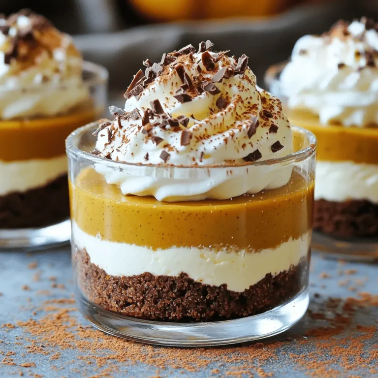 - 1 cup graham cracker crumbs - 1/4 cup unsweetened cocoa powder - 1/2 cup melted butter - 8 oz cream cheese, softened - 1 cup pumpkin puree - 1/2 cup powdered sugar - 1 teaspoon vanilla extract - 1 teaspoon pumpkin pie spice - 1 cup whipped cream - Chocolate shavings for garnish - Extra pumpkin spice for dusting You can swap graham cracker crumbs for crushed cookies. Oreos or digestive biscuits work well. If you want a gluten-free option, use gluten-free graham crackers. For cocoa powder, you can use carob powder for a different flavor. Instead of cream cheese, try vegan cream cheese or silken tofu for a dairy-free twist. If you don’t have whipped cream, use whipped coconut cream. You can also use agave or maple syrup instead of powdered sugar for a more natural sweetener. Choose high-quality cream cheese for the best texture. Look for brands that have a rich, creamy taste. When selecting pumpkin puree, check that it is pure pumpkin and not pumpkin pie filling. This ensures no extra sugars or spices that might alter the taste. For cocoa powder, a dark, unsweetened variety gives a richer chocolate flavor. Always pick fresh spices for enhanced aroma and taste. Finally, use real vanilla extract instead of imitation for a deeper flavor. To start, gather your ingredients for the crust. You need graham cracker crumbs, cocoa powder, and melted butter. In a bowl, mix the graham cracker crumbs with cocoa powder. Add the melted butter next. Stir until the crumbs are well coated. The mix should look like wet sand. Now, grab your cups or small jars. Spoon the crust mixture into each cup. Press it down firmly at the bottom. This makes a nice, even layer. Place the cups in the fridge while you make the filling. Next, let's create the filling. In a large bowl, add softened cream cheese. Use a hand mixer to beat it until smooth. This step is key for a creamy texture. Now, add pumpkin puree, powdered sugar, vanilla extract, and pumpkin pie spice. Mix well until everything is smooth and combined. The pumpkin will give a lovely flavor and color. After mixing, gently fold in the whipped cream. This keeps the filling light and airy. Be careful not to overmix; you want to maintain that fluffiness. Now comes the fun part: assembling the cups! Take the crust from the fridge. Carefully spoon the pumpkin cheesecake filling on top of the crust layer. Fill each cup almost to the top but leave a bit of space. Once filled, cover the cups with plastic wrap. Refrigerate them for at least four hours. This helps the cups set nicely. Before serving, add chocolate shavings on top. A light dusting of extra pumpkin spice makes it even better. Enjoy your delicious no-bake chocolate pumpkin cheesecake cups! To get a smooth and creamy texture, start with softened cream cheese. Cold cream cheese makes it hard to blend. Beat the cheese well before adding other ingredients. Mix in the pumpkin puree slowly to keep it light. When you fold in the whipped cream, do it gently. This keeps the mixture airy and fluffy. One common mistake is rushing the chilling time. These cups need at least four hours to set. If you skip this step, they won't hold their shape. Another mistake is overmixing the filling. This can make the texture dense and heavy. Lastly, ensure your crust is packed tightly. A loose crust can crumble when you serve. These cheesecake cups look great when served in clear jars. You can top them with chocolate shavings for a nice touch. A sprinkle of extra pumpkin spice adds flavor and color. For a festive look, add a small piece of chocolate on top. These cups pair well with coffee or tea, making them a perfect dessert for gatherings. {{image_2}} You can change the look and taste with toppings. Try adding fruit like berries or bananas. Crushed nuts add crunch and flavor. You can also drizzle caramel or chocolate sauce on top. For a festive touch, use whipped cream and sprinkle cinnamon or nutmeg. Each topping gives a new twist to the cheesecake cups. Feel free to swap the crust. Instead of graham crackers, use crushed cookies or nuts. Chocolate cookies make a rich base. For a gluten-free option, try almond flour or gluten-free cookies. You can also change the filling. Use sweet potato puree or another favorite pie filling. Each option brings its own charm. You can make this dessert dairy-free or vegan. Use plant-based cream cheese and whipped cream. Swap the butter for coconut oil or vegan butter. For the filling, you can use silken tofu blended until smooth. This will give you a creamy texture without dairy. Each of these options still tastes great and keeps the spirit of the dish. To keep your No Bake Chocolate Pumpkin Cheesecake Cups fresh, store them in the fridge. Use an airtight container to prevent any odors from other foods. If you can, place parchment paper between layers. This way, they will stay nice and neat. These cheesecake cups last well in the fridge for up to five days. If you want to enjoy them later, consider freezing them. Just be sure to cover them tightly to avoid freezer burn. To freeze the cheesecake cups, first let them set in the fridge. Once firm, wrap each cup in plastic wrap. Then, place them in a freezer-safe bag or container. They can stay in the freezer for up to three months. When ready to eat, let them thaw in the fridge overnight. Enjoy the flavors just as if they were fresh! Yes, you can switch up the crust. You can try using crushed Oreos or almond flour. Both options add a unique taste. If you want a gluten-free version, almond flour works great. Just make sure to mix it with melted butter like in the original recipe. You can tell the cups are set when they feel firm to the touch. After chilling for at least four hours, gently press the top. If it holds its shape, it's ready. The filling should not be jiggly. Yes, you can make these cups a day ahead. They store well in the fridge. Just cover them tightly with plastic wrap. This helps keep them fresh and tasty. It also gives the flavors more time to blend! In this blog post, we covered how to make delicious pumpkin cheesecake cups. You learned about the key ingredients, tips for choosing quality items, and ways to avoid common mistakes. We also explored various serving suggestions and storage options, ensuring you can enjoy these treats longer. Pumpkin cheesecake cups are fun and easy to customize. Enjoy making them your way and share with friends!