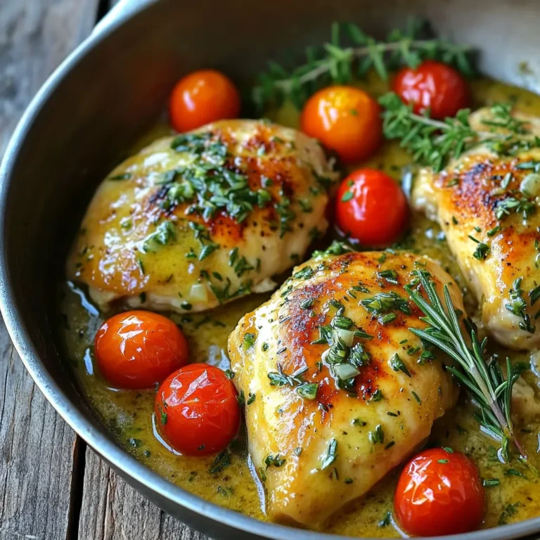 - 4 boneless, skinless chicken breasts (about 1.5 lbs) - Salt and pepper to taste - 4 tablespoons unsalted butter, divided - 6 cloves garlic, minced - 1 teaspoon fresh rosemary, chopped (or 1/2 teaspoon dried) - 1 teaspoon fresh thyme, chopped (or 1/2 teaspoon dried) - 1 cup chicken broth - 1 tablespoon lemon juice - 1 cup cherry tomatoes, halved - Fresh parsley, chopped (for garnish) You can swap chicken breasts for thighs. They stay juicy and add great flavor. If you lack fresh herbs, dried ones work fine. Use half the amount. Instead of lemon juice, try white wine or vinegar for acidity. If you want a creamier sauce, add a splash of heavy cream. One serving of garlic butter chicken provides about: - Calories: 350 - Protein: 30g - Carbohydrates: 10g - Fat: 20g - Fiber: 2g This dish is rich in protein and flavor, making it a balanced meal. Adjust the portion size to fit your dietary needs. First, take your chicken breasts. Season both sides with salt and pepper. This small step adds great flavor. Make sure the chicken is dry. This helps it brown nicely. Heat a large skillet over medium-high heat. Add 2 tablespoons of butter. Once melted, place the chicken in the skillet. Cook for 6-7 minutes on each side. The chicken should be golden brown and reach 165°F. When done, move the chicken to a plate and set it aside. In the same skillet, add the last 2 tablespoons of butter. Let it melt. Add minced garlic, fresh rosemary, and thyme. Stir and sauté for 1-2 minutes. The garlic should smell nice but not burn. This sauce is the heart of the dish. Pour in the chicken broth and lemon juice. Use a wooden spoon to scrape the bottom. This step helps lift all those tasty bits stuck to the pan. Let it simmer for 3-4 minutes, reducing slightly. This adds depth to your sauce. Now, stir in the halved cherry tomatoes. Cook them for 2-3 minutes until they soften. They will burst with flavor. This adds a fresh touch to the dish. Finally, return the cooked chicken breasts to the skillet. Spoon the sauce over them. Heat everything for another minute. Serve hot, garnished with fresh parsley. This dish is great over rice, pasta, or with crusty bread. Enjoy your meal! To make your chicken juicy, start with even thickness. Pound the breasts to about 1-inch thick. This helps them cook evenly. Always season with salt and pepper before cooking. Letting the chicken sit for 15 minutes helps flavors soak in. Use medium-high heat for cooking. This gives the chicken a nice golden crust. Cook for 6-7 minutes on each side. Check the internal temperature with a meat thermometer. You want it to reach 165°F (75°C). If you don’t have a thermometer, cut into the thickest part. The juices should run clear. Feel free to add spices to boost the flavor. Paprika adds warmth without heat. A pinch of red pepper flakes gives a nice kick. Try adding a teaspoon of Italian seasoning for a new twist. Fresh herbs like basil or oregano also work well. {{image_2}} You can easily add vegetables to this dish. Broccoli, spinach, and bell peppers work great. Just chop them into bite-sized pieces. Add them to the skillet when you cook the cherry tomatoes. This adds color and nutrients to your meal. Plus, it makes the dish more filling. You can switch up the herbs for new tastes. If you like basil, add it instead of rosemary. For a stronger flavor, try oregano. Fresh herbs give a bright taste to the garlic butter sauce. Dried herbs can also work if you don’t have fresh. Use half the amount for a great flavor. If you want to change the protein, you can use shrimp or tofu. For shrimp, cook them until they turn pink. For tofu, press it to remove water, then cube it. Both options soak up the garlic butter flavor well. This makes the dish versatile for different diets. To store leftovers, let the garlic butter chicken cool first. Place it in an airtight container. Store it in the fridge. It will stay good for up to three days. Make sure to keep the sauce with the chicken for best flavor. When you want to reheat, use a skillet for best results. Heat over medium-low heat. Add a splash of chicken broth to keep it moist. Stir often until it's hot. You can also use the microwave. Just cover it with a damp paper towel and heat in short bursts. If you want to freeze it, put the chicken in a freezer-safe bag. Remove as much air as you can before sealing. It will last up to three months in the freezer. To thaw, move it to the fridge overnight before reheating. This keeps the chicken juicy and tasty. You can enjoy garlic butter chicken with many sides. Rice is a great choice. It soaks up the delicious sauce. You could also serve it with pasta for a hearty meal. Crusty bread works well too. It helps you wipe the plate clean! Steamed veggies add color and nutrition. Consider green beans, broccoli, or a fresh salad for balance. Garlic butter chicken lasts about three to four days in the fridge. Make sure to store it in an airtight container. This keeps it fresh and safe to eat. Reheat it in the microwave or on the stove. The flavors will still be tasty! Yes, you can use frozen chicken. Just make sure to thaw it first. Thawing helps the chicken cook evenly. You can leave it in the fridge overnight. If you are in a hurry, use the microwave. Cook it immediately after thawing to keep it safe. If you don't have chicken broth, use vegetable broth instead. It will still give flavor to the dish. Water can work too, but add extra seasoning. You could also use white wine for a richer taste. Just be careful with the amount, as it can be strong. You learned how to make garlic butter chicken, from ingredients to storage tips. Follow the step-by-step guide for flavorful results. Explore variations to suit your taste or dietary needs. Keep leftovers fresh and enjoy reheating tips. Cooking doesn’t have to be hard; it can be fun and tasty. Try this dish tonight for a meal that impresses. Happy cooking!