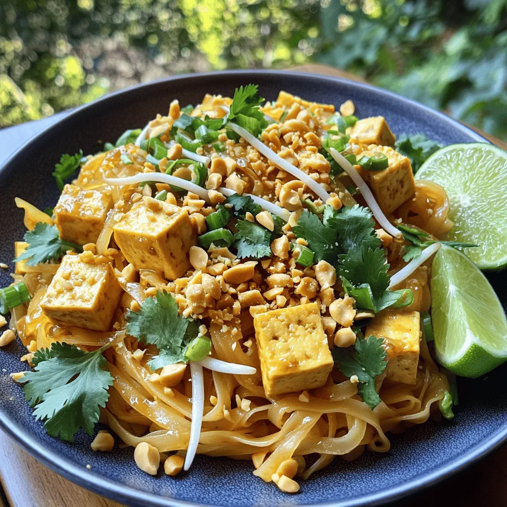 To make Pad Thai better than takeout, you need a few key ingredients. Here’s what you will need: - 8 oz rice noodles - 2 tablespoons vegetable oil - 2 cloves garlic, minced - 1 cup tofu, firm and cubed (or chicken/shrimp for a non-vegetarian version) - 2 eggs - 1 cup bean sprouts - 1 green onion, sliced (white and green parts separated) - 3 tablespoons tamarind paste - 2 tablespoons fish sauce (or soy sauce for vegetarian option) - 1 tablespoon sugar (coconut sugar preferred) - 1 tablespoon lime juice - Crushed peanuts for garnish - Lime wedges for serving - Fresh cilantro for garnish These ingredients create a balance between sweet, sour, and savory flavors. The rice noodles are the heart of the dish. They soak up all the sauce and flavors, making each bite amazing. You can switch up the protein in your Pad Thai to suit your taste. If you want a vegetarian dish, use tofu. It soaks up the sauce well and adds a nice texture. If you prefer meat, chicken or shrimp work great too. They cook quickly and add a nice flavor. Just cook them until golden brown. This way, you get a rich taste in every bite. To make your Pad Thai look and taste even better, add some garnishes. Here are some options: - Crushed peanuts for crunch - Green parts of the green onion for color - Fresh cilantro for a burst of flavor - Lime wedges to squeeze over the top These garnishes add texture and freshness. They also make your dish look more appealing when served. Enjoy customizing your Pad Thai! First, soak 8 oz of rice noodles in hot water. Leave them for about 30 minutes. This softens the noodles. When they are ready, drain them well and set them aside. This step is key for the perfect texture in your Pad Thai. Next, heat 2 tablespoons of vegetable oil in a large pan or wok over medium-high heat. Add in 2 cloves of minced garlic and sauté for about 30 seconds. You want the garlic to smell great but not burn. Then, add 1 cup of cubed tofu, or chicken or shrimp if you prefer. Cook until golden brown, about 5-7 minutes for tofu. Make sure the meat is fully cooked if you use chicken or shrimp. Now, push the cooked protein to one side of the pan. Crack 2 eggs into the other side and scramble them lightly. Cook until just set. This adds extra flavor to your dish. Once the eggs are ready, add the softened noodles to the pan. Pour in 3 tablespoons of tamarind paste, 2 tablespoons of fish sauce, 1 tablespoon of sugar, and 1 tablespoon of lime juice. Toss everything well. Mix in the white parts of 1 sliced green onion. Make sure the noodles soak up all those tasty flavors. Next, stir in 1 cup of bean sprouts. Cook for another 1-2 minutes until everything is heated through. Finally, remove the pan from heat. Serve the Pad Thai on plates. Top with crushed peanuts, the green parts of the green onion, and fresh cilantro. Don’t forget lime wedges on the side for that zesty kick! To make Pad Thai taste amazing, you need balance. The key flavors are sour, sweet, and salty. Use tamarind paste for that sour kick. It adds a unique taste. Coconut sugar brings sweetness. Fish sauce or soy sauce gives saltiness. Mix these flavors well. When cooking, always heat the oil before adding garlic. This helps release the garlic's full flavor. Cook the tofu until golden brown. This adds a nice texture. Toss the noodles with all the sauce ingredients. Make sure every noodle gets coated. One common mistake is overcooking the noodles. Soak them just until soft. They will cook more in the pan. Another mistake is not using enough oil. Oil helps prevent sticking. You also want to avoid adding too much sauce at once. This can make the noodles soggy. Don’t skip the garnishes. Crushed peanuts and cilantro add flavor and crunch. Lastly, remember to separate the green onion parts. The white part cooks first; the green part adds freshness at the end. To spice up your Pad Thai, add chili flakes or Sriracha. Start with a little and taste as you go. You can also use fresh Thai chilis for more heat. Mix them in with the garlic when cooking. Another option is to add a spicy bean paste. This can make your dish rich and hot. Don’t forget that spice levels can vary. Adjust according to your taste. Enjoy the heat! {{image_2}} You can easily make Pad Thai vegetarian or vegan. Use tofu as your main protein. It absorbs flavors well and adds good texture. Swap fish sauce for soy sauce or tamari. This keeps the dish tasty while making it plant-based. Use coconut sugar for sweetness. It gives a hint of caramel flavor. Add more veggies like bell peppers or carrots for extra crunch. For a gluten-free version, stick to rice noodles. They are naturally gluten-free. Make sure to use gluten-free soy sauce instead of regular soy sauce or fish sauce. Some brands offer great flavors without gluten. You can also try tamari sauce, which is a great alternative. This way, you still enjoy that classic taste without worrying about gluten. You can customize Pad Thai with various proteins. Shrimp and chicken are popular choices. For shrimp, cook them until they turn pink. This usually takes about 3-4 minutes. If you choose chicken, cook it until it's no longer pink inside. This will take about 5-7 minutes. Both options add a nice flavor to the dish. Mix and match proteins based on what you like or have on hand. This makes each Pad Thai unique and special. To keep your Pad Thai fresh, store it in an airtight container. Let it cool to room temperature first. This keeps moisture from building up. Place it in the fridge if you plan to eat it within three days. For longer storage, consider freezing. Freezing Pad Thai is easy. Follow these steps: 1. Cool it down: Let your Pad Thai reach room temperature. 2. Portion it: Divide it into single servings. This makes it easy to thaw only what you need. 3. Use freezer bags: Place each portion in a freezer bag. Squeeze out the air before sealing. 4. Label and date: Write the date on the bag. This helps you track how long it has been in the freezer. Pad Thai can last up to three months in the freezer. To reheat Pad Thai, follow these steps for the best results: 1. Thaw in the fridge: Move your frozen Pad Thai to the fridge a day before you plan to eat it. 2. Use a pan: Heat a non-stick pan over medium heat. Add a splash of water or oil. This helps rehydrate the noodles. 3. Stir frequently: Add the Pad Thai to the pan. Stir it often for even heating. 4. Check for warmth: Heat until everything is hot, about 5 to 7 minutes. These steps help keep your Pad Thai tasty and fresh like the first time you made it. Pad Thai is a famous Thai noodle dish. It has rice noodles, protein, and veggies. The dish is known for its balance of flavors. It combines sweet, salty, and sour notes. Common ingredients include tamarind paste, fish sauce, and lime juice. You can customize Pad Thai with tofu, shrimp, or chicken. It’s often garnished with crushed peanuts and fresh herbs. This dish is quick to make and full of flavor. Yes, you can use regular noodles, but the taste will change. Rice noodles give Pad Thai its unique texture. If you use regular noodles, choose thin varieties like egg noodles. Soak or boil them based on the package instructions. Keep in mind that the final dish may taste different. The sauce and toppings will still make it delicious! To make Pad Thai less sweet, reduce the sugar. Start with half the amount listed in the recipe. You can also use less tamarind paste, as it adds sweetness. Adding more lime juice gives it a tangy kick. Balancing the flavors helps cut down the sweetness. Taste as you cook to find your perfect balance. Adjusting the sauce will help you enjoy a less sweet Pad Thai. Pad Thai is a dish rich in flavor and easy to customize. We covered the essential ingredients, including proteins and garnishes. I shared step-by-step instructions to help you cook it perfectly. Remember to avoid common mistakes and explore variations, like vegan options or gluten-free choices. Store leftovers properly to enjoy again later. Lastly, if you want less sweetness, I've got tips to help. Enjoy making Pad Thai your way, and impress your friends and family with your skills!