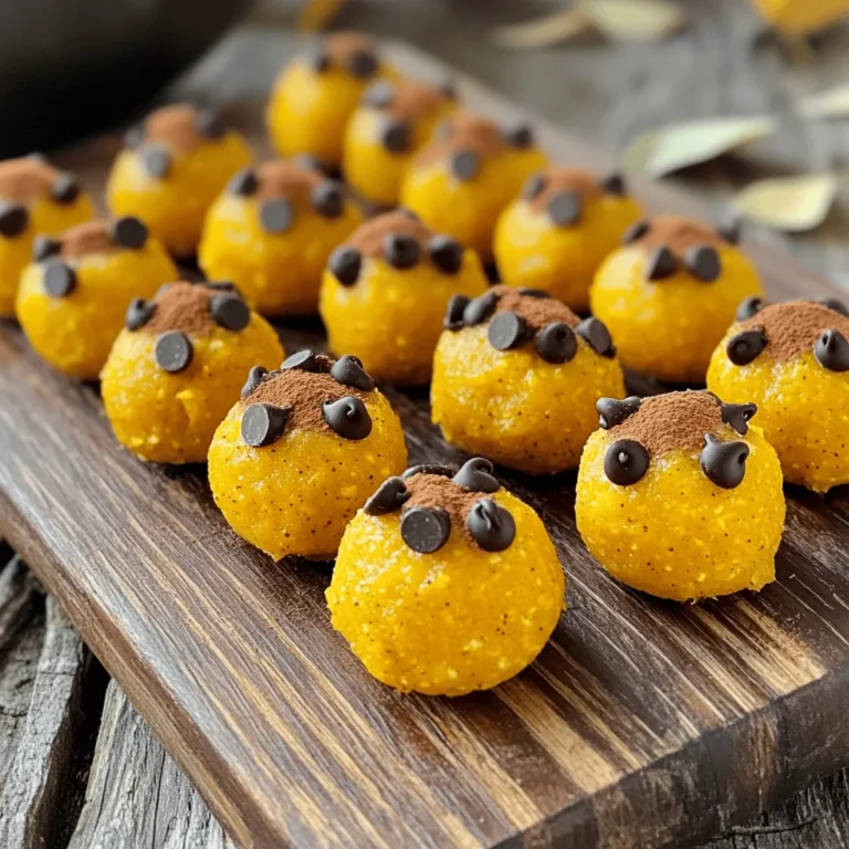 To make these tasty bites, gather the following items: - 1 cup rolled oats - 1/2 cup canned pumpkin puree - 1/4 cup almond butter (or any nut butter of choice) - 1/4 cup honey or maple syrup - 1 teaspoon pumpkin spice - 1/2 teaspoon vanilla extract - 1/2 cup mini chocolate chips - Pinch of salt These ingredients mix well to create a yummy snack. You can switch some ingredients for different flavors. Try these options: - Use peanut butter or sunflower seed butter instead of almond butter. - Swap honey for agave syrup for a vegan choice. - Use pumpkin pie spice if you want a different spice mix. - Replace mini chocolate chips with dried fruit or nuts for crunch. These swaps let you customize the bites to your taste! Each bite packs a good amount of nutrients. Here is a rough idea of what you get per bite: - Calories: 100 - Protein: 2 grams - Carbs: 15 grams - Fats: 4 grams - Fiber: 2 grams These bites offer energy and keep you full. They are perfect for a snack or after a workout! First, grab a large mixing bowl. Add 1 cup of rolled oats. Next, pour in 1/2 cup of canned pumpkin puree. Then, add 1/4 cup of almond butter. You can use any nut butter you like. Mix these ingredients well. It should look creamy and thick. Now, add 1/4 cup of honey or maple syrup. Sprinkle in 1 teaspoon of pumpkin spice and 1/2 teaspoon of vanilla extract. Don’t forget a pinch of salt! Mix everything until it is well combined. Finally, fold in 1/2 cup of mini chocolate chips. Make sure they spread out evenly in the mix. Measuring ingredients is key for the best results. Use dry measuring cups for oats and nut butter. For sticky items like honey, coat the cup with a bit of oil. This helps the honey slide out easily. For liquids like pumpkin puree, use a liquid measuring cup. Always level off the top with a knife for accuracy. This ensures you have the right amount for your bites. Mixing properly is important. Start with the oats and pumpkin for a good base. Use a sturdy spoon or spatula. Stir until you see no dry oats. When you add sweeteners and spices, mix well. You want the flavors to blend. When folding in chocolate chips, do it gently. Be careful not to crush them. This keeps the bites looking nice and full of chocolate goodness. To roll perfect energy bites, start with clean, dry hands. This helps the mixture stick less. Scoop a tablespoon of the mixture. Gently press it into a ball shape. Roll it between your palms until smooth. If the mixture is sticky, dampen your hands slightly. This makes rolling easier and cleaner. These bites make a great snack any time of day. Serve them as a quick breakfast with fruit. They are also perfect for after-school treats. For a fun twist, pair them with yogurt or dip them in melted chocolate. You can place them in a small bowl or on a wooden board. Sprinkle a bit of pumpkin spice on top for a nice touch. You can easily prepare these energy bites in advance. They store well in the fridge for up to a week. Just roll them into balls and place them in an airtight container. For longer storage, freeze them. They can last for up to three months in the freezer. When you're ready to eat, thaw them in the fridge. This makes for a quick snack when you need it! {{image_2}} You can swap almond butter for any nut butter you like. Peanut butter gives a strong flavor. Cashew butter is creamy and rich. Sunflower seed butter is great for nut-free diets. Each nut butter will change the taste a bit. Try different ones to find your favorite! Honey and maple syrup are not your only choices. You can use agave syrup for a mild sweetness. Coconut sugar adds a rich flavor too. Stevia or monk fruit are good for fewer calories. Adjust the amount based on your taste. Mix in superfoods to boost your energy bites. Chia seeds add fiber and omega-3s. Flaxseed meal offers healthy fats and protein. You can also add protein powder for more muscle support. These extras make each bite even better for your health! I recommend storing your No-Bake Pumpkin Energy Bites in an airtight container. This keeps them fresh and tasty. You can use glass jars or plastic containers. If you want to keep them extra safe, wrap each bite in plastic wrap. This makes it easy to grab one for a snack. These tasty bites last about one week in the fridge. If you want to keep them longer, freeze them! They can stay in the freezer for up to three months. Just remember to let them thaw in the fridge before enjoying. To keep your energy bites fresh, avoid placing them near strong-smelling foods. They can absorb those flavors. Also, if you notice any moisture, dry them out before sealing them. This helps them stay firm and tasty. Yes, you can use fresh pumpkin. First, cook the pumpkin until soft. Then, mash it well. Make sure to measure out the same amount as the canned pumpkin. Fresh pumpkin may have more water, so you might need to adjust other ingredients. To make these bites vegan, simply swap honey for maple syrup. Use a nut butter that is vegan-friendly. Most nut butters are vegan, but check the label to be sure. This way, you keep all the yummy flavor without any animal products. To boost protein, try adding chia seeds or ground flaxseeds. You can also mix in protein powder. Use about one scoop for the recipe. Another option is to add a bit of chopped nuts. This not only adds protein but also gives a nice crunch. In this post, we covered how to make no-bake pumpkin energy bites with simple ingredients. You learned how to prepare them, store them, and even add your own twists. Whether you prefer fresh pumpkin or a vegan option, you can customize these bites to fit your needs. Keep these tips in mind for quick snacks that are both tasty and healthy. Enjoy making your bites and sharing them with friends!