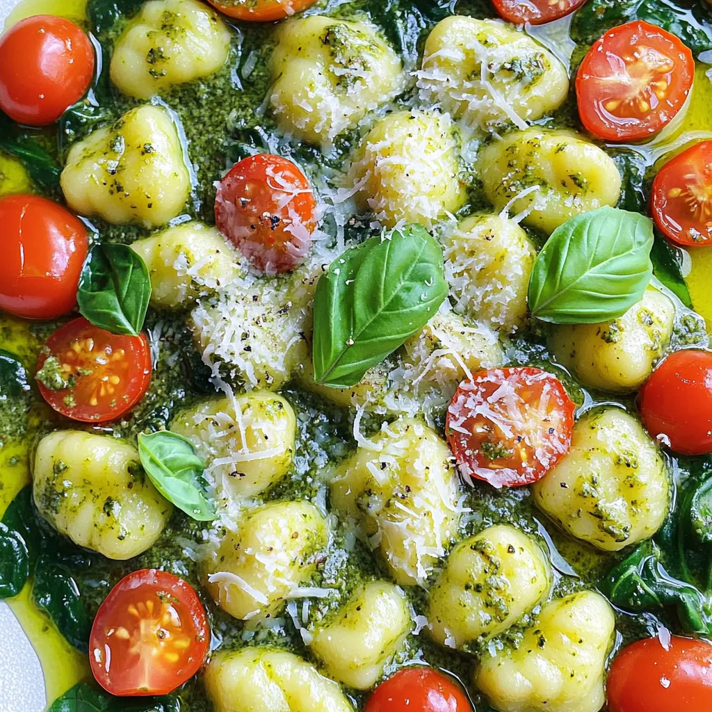 To make this tasty dish, you will need these key ingredients: - 1 pound (450g) potato gnocchi - 1 cup heavy cream - 1/2 cup pesto (store-bought or homemade) - 1 cup cherry tomatoes, halved - 1 cup fresh spinach, roughly chopped - 1/2 cup grated Parmesan cheese - 2 tablespoons olive oil - 2 cloves garlic, minced - Salt and pepper to taste - Fresh basil leaves for garnish These ingredients come together to create a rich and creamy sauce. The gnocchi adds a soft texture, while the tomatoes and spinach bring bright colors and flavors. You can add your own twist to the dish with these optional ingredients: - Grilled chicken or shrimp for protein - Sun-dried tomatoes for a tangy flavor - Pine nuts or walnuts for crunch - Other veggies like bell peppers or zucchini - A splash of lemon juice for brightness Feel free to mix and match based on what you like or have on hand. Cooking is all about having fun and being creative. To prepare your One-Pot Creamy Pesto Gnocchi, gather these tools: - A large pot or skillet for cooking - A wooden spoon or spatula for stirring - A measuring cup and spoons for accuracy - A knife and cutting board for chopping Having the right tools makes cooking easier and more enjoyable. Plus, it helps you keep everything organized while you cook. Start by gathering all the ingredients. You need: - 1 pound (450g) potato gnocchi - 1 cup heavy cream - 1/2 cup pesto - 1 cup cherry tomatoes, halved - 1 cup fresh spinach, roughly chopped - 1/2 cup grated Parmesan cheese - 2 tablespoons olive oil - 2 cloves garlic, minced - Salt and pepper to taste - Fresh basil leaves for garnish This step helps you cook smoothly. Prepping makes the process quick and fun. Heat olive oil in a large pot over medium heat. Add minced garlic and cook for 1 minute. It should smell great! Next, toss in the halved cherry tomatoes. Cook them for 3-4 minutes until they soften. Now, pour in the heavy cream. Stir well and bring it to a light simmer. This is where the magic starts. Add the pesto and season with salt and pepper. Taste it to make sure it is just right! Now, gently add the potato gnocchi to the pot. Stir to coat them in the creamy sauce. Cover the pot and cook for 5-7 minutes. The gnocchi will float when they are done. Stir occasionally to keep them from sticking. Once the gnocchi are ready, fold in the fresh spinach and grated Parmesan cheese. The spinach wilts nicely, adding color and flavor. Remove the pot from heat. Serve the dish hot in bowls. Top each serving with fresh basil leaves. This adds a bright touch and a lovely aroma. You can enjoy this meal on its own. For a heartier dish, pair it with garlic bread or a fresh salad. Each bite is creamy and full of flavor! To get the best creamy sauce, use heavy cream. It adds richness and helps the sauce cling to the gnocchi. Start by sautéing garlic in olive oil. This step builds flavor. Then, add cherry tomatoes and let them soften. Pour in the cream and stir well. Mixing in pesto at this stage gives a burst of flavor. Adjust salt and pepper to your taste. One common mistake is cooking the gnocchi too long. They should float and be tender. If overcooked, they can become mushy. Another mistake is not using enough salt. A pinch brightens the flavors. Be careful not to rush the cooking steps. Each part matters for the final dish. Serve your creamy pesto gnocchi with a side salad. A fresh green salad pairs well. You can also add garlic bread for a crunchy touch. For protein, grilled chicken or shrimp works well. Top your dish with fresh basil leaves for a pop of color. Enjoy your meal with a glass of white wine for a special treat. {{image_2}} You can play with the type of gnocchi you use. Traditional potato gnocchi is great, but you can try other options. For a gluten-free meal, use gnocchi made from rice or corn. These options provide a nice texture and flavor. If you have dietary needs, you can easily adjust this recipe. Swap heavy cream for coconut milk for a dairy-free option. For a vegan twist, use a plant-based pesto. Ensure it contains no cheese. You can also use nutritional yeast instead of Parmesan cheese. This offers great flavor without dairy. You can boost this dish with fun add-ins. Consider adding some cooked chicken or shrimp for protein. For more veggies, toss in bell peppers or zucchini. They add color and crunch. A squeeze of lemon juice can brighten the flavors, too. If you like spice, add red pepper flakes for a kick. These little changes can make your meal even more exciting! To keep your One-Pot Creamy Pesto Gnocchi fresh, let it cool first. Transfer the dish into an airtight container. This helps keep moisture in and odors out. Store the container in the fridge. It will last for about 3 to 4 days. Label the container to avoid confusion with other dishes. When you're ready to enjoy your leftovers, reheat them gently. You can use a pot on the stove or a microwave. For the stove, add a splash of water or cream to prevent sticking. Heat over low to medium heat. Stir often until warm. If using a microwave, cover the bowl. Heat in 30-second intervals, stirring in between. This keeps the gnocchi creamy and delicious. Freezing is a great option if you want to save some for later. First, let the dish cool completely. Then, portion it into freezer-safe bags or containers. Remove as much air as possible to prevent freezer burn. Label with the date. It can stay frozen for up to 2 months. When you're ready to eat, thaw it overnight in the fridge. Reheat as mentioned above for the best results. You can use milk and butter. Mix 3/4 cup of milk with 1/4 cup of melted butter. This mix gives a creamy feel. You can also try coconut cream for a dairy-free option. It adds a unique flavor while keeping the dish rich. This dish takes about 20 minutes to make. It only needs 10 minutes to prep. Cooking the gnocchi and sauce takes about 10 minutes more. You can enjoy a tasty meal in no time! Yes, you can make your own pesto! Just blend fresh basil, garlic, pine nuts, and Parmesan cheese. Add olive oil until smooth. This adds a fresh taste to your dish and lets you control the flavors. Now you have all the tools to create one-pot creamy pesto gnocchi. We covered key ingredients, helpful tips, and variations. You can make this dish your own with simple changes or leaps of creativity. Remember to store leftovers right to keep them fresh. Cooking can be fun and easy. Enjoy your meal and surprise yourself with your cooking skills! Don’t be afraid to experiment; it’s all part of the process. Happy cooking!