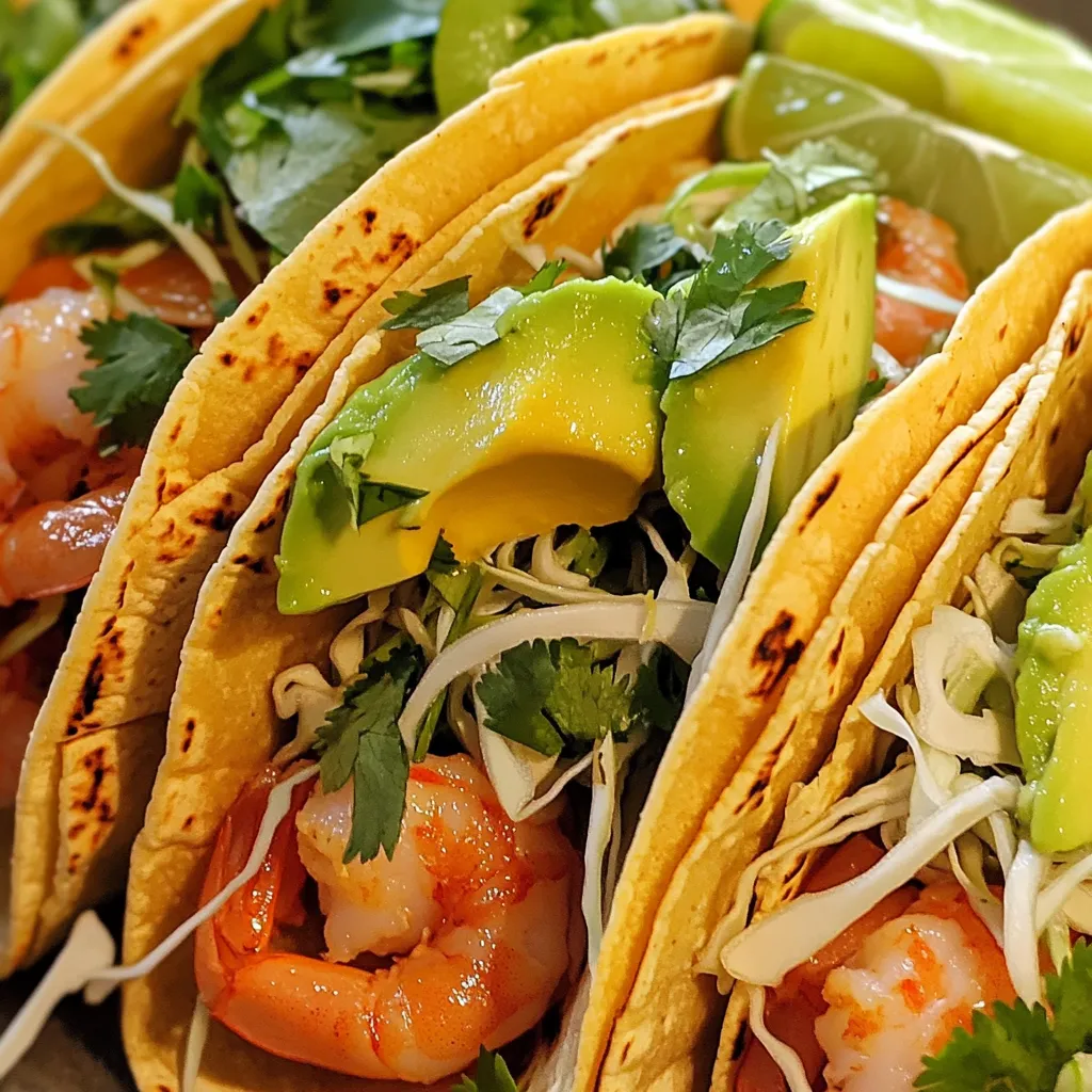 To make garlic butter shrimp tacos, you need a few key ingredients. Here’s what you’ll need: - 1 lb shrimp, peeled and deveined - 4 tablespoons butter - 4 cloves garlic, minced - 1 tablespoon lime juice - 1 teaspoon chili powder - 1 teaspoon cumin - Salt and pepper to taste - 8 small corn tortillas These ingredients create the base for your tasty tacos. The shrimp will soak up all the yummy flavors. Adding fresh ingredients makes your tacos vibrant and tasty. Here are some great options: - 1 cup shredded cabbage - 1 avocado, sliced - ¼ cup fresh cilantro, chopped - Lime wedges for serving These fresh items not only add flavor but also a pop of color to your dish. Want to take your tacos to the next level? Try these toppings: - Diced tomatoes - Sliced jalapeños - Sour cream or Greek yogurt These extras will give your garlic butter shrimp tacos a unique twist. Mix and match to find your favorite combination. First, we need to prep the shrimp. Start by patting the shrimp dry with paper towels. This helps them cook better. Next, season the shrimp with chili powder, cumin, salt, and pepper. Mix the spices well to coat the shrimp evenly. Now, it’s time to sauté the garlic. Melt the butter in a large skillet over medium heat. Wait until it starts to bubble. Then, add the minced garlic. Sauté it for about 30 seconds. You want it fragrant but not burnt. This step is key for great flavor. Next, add the seasoned shrimp to the skillet. Cook the shrimp for 2-3 minutes on each side. They should turn pink and opaque when done. Finally, pour lime juice over the shrimp and toss to coat. Remove the skillet from heat to keep that fresh taste. Let’s put the tacos together! First, warm the corn tortillas in a separate pan. Heat them for about 30 seconds on each side. This makes them soft and easy to fold. Now, take a tortilla and place a few shrimp in the center. Top with shredded cabbage for crunch. Add avocado slices for creaminess, then sprinkle chopped cilantro on top. Serve these with lime wedges on the side. Squeeze lime over the tacos for a fresh burst! To keep shrimp tender, start with fresh, high-quality shrimp. Look for shrimp that is firm and has a slight ocean smell. Pat the shrimp dry before cooking. This step helps them sear better. Season them lightly with chili powder, cumin, salt, and pepper. Avoid overcooking; shrimp cooks fast. Just 2-3 minutes on each side is enough. They should turn pink and opaque. To boost the flavor of your garlic butter sauce, use real butter. Melt it until it bubbles. Then, add minced garlic and sauté just until fragrant. This step gives the sauce a rich taste. For a kick, mix in a pinch of red pepper flakes. Fresh lime juice at the end brightens the dish. It adds a zesty touch that pairs well with shrimp. Serve the tacos right away for the best taste. Warm corn tortillas are key. Fill each tortilla with shrimp, then top with shredded cabbage. Add avocado slices for creaminess and fresh cilantro for brightness. Don’t forget lime wedges! A squeeze of lime elevates every bite. Pair these tacos with a side of salsa or a light salad for a complete meal. {{image_2}} To spice up your garlic butter shrimp tacos, add more heat. Use extra chili powder or even diced jalapeños. You can also mix in some hot sauce. This gives the dish a nice kick. Adjust the spice to fit your taste. If you need a shrimp alternative, try chicken or tofu. Both options work well with the garlic butter sauce. Just adjust cooking times as needed. For a gluten-free option, use corn tortillas. They pair perfectly with these flavors. You can add many veggies to your tacos. Try diced tomatoes or sliced radishes for crunch. Grilled corn adds sweetness and texture. You can also mix in bell peppers or zucchini. These additions boost flavor and nutrition, making your meal even better. Store leftover tacos in an airtight container. Keep the shrimp and toppings separate. This helps maintain freshness. Place the shrimp in the fridge. They will stay good for about two days. If you mix everything, the tortillas can get soggy. To reheat shrimp, use a skillet over low heat. Add a tiny bit of butter or oil. Heat for just a few minutes until warm. Avoid overcooking, as shrimp can become tough. You can also use the microwave, but be careful. Heat in short bursts to avoid drying them out. If you want to freeze shrimp, first cool them completely. Place them in a freezer bag. Remove as much air as possible before sealing. Shrimp can last up to three months in the freezer. When ready to use, thaw in the fridge overnight. Then, reheat using the best practices mentioned above. You can still enjoy shrimp tacos without garlic. Use the same shrimp and spices. Just skip the garlic. You can add lemon zest for a fresh taste. You might want to use herbs like parsley or dill. These will give your tacos a nice flavor boost. Yes, you can use frozen shrimp for these tacos. Just make sure to thaw them first. You can place them in a bowl of cold water for quick thawing. Pat them dry before cooking to ensure they get a nice sear. This helps keep them juicy and tender. If you don't have corn tortillas, use flour tortillas instead. They are soft and work well too. You can also try lettuce wraps for a low-carb option. Just use large lettuce leaves to hold the shrimp and toppings. This keeps things fresh and crunchy. This article covered how to make delicious garlic butter shrimp tacos. We explored essential ingredients, preparation steps, and tips for tenderness. You learned about tasty variations and storage tips to keep your tacos fresh. In closing, these tacos are sure to impress at any meal. Try them with your favorite toppings for even more flavor. Enjoy the cooking process and savor every bite!
