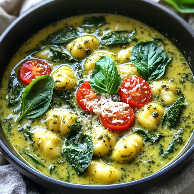 When making One-Pot Creamy Pesto Gnocchi Soup, you need a few simple ingredients. This soup is quick to prepare and full of flavor. Here’s what you'll need: - 1 tablespoon olive oil - 1 medium onion, diced - 3 cloves garlic, minced - 4 cups vegetable broth - 2 cups baby spinach - 1 cup cherry tomatoes, halved - 1 package (16 oz) gnocchi (fresh or shelf-stable) - 1 cup heavy cream or coconut milk for a lighter option - ⅓ cup basil pesto (store-bought or homemade) - Salt and pepper to taste - Grated Parmesan cheese, for serving (optional) - Fresh basil leaves, for garnish Each ingredient plays a key role in making the soup rich and creamy. The olive oil adds a nice flavor base. The onion and garlic bring warmth and depth. Vegetable broth gives the soup its heartiness. Baby spinach and cherry tomatoes add freshness and color. Gnocchi makes it filling, while heavy cream or coconut milk contributes creaminess. The basil pesto elevates the flavor, making every spoonful delightful. Finally, a sprinkle of Parmesan cheese and fresh basil adds a gourmet touch. Gather these ingredients, and you're ready to create a cozy meal that warms the soul. 1. Sautéing onion and garlic Start by heating 1 tablespoon of olive oil in a large pot over medium heat. Add 1 medium diced onion. Sauté it for about 5 minutes. You want it softened, not browned. Next, add 3 minced garlic cloves. Cook for another minute. This makes your kitchen smell amazing. 2. Adding broth and gnocchi Pour in 4 cups of vegetable broth. Bring this mixture to a gentle simmer. Once it bubbles, add 1 package of gnocchi. Follow the cooking time on the package, usually about 3-5 minutes. The gnocchi should be tender and fluffy. 3. Incorporating vegetables Once the gnocchi is done, stir in 2 cups of baby spinach and 1 cup of halved cherry tomatoes. Let the spinach wilt. This will take about 2 minutes. You’ll see bright colors and fresh flavors emerging. 4. Finishing with cream and pesto Reduce the heat to low. Stir in 1 cup of heavy cream or coconut milk for a lighter touch. Add ⅓ cup of basil pesto. Mix everything well until you see a creamy blend. Taste and season with salt and pepper as needed. If the soup feels thick, add a bit more broth to get your desired consistency. Now your One-Pot Creamy Pesto Gnocchi Soup is ready to serve! Enjoy it hot with grated Parmesan cheese and fresh basil on top. - Ensuring gnocchi is tender To make sure your gnocchi is soft, add it to the pot when the broth is boiling. Cook it for just 3-5 minutes. Overcooking can make it mushy. Stir gently to avoid breaking the gnocchi. - How to achieve the perfect creaminess For a rich and creamy texture, use heavy cream or coconut milk. Stir it in after cooking the gnocchi and veggies. If you want it lighter, coconut milk works well. Keep the heat low to maintain creaminess. - Seasoning adjustments for best flavor Taste your soup after adding cream and pesto. Adjust salt and pepper based on your preference. If it feels bland, add more pesto or a squeeze of lemon for brightness. - Best sides to serve with the soup This soup pairs well with crusty bread or a fresh salad. A simple arugula salad adds a nice peppery crunch. Garlic bread also complements the creamy flavors. - Garnishes to elevate the dish Fresh basil leaves brighten the soup and add color. A sprinkle of grated Parmesan cheese adds a savory touch. You can also drizzle a bit of olive oil for extra richness. {{image_2}} You can easily change the soup to fit your needs. For a dairy-free option, use coconut milk instead of heavy cream. It gives a nice creaminess without dairy. When it comes to pesto, I love making my own. Homemade pesto tastes fresh and bright. However, store-bought is quick and still tasty. Choose what works for you. Need to add protein? You can toss in cooked chicken or shrimp. They will make the soup heartier. Just add them in step six, letting them warm through. Want to boost the flavor? Try adding spices like red pepper flakes or Italian seasoning. They can give the soup a nice kick. You can also mix in different vegetables. Consider zucchini, carrots, or bell peppers. These add color and nutrition. Just chop them small, so they cook in time. To keep your One-Pot Creamy Pesto Gnocchi Soup fresh, store it in an airtight container. Place it in the fridge if you plan to eat it within a few days. The soup stays good for about 3 to 4 days. If you want to keep it longer, freezing is a great option. Pour the cooled soup into freezer-safe bags or containers. Make sure to leave some space at the top for expansion as it freezes. This way, you can enjoy it up to 3 months later. When you are ready to enjoy your soup again, reheating is simple. The best way to reheat is on the stove. Pour the soup into a pot over low to medium heat. Stir often to keep it from sticking. If the soup seems too thick, add a splash of broth or water. You can also microwave it in a microwave-safe bowl. Heat it in short bursts, stirring in between, until it's hot. This keeps the flavors bright and the texture creamy. Yes, this soup is already vegetarian! It uses vegetable broth and fresh veggies. You can swap the heavy cream for coconut milk if you want a lighter option. If you want a thicker soup, try adding more heavy cream or coconut milk. You can also mash some of the gnocchi in the soup to help it thicken. Another tip is to add a bit of cornstarch mixed with water. You can add cooked chicken, shrimp, or beans for protein. Other veggies like zucchini or bell peppers work well, too. Feel free to mix in some herbs like thyme or oregano for extra flavor. The soup stays fresh in the fridge for about three days. Store it in an airtight container. If you want to keep it longer, you can freeze the soup for up to three months. This blog covered a delightful soup recipe featuring gnocchi and fresh vegetables. We discussed key ingredients like olive oil, garlic, and pesto, along with simple preparation steps. I shared tips to ensure perfect texture and flavor. You learned about variations, including dairy-free options and protein additions. Plus, I covered storage practices and answered common questions. You can now confidently make this soup your own. Enjoy your cooking and the warm, tasty results!