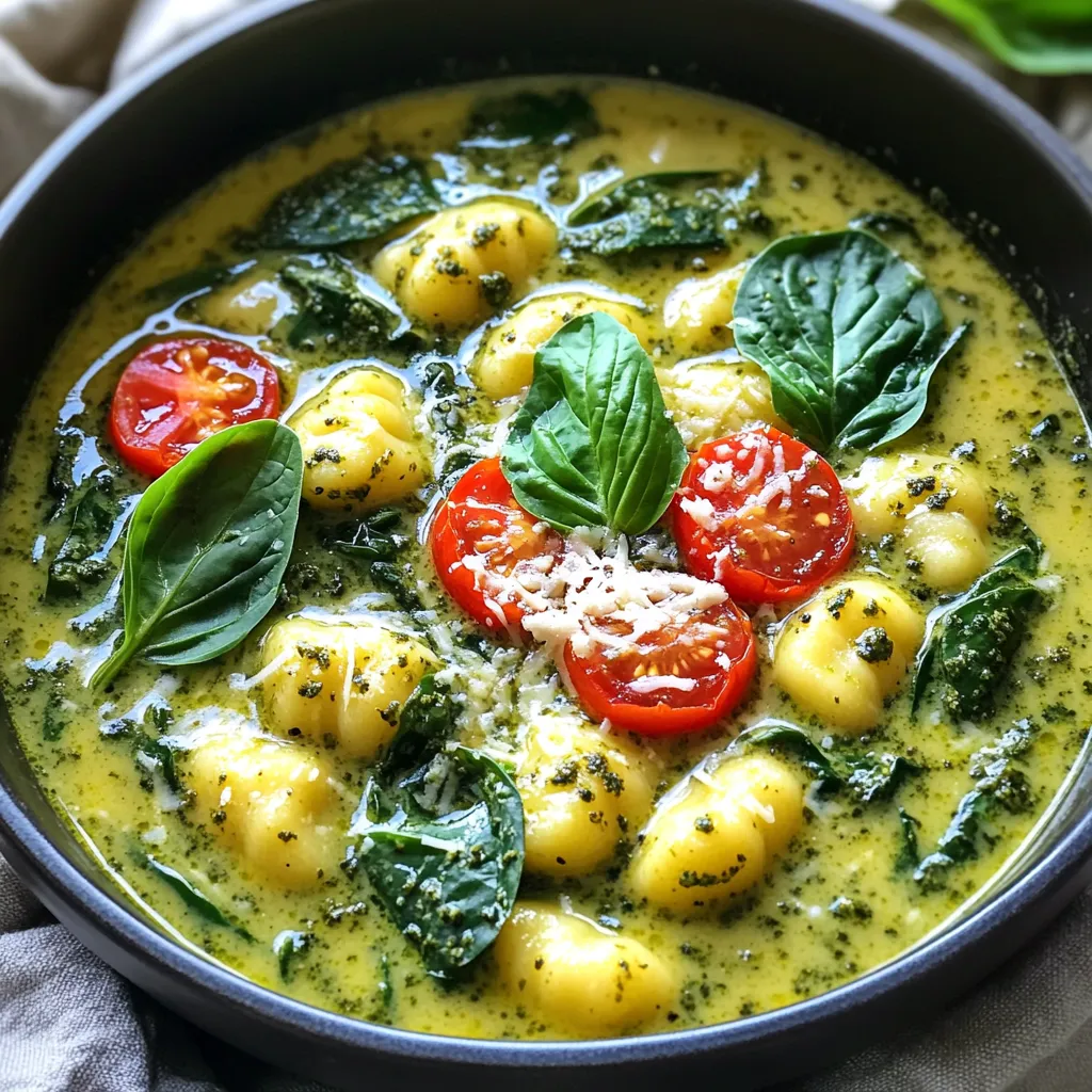 When making One-Pot Creamy Pesto Gnocchi Soup, you need a few simple ingredients. This soup is quick to prepare and full of flavor. Here’s what you'll need: - 1 tablespoon olive oil - 1 medium onion, diced - 3 cloves garlic, minced - 4 cups vegetable broth - 2 cups baby spinach - 1 cup cherry tomatoes, halved - 1 package (16 oz) gnocchi (fresh or shelf-stable) - 1 cup heavy cream or coconut milk for a lighter option - ⅓ cup basil pesto (store-bought or homemade) - Salt and pepper to taste - Grated Parmesan cheese, for serving (optional) - Fresh basil leaves, for garnish Each ingredient plays a key role in making the soup rich and creamy. The olive oil adds a nice flavor base. The onion and garlic bring warmth and depth. Vegetable broth gives the soup its heartiness. Baby spinach and cherry tomatoes add freshness and color. Gnocchi makes it filling, while heavy cream or coconut milk contributes creaminess. The basil pesto elevates the flavor, making every spoonful delightful. Finally, a sprinkle of Parmesan cheese and fresh basil adds a gourmet touch. Gather these ingredients, and you're ready to create a cozy meal that warms the soul. 1. Sautéing onion and garlic Start by heating 1 tablespoon of olive oil in a large pot over medium heat. Add 1 medium diced onion. Sauté it for about 5 minutes. You want it softened, not browned. Next, add 3 minced garlic cloves. Cook for another minute. This makes your kitchen smell amazing. 2. Adding broth and gnocchi Pour in 4 cups of vegetable broth. Bring this mixture to a gentle simmer. Once it bubbles, add 1 package of gnocchi. Follow the cooking time on the package, usually about 3-5 minutes. The gnocchi should be tender and fluffy. 3. Incorporating vegetables Once the gnocchi is done, stir in 2 cups of baby spinach and 1 cup of halved cherry tomatoes. Let the spinach wilt. This will take about 2 minutes. You’ll see bright colors and fresh flavors emerging. 4. Finishing with cream and pesto Reduce the heat to low. Stir in 1 cup of heavy cream or coconut milk for a lighter touch. Add ⅓ cup of basil pesto. Mix everything well until you see a creamy blend. Taste and season with salt and pepper as needed. If the soup feels thick, add a bit more broth to get your desired consistency. Now your One-Pot Creamy Pesto Gnocchi Soup is ready to serve! Enjoy it hot with grated Parmesan cheese and fresh basil on top. - Ensuring gnocchi is tender To make sure your gnocchi is soft, add it to the pot when the broth is boiling. Cook it for just 3-5 minutes. Overcooking can make it mushy. Stir gently to avoid breaking the gnocchi. - How to achieve the perfect creaminess For a rich and creamy texture, use heavy cream or coconut milk. Stir it in after cooking the gnocchi and veggies. If you want it lighter, coconut milk works well. Keep the heat low to maintain creaminess. - Seasoning adjustments for best flavor Taste your soup after adding cream and pesto. Adjust salt and pepper based on your preference. If it feels bland, add more pesto or a squeeze of lemon for brightness. - Best sides to serve with the soup This soup pairs well with crusty bread or a fresh salad. A simple arugula salad adds a nice peppery crunch. Garlic bread also complements the creamy flavors. - Garnishes to elevate the dish Fresh basil leaves brighten the soup and add color. A sprinkle of grated Parmesan cheese adds a savory touch. You can also drizzle a bit of olive oil for extra richness. {{image_2}} You can easily change the soup to fit your needs. For a dairy-free option, use coconut milk instead of heavy cream. It gives a nice creaminess without dairy. When it comes to pesto, I love making my own. Homemade pesto tastes fresh and bright. However, store-bought is quick and still tasty. Choose what works for you. Need to add protein? You can toss in cooked chicken or shrimp. They will make the soup heartier. Just add them in step six, letting them warm through. Want to boost the flavor? Try adding spices like red pepper flakes or Italian seasoning. They can give the soup a nice kick. You can also mix in different vegetables. Consider zucchini, carrots, or bell peppers. These add color and nutrition. Just chop them small, so they cook in time. To keep your One-Pot Creamy Pesto Gnocchi Soup fresh, store it in an airtight container. Place it in the fridge if you plan to eat it within a few days. The soup stays good for about 3 to 4 days. If you want to keep it longer, freezing is a great option. Pour the cooled soup into freezer-safe bags or containers. Make sure to leave some space at the top for expansion as it freezes. This way, you can enjoy it up to 3 months later. When you are ready to enjoy your soup again, reheating is simple. The best way to reheat is on the stove. Pour the soup into a pot over low to medium heat. Stir often to keep it from sticking. If the soup seems too thick, add a splash of broth or water. You can also microwave it in a microwave-safe bowl. Heat it in short bursts, stirring in between, until it's hot. This keeps the flavors bright and the texture creamy. Yes, this soup is already vegetarian! It uses vegetable broth and fresh veggies. You can swap the heavy cream for coconut milk if you want a lighter option. If you want a thicker soup, try adding more heavy cream or coconut milk. You can also mash some of the gnocchi in the soup to help it thicken. Another tip is to add a bit of cornstarch mixed with water. You can add cooked chicken, shrimp, or beans for protein. Other veggies like zucchini or bell peppers work well, too. Feel free to mix in some herbs like thyme or oregano for extra flavor. The soup stays fresh in the fridge for about three days. Store it in an airtight container. If you want to keep it longer, you can freeze the soup for up to three months. This blog covered a delightful soup recipe featuring gnocchi and fresh vegetables. We discussed key ingredients like olive oil, garlic, and pesto, along with simple preparation steps. I shared tips to ensure perfect texture and flavor. You learned about variations, including dairy-free options and protein additions. Plus, I covered storage practices and answered common questions. You can now confidently make this soup your own. Enjoy your cooking and the warm, tasty results!