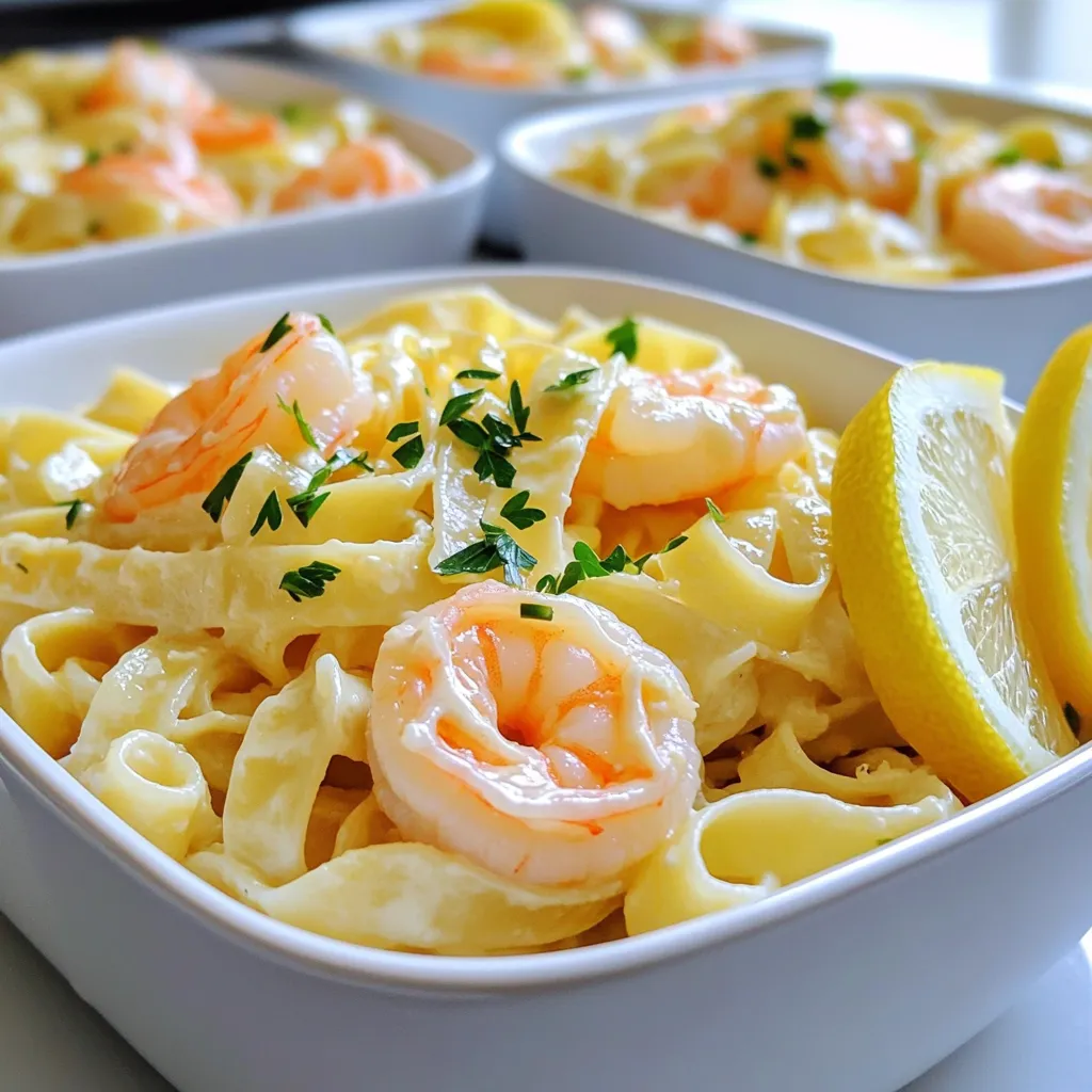When making garlic butter shrimp pasta, using the right ingredients is key. Here's what you need: - Fettuccine pasta: 12 oz - Large shrimp: 1 lb, peeled and deveined - Unsalted butter: 6 tablespoons - Minced garlic: 6 cloves - Red pepper flakes: ½ teaspoon - Lemon: zest and juice from 1 - Grated Parmesan cheese: ½ cup - Fresh parsley: ¼ cup, chopped - Salt and pepper: to taste Each ingredient plays a special role in creating a tasty meal. The fettuccine serves as a soft, chewy base. Large shrimp add protein and flavor. Unsalted butter provides a rich, creamy sauce. Minced garlic brings a bold taste that shines through. Red pepper flakes add a touch of heat. Lemon zest and juice brighten the dish with freshness. Grated Parmesan cheese gives a savory kick, while fresh parsley adds color and a hint of earthiness. You can adjust salt and pepper to your taste for a perfect finish. Enjoy gathering these ingredients for a delightful cooking experience! To start, bring a large pot of salted water to a boil. Add 12 oz of fettuccine pasta. Cook the pasta according to the package instructions until it is al dente. This usually takes about 8 to 10 minutes. Once done, reserve 1 cup of pasta water for later use. Drain the pasta and set it aside. This step is key to ensure your dish has a lovely texture. Now, grab a large skillet and place it over medium heat. Melt 3 tablespoons of unsalted butter in the skillet. Once melted, add 1 lb of large shrimp that are peeled and deveined. Season the shrimp with salt, pepper, and half of the red pepper flakes. Cook for about 2 to 3 minutes on each side. Watch for the shrimp to turn pink and opaque. Then, set the shrimp aside. This step adds great flavor and a nice texture to your meal. In the same skillet, add the remaining 3 tablespoons of butter along with 6 cloves of minced garlic. Sauté the garlic for about 1 to 2 minutes. You want the garlic fragrant but not brown. This garlic butter will be the heart of your sauce, giving it a rich flavor. Next, add the cooked pasta into the skillet with the garlic butter sauce. Toss the pasta well to coat it with the butter. Then, add the juice and zest of 1 lemon. Gradually pour in the reserved pasta water a little at a time. This will help you achieve the desired sauce consistency. You want it creamy but not too thick. Now, return the cooked shrimp to the skillet. Gently toss everything together. Add in ½ cup of grated Parmesan cheese and the rest of the red pepper flakes. Adjust the seasoning with salt and pepper to your taste. Finally, serve the pasta in bowls. Garnish with fresh parsley and extra Parmesan if you like. This adds a lovely touch and enhances the dish's look. To get the right spice level, adjust red pepper flakes. Start with half a teaspoon. If you want heat, add more. Always taste as you go. For a creamy sauce, reserve some pasta water. After cooking, add it slowly to the sauce. This helps make the pasta silky and rich. Look for key signs to know when shrimp are done. They should turn pink and opaque. This usually takes about 2-3 minutes per side. Be careful not to overcook them. Overcooked shrimp turn rubbery. To prevent this, watch them closely and remove them from heat right away. For a beautiful presentation, serve pasta in wide bowls. Top each bowl with extra parsley and a lemon wedge. This not only looks nice but adds flavor too. Pair your dish with a fresh salad or garlic bread. These sides complement the pasta well and make the meal complete. {{image_2}} You can change the pasta type for your dish. While I love fettuccine, you can try spaghetti or penne. Each type brings its own texture and taste. If you want to swap the shrimp, chicken or vegetables work well. Chicken breast can add heartiness. For a veggie option, think about zucchini or bell peppers. To boost the flavor, add spices. Paprika gives a nice kick. Italian herbs like oregano or basil can add depth. You might also think about adding fresh spinach or sun-dried tomatoes. Spinach wilts nicely and adds color. Sun-dried tomatoes bring a sweet tang. If you need a gluten-free meal, use gluten-free pasta. There are many types made from rice or chickpeas. For a dairy-free sauce, swap the butter with olive oil. You can also use nutritional yeast instead of cheese for flavor. These adjustments help everyone enjoy this dish. I always recommend storing any leftovers right away. Place the pasta in an airtight container. You want to keep it fresh and tasty. This dish lasts about 3 days in the fridge. Make sure to consume it by then for the best flavor. To reheat, I suggest using a skillet on low heat. Add a splash of water or broth to keep it moist. Stir often to avoid sticking. You can also use the microwave. Heat in short bursts, stirring in between. This helps keep the shrimp tender and the pasta creamy. If you want to freeze it, let the pasta cool first. Then, place it in a freezer-safe container. It’s best to eat frozen pasta within 2 months. When ready to eat, thaw it in the fridge overnight. For reheating, follow the same steps mentioned earlier. This way, you keep the flavors intact and enjoy a delicious meal later! To make Garlic Butter Shrimp Pasta, follow these steps: 1. Cook the Pasta: Boil salted water and cook 12 oz of fettuccine. Drain it, but keep 1 cup of pasta water. 2. Sauté the Shrimp: Melt 3 tablespoons of butter in a skillet. Add 1 lb of shrimp, seasoned with salt, pepper, and half a teaspoon of red pepper flakes. Cook for 2-3 minutes until pink. Set aside. 3. Prepare the Garlic Butter Sauce: In the same skillet, add the rest of the butter and 6 cloves of minced garlic. Cook for 1-2 minutes until fragrant. 4. Combine Ingredients: Toss the pasta in the garlic butter. Add lemon juice, zest, and reserved pasta water to reach your preferred sauce thickness. 5. Finish the Dish: Add the shrimp back in, sprinkle ½ cup of grated Parmesan cheese, and mix gently. Season to taste. 6. Serve: Serve hot, topped with chopped parsley and more cheese if you like. Yes, you can use frozen shrimp. Here are some tips: - Thaw the Shrimp: Place the shrimp in cold water for about 20-30 minutes. This helps them thaw evenly. - Pat Dry: After thawing, pat the shrimp dry with paper towels. This helps them sear better in the pan. - Season Well: Just like fresh shrimp, season the thawed shrimp with salt, pepper, and red pepper flakes before cooking. Here are some great side dishes to pair with your pasta: - Garlic Bread: A classic choice that complements the garlic butter flavor. - Caesar Salad: The crisp greens and dressing balance the richness of the pasta. - Steamed Vegetables: Broccoli or asparagus add color and nutrients. - Caprese Salad: Fresh tomatoes, mozzarella, and basil provide a refreshing contrast. Yes, you can prepare it ahead. Here are some tips: - Cook the Pasta and Shrimp: Prepare them as usual but do not mix everything together yet. - Store Separately: Keep the shrimp, pasta, and sauce in separate containers. This prevents the pasta from getting soggy. - Reheat with Care: When ready to eat, reheat the pasta and sauce slowly on low heat. Add a splash of water to help loosen it. To enhance the flavor, consider these options: - Add Spices: Incorporate more red pepper flakes, or add paprika for smokiness. - Use Fresh Herbs: Mix in basil or thyme for an aromatic touch. - Incorporate Veggies: Spinach, sun-dried tomatoes, or bell peppers can add depth and nutrition. - Finishing Touch: A drizzle of high-quality olive oil or a splash of white wine can brighten the dish. In this post, we covered how to make Garlic Butter Shrimp Pasta step by step. We started with the ingredients and went through each cooking stage, from boiling the fettuccine to garnishing the dish. We shared helpful tips for perfecting your sauce and cooking shrimp just right. Don’t forget the variations and storage tips to customize your meal for any occasion. Whether you’re a beginner or a pro, this dish is easy and delicious. Enjoy crafting this delightful meal and share it with family and friends.