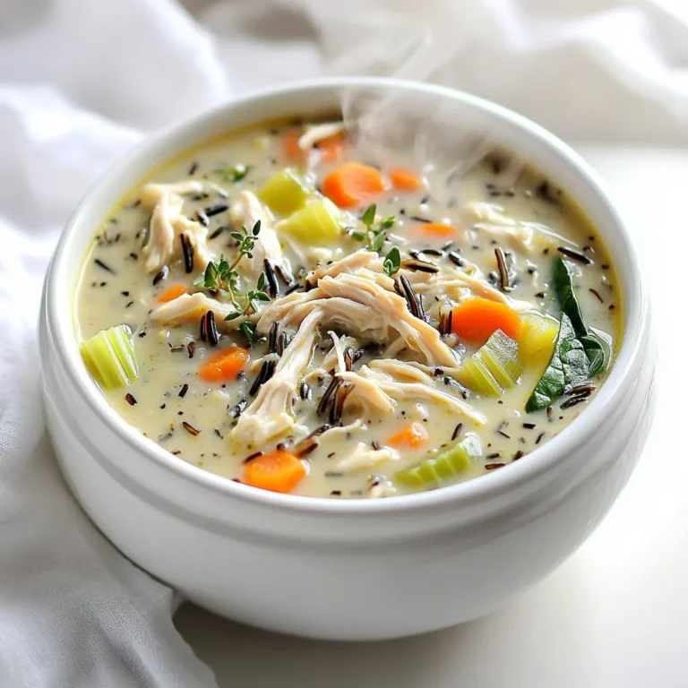 For this cozy soup, you'll need: - 1 pound boneless, skinless chicken breasts - 1 cup wild rice, rinsed - 1 medium onion, diced - 2 carrots, diced - 2 celery stalks, diced - 3 cloves garlic, minced - 6 cups chicken broth (low sodium) - 1 cup cream (or coconut cream for dairy-free) - 1 teaspoon dried thyme - 1 teaspoon dried rosemary - Salt and pepper to taste - 2 cups fresh spinach (or kale), chopped - 2 tablespoons olive oil These ingredients come together to create a warm and filling meal. To take your soup to the next level, consider adding: - Fresh herbs like parsley or dill for a bright touch - A splash of lemon juice for a zingy flavor - A pinch of red pepper flakes for heat - Mushrooms for earthy notes - Corn for sweetness and texture These extras can really make your soup shine and add layers of flavor. If you need to adjust for dietary needs, try these options: - Use turkey instead of chicken for a leaner protein. - Swap wild rice for brown rice or quinoa if preferred. - Use vegetable broth instead of chicken broth for a vegetarian option. - Coconut cream is a great dairy-free choice for cream. These substitutes ensure everyone can enjoy this delicious soup without worry. Start by gathering the vegetables. You will need one medium onion, two carrots, and two celery stalks. Dice them into small pieces. This helps them cook evenly. Heat two tablespoons of olive oil in a large skillet over medium heat. Add the diced onion, carrots, and celery. Cook for about five minutes until they soften. Then, add three minced cloves of garlic and cook for one to two more minutes. This step builds a great base for flavor. Now, let's move to the slow cooker. Place one pound of boneless, skinless chicken breasts at the bottom. This keeps the chicken moist. Next, add the sautéed vegetables right on top of the chicken. Then, pour in one cup of rinsed wild rice. Follow this with one teaspoon of dried thyme and one teaspoon of dried rosemary. These herbs add a lovely scent and taste. Finally, pour in six cups of low-sodium chicken broth, making sure everything is covered. Taste and sprinkle in salt and pepper to your liking. Cover the slow cooker and set it to cook. You can choose low for six to seven hours or high for three to four hours. The chicken should shred easily, and the rice should be tender when done. Once cooked, use two forks to shred the chicken directly in the slow cooker. Stir in one cup of cream or coconut cream and two cups of chopped fresh spinach. Let it simmer for an extra ten to fifteen minutes. This step wilts the spinach and makes the soup creamy and delicious. Adjust seasoning to taste, and it's ready to enjoy! To keep your chicken moist, choose boneless, skinless breasts. This cut cooks evenly and stays tender. When you start cooking, place the chicken at the bottom of the slow cooker. This helps it soak up all the broth's flavor. Cook on low for 6-7 hours or high for 3-4 hours. Always check for doneness by shredding the chicken with forks. If it pulls apart easily, it’s perfect. Wild rice takes longer to cook than white rice. Rinse it well before adding it to the slow cooker. This removes excess starch and helps prevent clumping. Add the wild rice along with the other ingredients. Stir it in to ensure even cooking. The wild rice should be tender but still have a slight chew when done. If it's undercooked, let it simmer a bit longer with the lid on. Using dried thyme and rosemary gives your soup a cozy, earthy flavor. Feel free to adjust the amounts to your taste. If you want more depth, consider adding bay leaves or a pinch of nutmeg. Fresh herbs like parsley or dill can brighten the soup when you serve it. A squeeze of lemon juice at the end adds a nice twist. Always taste your soup before serving. Adjust salt and pepper as needed for a balanced flavor. {{image_2}} You can swap cream for coconut cream. This keeps the soup rich and creamy. Coconut cream adds a hint of sweetness, too. If you want a lighter option, use almond milk. You can also try cashew cream for a nutty flavor. Feel free to load this soup with more veggies. Add zucchini, bell peppers, or mushrooms for depth. Sweet corn gives a nice pop of color and sweetness. Try adding green beans or peas for extra crunch. The more veggies, the better the soup! Chicken isn’t the only choice. You can use turkey for a twist. Shredded rotisserie chicken saves time and adds flavor. If you want a vegetarian version, use chickpeas or lentils. These options make the soup hearty and filling. After enjoying your soup, let it cool down. Pour the soup into an airtight container. Seal it tight and store it in the fridge. It stays fresh for about 3 to 4 days. If you plan to eat it later, move on to freezing. To reheat, take the soup out of the fridge. You can warm it on the stove or in the microwave. If using the stove, heat it gently over low heat. Stir often so it warms evenly. In the microwave, heat in short bursts of 1 to 2 minutes, stirring in between. Always check the temperature before serving. For long-term storage, freezing is the best option. Pour the cooled soup into freezer-safe bags. Remove as much air as you can before sealing. Write the date on the bag. You can freeze it for up to 3 months. When you want to eat it, thaw it overnight in the fridge. Then, reheat as mentioned above. Yes, you can use brown rice. However, it cooks differently than wild rice. Brown rice takes longer to cook. You may need to add extra broth and extend the cooking time. I recommend cooking brown rice separately and adding it at the end. This way, it stays tender and absorbs the soup's flavors well. You can store leftover soup for up to four days in the fridge. Make sure to keep it in an airtight container. If you want to keep it longer, freeze it. It will last up to three months in the freezer. Just let it cool before freezing. When you're ready, thaw it overnight in the fridge. This soup pairs well with many sides. Here are some great options: - Crusty bread or rolls - A fresh green salad - Crackers or breadsticks - Roasted vegetables Each choice adds a nice touch to your meal. Enjoy mixing and matching! This article covered how to make Slow Cooker Chicken & Wild Rice Soup. We discussed the main and optional ingredients, as well as helpful substitutes. I shared step-by-step instructions for preparation and cooking, along with tips for cooking chicken and wild rice perfectly. We also explored variations and storage info for leftovers. This soup is easy to make and full of flavor. You can adapt it to fit your needs and keep it fresh in your fridge or freezer. Enjoy making this delicious meal!