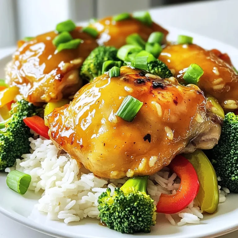For this tasty dish, you need a few key items. Here’s what you should gather: - 4 boneless, skinless chicken thighs - 1 cup jasmine rice - 2 cups low-sodium chicken broth - 1/3 cup honey - 4 cloves garlic, minced - 1 tablespoon soy sauce - 1 tablespoon fresh ginger, grated - 2 tablespoons olive oil - 1 cup broccoli florets - 1 red bell pepper, sliced - Salt and pepper to taste - 2 green onions, sliced for garnish These ingredients bring out the best flavors. The honey adds sweetness, while garlic and ginger give it a warm kick. You can also add some fun extras to boost flavor. Consider these options: - Peas for a pop of color and sweetness - Carrots, sliced thin for crunch - Snap peas for a fresh taste - Sesame seeds for a nutty finish These add-ins make the dish even more colorful and tasty. Feel free to mix and match based on what you like. If you have food allergies or different tastes, you can swap some ingredients. Here are some good alternatives: - Use chicken breast if you prefer lean meat. - Try brown rice for more fiber. - Substitute maple syrup for honey if you need a vegan option. - Use tamari instead of soy sauce for a gluten-free version. These substitutes keep the dish delicious while meeting your needs. Enjoy making this meal your own! To start, grab a medium bowl. In this bowl, whisk together the honey, minced garlic, soy sauce, and grated ginger. This mix will be your marinade. It gives the chicken a sweet and savory flavor. Season the chicken thighs with salt and pepper. Pour half of the marinade over the chicken. Let it sit for at least 15 minutes. If you have time, marinate it in the fridge for up to 2 hours. This will deepen the flavor. Next, heat olive oil in a large skillet over medium heat. Take the chicken out of the marinade and discard the leftover marinade. Place the chicken thighs in the pan. Cook them for about 5 minutes on each side. Look for a golden brown color. Ensure the chicken is cooked through. Once done, remove the chicken from the skillet and set it aside. This step keeps the chicken juicy and tasty. Now, it’s time to make the rice. In the same skillet, add jasmine rice and toast it for 2 minutes. Stir it often to prevent burning. Next, pour in the chicken broth, then add broccoli florets and sliced bell pepper. Stir well to mix everything. Make sure the rice is fully submerged in the broth. Place the cooked chicken thighs back on top of the rice and veggies. Drizzle the rest of the honey-garlic marinade over the chicken. Cover the skillet with a lid. Let it simmer on low heat for 15 to 18 minutes. This helps the rice absorb all the flavors. Afterward, remove it from heat and let it steam for 5 minutes without lifting the lid. This will make the rice fluffy. Finally, garnish with sliced green onions before serving. Enjoy your one-pan meal! To keep your chicken juicy, start with good marinating. Use half the honey-garlic sauce to coat the chicken. Let it sit for at least 15 minutes. If you have more time, chill it for up to 2 hours. This helps the flavors soak in. When cooking, don’t overcrowd the pan. Give each piece space to brown well. Flip the chicken only once during cooking. This keeps it moist and tender. Cooking rice perfectly is key. Use jasmine rice for its aroma and flavor. Toast the rice for 2 minutes before adding the broth. This step enhances its taste and texture. When you add the broth, make sure the rice is fully submerged. Cover the pan during cooking to trap steam. Let it simmer on low heat for 15-18 minutes. After cooking, let it sit for 5 minutes without lifting the lid. This ensures fluffy rice every time. Fresh herbs can elevate your dish. Green onions are a must for garnish. They add a nice crunch and fresh taste. You can also try cilantro or parsley for more flavor. Chop them finely and sprinkle on top just before serving. This little touch makes your meal look fancy and tastes great too. Don’t skip this step; it adds freshness and color. {{image_2}} You can boost the nutrition of this dish by adding more vegetables. Try adding carrots, snap peas, or spinach. These veggies cook quickly and add great color. They also bring extra vitamins and minerals to your meal. Just toss them in with the rice and broth. This keeps everything simple and tasty. If you want to switch proteins, you have options! You can use chicken breast instead of thighs for a leaner choice. Tofu is a great plant-based swap for chicken. Just make sure you press it to remove excess water. You can also try shrimp for a seafood twist. Each option will give a new taste to the dish while keeping it easy. For a gluten-free version, use tamari instead of soy sauce. It has the same flavor but is gluten-free. Always check labels to ensure your broth is also gluten-free. With these swaps, you can enjoy this meal without worry. You can still savor the honey garlic taste that makes this dish so special. To keep your honey garlic chicken and rice fresh, store it in an airtight container. Make sure the food has cooled down to room temperature before sealing it. This step helps prevent condensation, which can make the rice soggy. You can keep it in the fridge for up to three days. If you follow these tips, your meal will taste great when you reheat it. When reheating, use the microwave for quick results. Add a splash of chicken broth or water to keep the rice moist. Cover the dish with a microwave-safe lid or a damp paper towel. Heat it for 1-2 minutes, stirring halfway through. If you want to use the stove, heat it in a pan over low heat. Stir it often and add a little broth if needed. This method can help keep the flavors intact. For longer storage, you can freeze this dish. Let it cool completely, then portion it into freezer-safe bags or containers. Remove as much air as possible to prevent freezer burn. Label the containers with the date. You can freeze it for up to three months. When ready to eat, thaw it overnight in the fridge. Reheat as mentioned above for the best taste and texture. Yes, you can use brown rice instead of jasmine rice. Brown rice takes longer to cook. It needs more liquid and time. Use about 2 1/2 cups of chicken broth for 1 cup of brown rice. Let it simmer for 30-40 minutes. This will give you a heartier dish with more nutrients. If you want to replace honey, try maple syrup or agave nectar. Both options add sweetness. You can also use brown sugar dissolved in warm water. This gives a similar taste but keeps the dish balanced. The dish lasts about 3-4 days in the fridge. Store it in an airtight container. Make sure it is cooled down before you seal it. This keeps the flavors fresh and safe to eat. This article covered how to make delicious honey garlic chicken and rice. We looked at essential ingredients, step-by-step cooking methods, and tips for juicy chicken. You learned about variations and storage tips for leftovers as well. Remember, cooking is all about trying new things and making it your own. With these ideas, feel free to personalize the dish. Enjoy your meal creation and happy cooking!