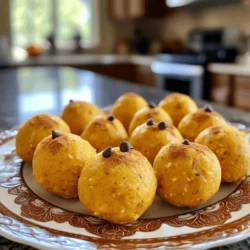 To make No-Bake Pumpkin Spice Energy Bites, gather these simple ingredients: - 1 cup rolled oats - 1/2 cup almond butter (or peanut butter) - 1/2 cup pure pumpkin puree - 1/4 cup honey or maple syrup - 1 tsp pumpkin spice - 1/2 tsp vanilla extract - 1/4 cup flaxseed meal - 1/4 cup mini chocolate chips (optional) - Pinch of salt Each ingredient plays an important role. The rolled oats give a chewy texture. Almond butter adds creaminess and protein. Pure pumpkin puree gives flavor and moisture. Honey or maple syrup sweetens and binds the mixture. Pumpkin spice brings warmth and fall vibes. Vanilla extract adds a hint of sweetness. Flaxseed meal boosts nutrition. Mini chocolate chips can make these bites extra fun. You can adjust these ingredients to fit your taste. For example, swap almond butter for peanut butter if you like. If you want a sweeter bite, add more honey. You can also leave out the chocolate chips for a simpler snack. Each choice helps you create your perfect energy bite. Mixing the Sticky Mixture Start by gathering your ingredients. In a medium bowl, add rolled oats, almond butter, and pumpkin puree. Next, pour in honey or maple syrup. Add a teaspoon of pumpkin spice and half a teaspoon of vanilla extract. Mix everything well until it forms a sticky mixture. This is the base for your energy bites. Rolling into Balls Once your mixture is ready, it’s time to shape your bites. Use your hands to grab small portions. Roll them into balls about one inch wide. Place each ball on a tray lined with parchment paper. This will keep them from sticking. Setting and Refrigerating After rolling all your bites, it’s essential to firm them up. Put the tray in the fridge for at least thirty minutes. This helps the energy bites hold their shape. Once they are set, transfer them to an airtight container. They will stay fresh in the fridge for up to a week. 1. Combine the main ingredients: In your bowl, mix the rolled oats, almond butter, pumpkin puree, honey or maple syrup, pumpkin spice, and vanilla. 2. Stir until sticky: Keep mixing until you have a sticky blend that holds together. 3. Add flaxseed and chocolate chips: Stir in the flaxseed meal and mini chocolate chips if you want some extra sweetness. 4. Roll the mixture: Grab a small amount and shape it into a ball with your hands. 5. Place on a tray: Set each ball on a parchment-lined tray. Make sure they don’t touch each other. 6. Chill in the fridge: Refrigerate for at least thirty minutes to let them harden. 7. Store properly: Once firm, move them to an airtight container for easy snacking. These steps make it easy to create a tasty and healthy snack. Enjoy your no-bake pumpkin spice energy bites! Ensuring Proper Consistency To make great energy bites, the right mix is key. You want a sticky, but not too wet, mixture. If it feels dry, add a bit more almond butter or honey. If it feels too wet, add more oats or flaxseed meal. This will help shape the bites well. Substitutions for Ingredients You can swap ingredients based on your taste. Instead of almond butter, try peanut butter or sun butter. You can also use agave syrup instead of honey. For a nut-free version, just leave out the nut butter. This way, you can make these bites fit your diet. Decorative Serving Suggestions When serving, place the energy bites on a pretty plate. You can even sprinkle some extra pumpkin spice on top. This gives a nice look and adds more flavor. For a touch of fun, add a few mini chocolate chips on each bite. It makes them look tempting! Festive Touch Enhancements To make your bites festive, place them in small cupcake liners. You can also use fall-themed decorations around the plate. This adds a warm touch to your snack table. It makes everything feel more special, especially during the autumn months. {{image_2}} You can easily switch up the flavors in your energy bites. Adding other spices like cinnamon or nutmeg can boost the taste. Try a pinch of each to see what you prefer. Each spice brings its own warmth and depth to the bites. Using different nut butters can also change the flavor. Almond butter gives a nutty taste. Peanut butter adds a rich, creamy texture. You can even try sunflower seed butter for a nut-free option. This keeps the bites tasty and fun. You can customize your energy bites with different add-ins. Seeds, like chia or pumpkin seeds, add crunch and nutrition. Dried fruits, such as cranberries or raisins, offer sweetness. These options let you create a mix that suits your taste. If you love chocolate, switch up the type you use. Dark chocolate chips add richness. White chocolate gives a sweet contrast. You can also use cacao nibs for a less sweet option. This way, you can match the energy bites to your cravings. How to Store in the Fridge To keep your no-bake pumpkin spice energy bites fresh, store them in an airtight container. Place the bites in the fridge right after they set. They will stay good for up to one week. This helps them maintain their flavor and texture. Freezing Instructions If you want to keep them longer, you can freeze the energy bites. Just place them in a freezer-safe bag or container. Make sure to separate each bite with parchment paper to prevent sticking. They will last about three months in the freezer. When you are ready to eat, take out a few and let them thaw in the fridge. Duration for Freshness These energy bites taste best when fresh. In the fridge, enjoy them within a week. If frozen, they remain tasty for up to three months. After that, they may lose flavor or texture. Always check for any signs of spoilage before eating. No-bake energy bites last up to one week in the fridge. Store them in an airtight container. This helps keep them fresh and tasty. Yes, you can freeze these bites! Just place them in a freezer-safe bag. They can last up to three months. Thaw them in the fridge before you eat. You can use peanut butter as a great substitute. Sunflower seed butter works too. Each option gives a unique flavor, so choose what you like. Yes, these energy bites are quite healthy! They include oats, pumpkin, and flaxseed. These ingredients provide fiber and healthy fats. Plus, they make a great snack for kids and adults. These energy bites are easy to make and tasty. You learned about the key ingredients, steps, and tips. With a few simple changes, you can customize these bites to fit your taste. Remember to store them correctly for the best shelf life. I hope you feel excited to try this recipe. Enjoy making these energy bites for a healthy snack!