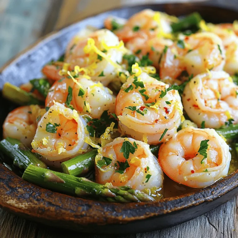 To make this dish, you need: - 1 pound large shrimp, peeled and deveined - 1 bunch asparagus, trimmed and cut into 2-inch pieces - 4 cloves garlic, minced - Zest and juice of 1 lemon - 3 tablespoons olive oil - 1 teaspoon paprika - ½ teaspoon red pepper flakes (optional) - Salt and pepper to taste - Fresh parsley, chopped (for garnish) Using fresh ingredients makes a big difference. Fresh shrimp have a sweet taste and a firm texture. Asparagus should be bright green and crisp. Fresh garlic adds a strong flavor that brings the dish alive. Lemons should feel heavy and have a bright skin. When you use fresh items, you get the best taste and nutrition. You can add more to this dish if you want. Consider tossing in cherry tomatoes for a pop of color and sweetness. Bell peppers can also add crunch and sweetness. If you like spice, try adding more red pepper flakes or a dash of hot sauce. A sprinkle of feta cheese just before serving can add a creamy element. Start by preheating your oven to 400°F (200°C). This step ensures that the shrimp and asparagus cook evenly. A hot oven helps the shrimp get a nice pink color and keeps the asparagus crisp. In a large mixing bowl, combine these ingredients: - 1 pound large shrimp, peeled and deveined - 1 bunch asparagus, trimmed and cut into 2-inch pieces - 4 cloves garlic, minced - Zest and juice of 1 lemon Drizzle the olive oil over the mixture. Add 3 tablespoons of olive oil, 1 teaspoon of paprika, and ½ teaspoon of red pepper flakes if you want some heat. Season with salt and pepper to taste. Toss everything together until the shrimp and asparagus are evenly coated. This mixture will be full of flavor. Spread the shrimp and asparagus mixture in a single layer on a large sheet pan. Make sure they have space to cook well. Bake in the preheated oven for 10-12 minutes. Keep an eye on them! The shrimp will turn pink and opaque when cooked through. The asparagus should be tender but still crisp. Remove the pan from the oven. Garnish with freshly chopped parsley for a pop of color. Serve immediately for the best taste! To cook shrimp just right, remember a few key points. First, use large shrimp for a better bite. Shrimp cook quickly, so watch the time. Bake them for just 10 to 12 minutes. They should turn pink and curl slightly. Overcooking makes shrimp tough and rubbery. If they look dry, you have gone too far. Always check them at the 10-minute mark to avoid this mistake. Lemon and garlic are stars in this dish. Their bright flavors really pop. Add salt and pepper for balance. Paprika gives a nice smoky touch. Red pepper flakes add a bit of heat, but it’s optional. For a burst of freshness, try adding herbs like dill or basil. When you mix everything together, let the flavors mingle for a few minutes. This helps them blend before cooking. Serving matters, especially with a dish like this. Use a large platter for a beautiful display. Lay the shrimp and asparagus in a colorful pattern. Garnish with freshly chopped parsley for a pop of green. You can also add lemon wedges on the side. This adds color and lets guests add more lemon if they want. A nice touch can make your meal look gourmet! {{image_2}} You can swap shrimp for chicken or tofu. If you choose chicken, use boneless thighs or breasts. Cut them into bite-sized pieces for even cooking. Tofu works great too; use firm or extra-firm tofu for the best texture. Just make sure to press it first to remove excess moisture. This change will still give you a tasty meal. Feel free to load up on veggies! Broccoli, bell peppers, or cherry tomatoes work well. They add color and nutrition. Chop them into similar sizes as the asparagus so they cook evenly. Toss them in with the shrimp for a full meal. You’ll enjoy the added flavors and textures. Want to change the taste? You can make it spicy by adding more red pepper flakes. Try a pinch of cayenne pepper for more heat. If you prefer herbs, mix in fresh dill or basil. You can also use lemon pepper seasoning for a zesty twist. These changes will keep your meal exciting and new. To store leftovers, let the dish cool completely. Place the shrimp and asparagus in an airtight container. You can keep it in the fridge for up to three days. If the shrimp smell off or the asparagus looks dull, it’s best to toss them out. When reheating, use the oven for the best taste. Preheat your oven to 350°F (175°C). Place the shrimp and asparagus on a baking tray. Heat for about 10 minutes, or until warm. You can also use the microwave, but it may make the shrimp rubbery. If you do use a microwave, heat in short bursts of 30 seconds. To freeze, place the cooled dish in a freezer-safe container. Make sure to remove as much air as possible. Label the container with the date. You can freeze it for up to three months. To thaw, move it to the fridge overnight. You can also use the microwave on defrost mode for quicker results. Yes, you can make this dish ahead of time. You can prep the shrimp and asparagus mix and store it in the fridge. This keeps it fresh for up to 24 hours. When you are ready to cook, just take it out and bake. This makes meal prep easy and quick for busy days. You have many great options to serve with this dish. Here are a few ideas: - Rice: White or brown rice pairs well. - Quinoa: A healthy choice that adds texture. - Pasta: Toss with olive oil for a light side dish. - Salad: A crisp green salad adds freshness. - Bread: Garlic bread or a baguette can soak up the juices. These sides balance the meal and add variety. You can tell when the shrimp are fully cooked by looking at their color. Cooked shrimp turn pink and opaque. They should also curl slightly. For best results, cook them for 10-12 minutes. If you have a food thermometer, the shrimp should reach 120°F (49°C). This ensures they are safe to eat and taste great. In this post, we explored how to make delicious Sheet-Pan Lemon Garlic Shrimp and Asparagus. We covered the key ingredients, the step-by-step cooking process, and helpful tips to impress your guests. You can also try different proteins and veggies to suit your taste. Remember to store leftovers properly for later enjoyment. Cooking can be fun and easy, so don’t hesitate to experiment. Enjoy making this tasty dish and share it with family and friends!