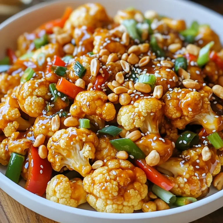 - 1 medium cauliflower, cut into florets - 3 tablespoons vegetable oil - 1/2 cup roasted unsalted peanuts - 1 bell pepper (red or green), diced - 3 green onions, sliced (whites and greens separated) - 2 cloves garlic, minced - 1 inch ginger, minced - 2 tablespoons soy sauce - 1 tablespoon chili paste (adjust to spice preference) - 1 tablespoon rice vinegar - 1 tablespoon hoisin sauce - 1 teaspoon sesame oil - Salt and pepper to taste - Optional: sesame seeds for garnish In this recipe, I use fresh cauliflower florets as the star. The crispy texture adds a nice bite. Vegetable oil helps everything cook evenly and adds flavor. Roasted unsalted peanuts give a great crunch. They also add protein to the dish. Diced bell pepper brings sweetness and color. I like to use red or green. Sliced green onions add a nice freshness, and I separate the whites and greens for extra flavor. Minced garlic and ginger bring warmth and depth to the dish. The sauce is where the magic happens. Soy sauce gives a savory base. Chili paste adds heat, and you can adjust it to your liking. Rice vinegar adds tang, while hoisin sauce brings a hint of sweetness. Sesame oil adds a nutty finish. A pinch of salt and pepper enhances all the flavors. If you like, add sesame seeds on top for garnish. They offer a fun touch and extra crunch. Start by cutting the medium cauliflower into small florets. Place them in a large bowl. Drizzle with vegetable oil and sprinkle a pinch of salt and pepper. Toss until each floret is well coated. This step helps the cauliflower get crispy and tasty when roasted. Preheat your oven to 425°F (220°C). Spread the cauliflower on a baking sheet in a single layer. Roast it for about 20 minutes. You want it to turn golden brown and become tender. This roasting adds a nice flavor and texture. In a small bowl, mix together soy sauce, chili paste, rice vinegar, hoisin sauce, and sesame oil. Adjust the chili paste to fit your spice level. Mix well until smooth. This sauce will give your dish that classic Kung Pao kick. Heat the remaining vegetable oil in a large wok or skillet over medium-high heat. Add minced garlic, ginger, and the white parts of green onions. Sauté for about 1-2 minutes. The aroma will tell you when it’s ready. This step builds flavor for your dish. Add the roasted cauliflower and diced bell pepper into the wok. Pour in the sauce mixture. Toss everything together for about 3-4 minutes. Ensure all ingredients are well coated. This step mixes in all the wonderful flavors. Stir in the roasted peanuts and cook for another minute. This adds crunch and richness to your dish. The peanuts will soak up some of that spicy sauce, making them even tastier. Remove the dish from heat. Garnish with the green parts of the green onions and optional sesame seeds. Serve it in a large bowl. For a complete meal, pair it with steamed rice or quinoa. Enjoy the vibrant colors and bold flavors! You can change the heat in this dish. Start with one tablespoon of chili paste. If you like it hotter, add more chili paste. Taste the sauce before mixing it with the cauliflower. This way, you can find the perfect spice that suits you. For the best roast, cut the cauliflower into even florets. This helps them cook evenly. Toss them in vegetable oil, salt, and pepper. Spread them out on a baking sheet. Avoid crowding; this lets them brown well. Roast at 425°F for about 20 minutes. They should be golden and tender. Make your dish look great to impress! Serve the Kung Pao Cauliflower in a large bowl. Sprinkle sesame seeds on top for crunch. Use the green parts of the green onions for color. Pair it with steamed rice or quinoa to complete the meal. Enjoy the beautiful mix of colors and textures! {{image_2}} If you have dietary needs, you can swap some ingredients. For a low-carb option, use zucchini instead of cauliflower. If you're avoiding nuts, try sunflower seeds instead of peanuts. You can also use tamari instead of soy sauce for a gluten-free version. Don't feel stuck with cauliflower. Broccoli works great too! You can even use green beans or bell peppers. Each veggie adds a unique flavor and texture. Try mixing different vegetables together for fun. This dish is already vegan, but you can make it even better. Use coconut aminos instead of soy sauce for a sweeter taste. If you want a creamier sauce, add a bit of almond butter. This keeps the dish rich without using animal products. After making Spicy Kung Pao Cauliflower, let it cool to room temperature. Place leftovers in an airtight container. Store them in the fridge for up to three days. This dish stays tasty and fresh when stored properly. To reheat, use a skillet on medium heat. Add a splash of water or oil to prevent sticking. Stir often for about five minutes until heated through. You can also use the microwave. Heat in short bursts, stirring in between. This keeps the dish moist and flavorful. If you want to save some for later, freezing works well. Place the cooled cauliflower in a freezer-safe container. It can last up to three months in the freezer. When you're ready to eat, thaw it in the fridge overnight. Reheat as mentioned above for the best taste. You can serve Spicy Kung Pao Cauliflower with many sides. Here are some ideas: - Steamed rice - Quinoa - Noodles - Stir-fried vegetables - Salad These sides balance the spicy flavor and add nutrition. Yes, you can make this recipe in advance. Here’s how: - Roast the cauliflower and prepare the sauce ahead of time. - Store them separately in the fridge. - When ready to serve, heat the cauliflower and mix in the sauce. This way, you save time and enjoy fresh flavors. To make this dish spicier, you have several options: - Add more chili paste to the sauce. - Use fresh chopped chilies for extra heat. - Add red pepper flakes during cooking. Adjust the spice to fit your taste buds. Yes, Spicy Kung Pao Cauliflower can be gluten-free. Just follow these tips: - Choose gluten-free soy sauce. - Ensure the hoisin sauce is gluten-free. This way, you can enjoy a tasty meal without gluten. This post shared a delicious recipe for Spicy Kung Pao Cauliflower. We covered key ingredients like cauliflower, peanuts, and various sauces. The step-by-step guide helps you prepare, roast, and serve the dish with ease. Tips on spice levels and presentation elevate your cooking game. You learned about variations for dietary needs and how to store leftovers. Embrace this flavorful dish, and make it your own!