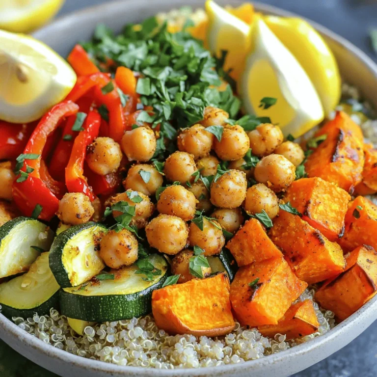 To make these delicious bowls, gather the following items: - 1 can (15 oz) chickpeas, drained and rinsed - 1 medium sweet potato, peeled and diced - 1 red bell pepper, chopped - 1 zucchini, sliced - 1 red onion, sliced - 2 tablespoons olive oil - 1 teaspoon smoked paprika - 1 teaspoon ground cumin - 1 teaspoon garlic powder - Salt and pepper to taste - 2 cups cooked quinoa or brown rice - Fresh parsley, chopped (for garnish) - Lemon wedges (for serving) These ingredients bring together a mix of flavors and textures. The chickpeas provide protein, while the sweet potato adds sweetness. The veggies contribute crunch and color. You can also add these ingredients for a flavor boost: - 1 teaspoon chili powder for heat - 1 teaspoon onion powder for depth - Avocado slices for creaminess - Feta cheese for a salty kick Using these extras can change the taste profile. Feel free to experiment with spices you love. To make your meal even healthier, consider these add-ins: - Spinach or kale for extra greens - Pumpkin seeds for crunch and healthy fats - A spoonful of hummus for creaminess and flavor - Sliced almonds for added texture These options not only enhance nutrition but also make the dish more filling. You can mix and match based on what you have on hand. Start by gathering all your ingredients. You need one can of chickpeas, a medium sweet potato, a red bell pepper, a zucchini, and a red onion. Drain and rinse the chickpeas. Peel and dice the sweet potato into small cubes. Chop the red bell pepper and slice the zucchini and onion. This prep makes cooking easy and quick. Preheat your oven to 425°F (220°C). On a large sheet pan, combine the sweet potato, chickpeas, red bell pepper, zucchini, and red onion. Drizzle two tablespoons of olive oil over the veggies. Add one teaspoon each of smoked paprika, ground cumin, garlic powder, salt, and pepper. Toss everything well to coat. Spread the mixture evenly on the pan. Roast in the oven for 25 to 30 minutes. Stir halfway through for even cooking. The sweet potatoes should be tender and golden. While your veggies roast, prepare two cups of cooked quinoa or brown rice. Once the veggies and chickpeas are done, take them out of the oven and let them cool for a bit. In each bowl, add a base of quinoa or brown rice. Top it with the spiced chickpea and veggie mixture. Finish with a sprinkle of fresh parsley and serve with lemon wedges on the side. This adds a bright and zesty flavor to your dish. Roasting veggies brings out their best flavors. To get it right, spread your veggies and chickpeas out evenly. This helps them cook evenly. Make sure they are not crowded. Crowding can cause steaming, which makes them soggy. Stir them halfway through cooking. This ensures all sides get nice and crispy. You can switch up the spices for a new taste. Try adding curry powder for warmth. A sprinkle of cayenne adds heat. You can also mix in fresh herbs like thyme or rosemary. These fresh herbs give a bright kick. For a nutty flavor, toss in sesame seeds before serving. Don’t forget to taste as you go! These bowls are very flexible. Serve them with a side of yogurt for creaminess. A dollop of hummus also works great. You can top them with avocado slices for healthy fats. For crunch, add some toasted nuts or seeds. Lemon wedges bring a zesty finish, making each bite pop. Enjoy your meal! {{image_2}} You can mix up the veggies in your bowls. Try using broccoli, carrots, or cauliflower. These vegetables roast well and add great flavor. You can also swap in seasonal veggies like asparagus or Brussels sprouts. This keeps your meals fresh and exciting. Both quinoa and brown rice work great as bases for your bowls. Quinoa cooks quickly and adds protein. It has a nice nutty taste that pairs well with the chickpeas. Brown rice has a heartier texture and is filling. Choose what you like best. You can even combine both for more texture. You can easily prep these bowls ahead of time. Roast extra veggies and chickpeas to store for later. Keep them in the fridge for up to four days. When ready to eat, just heat them up and serve over your grain base. This makes weeknight dinners super easy. To keep your sheet pan spiced chickpea veggie bowls fresh, place the leftovers in an airtight container. Make sure to cool them to room temperature before sealing. Store them in the fridge for up to four days. This way, the flavors stay bright, and the veggies remain tasty. When you're ready to enjoy your leftovers, reheat them in the oven for the best results. Preheat your oven to 350°F (175°C). Spread the veggie mixture on a baking sheet and heat for about 10-15 minutes. Stir halfway to ensure even warming. If you're in a hurry, use the microwave. Heat in short bursts of 30 seconds, stirring in between, until warm. You can freeze these bowls for later. Let the veggie mix cool completely before packing it into freezer-safe containers. It will keep well for up to three months. When you want to eat them, thaw in the fridge overnight. Reheat as mentioned above for a quick, easy meal. Yes, you can use dried chickpeas. First, soak them overnight. Then, cook them until tender. This step takes longer but adds great flavor. Remember to season them well before roasting. These veggie bowls are versatile. Serve them with fresh greens for crunch. You can also add avocado slices for creaminess. A dollop of yogurt adds a nice touch. Enjoy with a sprinkle of nuts or seeds for extra texture. This recipe is already vegan! Just ensure the grain you choose is gluten-free. Quinoa works great for this. Use brown rice if you prefer that. Check labels on any added sauces or toppings. In this post, we explored how to make delicious sheet pan spiced chickpea veggie bowls. You learned about essential ingredients, cooking steps, and ways to add flavor. We also discussed tips for perfect roasting and possible variations to try. Remember, these bowls are great for meal prep and easy to store. Enjoy them fresh or reheated later. Eating healthy can be fun and simple with this recipe!