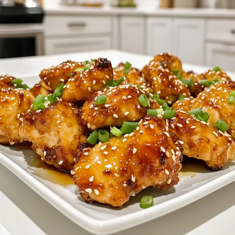 - 1 lb boneless, skinless chicken thighs, cut into bite-sized pieces - 1/2 cup teriyaki sauce - 2 tablespoons honey - 1 tablespoon soy sauce - 1 tablespoon fresh ginger, grated - 1 tablespoon sesame oil - 2 cloves garlic, minced - 1/4 teaspoon black pepper - Garnishes: 2 tablespoons sesame seeds, 2 green onions, chopped - You can use BBQ sauce instead of teriyaki sauce. - Low-sodium soy sauce is a healthy choice. - Maple syrup can replace honey in recipes. When you gather these ingredients, make sure they are fresh. Fresh ginger adds a nice zing. Using high-quality teriyaki sauce will enhance the flavor. If you want to spice things up, add some crushed red pepper. Don't forget to check your pantry for substitutes before you shop. This saves time and reduces waste. To make the marinade, mix the teriyaki sauce, honey, soy sauce, grated ginger, minced garlic, sesame oil, and black pepper in a large bowl. Stir until well combined. Add the bite-sized chicken pieces to the bowl. Make sure each piece is coated in the marinade. Cover the bowl with plastic wrap and place it in the fridge. Marinate for at least 30 minutes for good flavor. You can marinate for up to 2 hours if you want a deeper taste. Preheating the air fryer is key. It helps the chicken cook evenly and get crispy. Set your air fryer to 375°F (190°C). Let it preheat for about 5 minutes. This step makes a big difference in the final dish. Once the air fryer is ready, take the marinated chicken from the fridge. Place the chicken pieces in the air fryer basket in a single layer. Do not overcrowd the basket; this ensures even cooking. You might need to cook in batches if your air fryer is small. Cook the chicken bites for about 10-12 minutes. Shake the basket halfway through to help them crisp up. Make sure the chicken reaches an internal temperature of 165°F (74°C) for safety. Enjoy those golden-brown bites! To get that perfect texture for your teriyaki chicken bites, follow these tips: - Marinate Well: The longer you marinate, the more flavor the chicken gets. Aim for at least 30 minutes. - Preheat Your Air Fryer: Always preheat your air fryer to 375°F (190°C). This helps the chicken cook evenly. - Single Layer Cooking: Place the chicken in a single layer in the fryer basket. This allows hot air to circulate. - Shake the Basket: Halfway through cooking, give the basket a shake. This helps to crisp all sides of the chicken. To achieve crispiness, you can: - Use Sesame Oil: This oil adds flavor and helps with crispiness. - Avoid Excess Marinade: Let extra marinade drip off before air frying. Too much liquid can make the chicken soggy. One problem you may face is overcrowding the basket. Avoid this by: - Cooking in Batches: If you have a lot of chicken, split it into smaller batches. This ensures each piece cooks well. If your chicken is undercooked, check the internal temperature. It should reach 165°F (74°C). If it’s not done: - Return to the Air Fryer: Put it back in for a few more minutes. Always check again before serving. For tasty pairings with teriyaki chicken bites, consider: - Rice or Quinoa: Both are great bases for the chicken. - Steamed Veggies: Broccoli or snap peas add color and texture. - Salads: A light salad with a citrus dressing complements the dish well. For the best sides, try: - Fried Rice: This is a classic choice. - Edamame: Lightly salted, they add a nice crunch. - Noodles: Soy or sesame noodles work wonderfully. {{image_2}} You can switch up the flavor of your teriyaki chicken bites with different marinades. Try a fruity marinade using pineapple juice and orange zest for a tropical twist. For a savory kick, add miso paste and rice vinegar. If you love heat, mix in some chili sauce or sriracha with the teriyaki sauce. You can even make a peanut sauce for a nutty flavor that pairs well with chicken. If you want to bake your teriyaki chicken bites, preheat your oven to 400°F (200°C). Spread the chicken pieces on a baking sheet lined with parchment paper. Bake for about 20 minutes, flipping halfway through. This method gives you a nice, crispy exterior. Grilling is another great way to cook these bites. Preheat your grill to medium-high heat. Thread the marinated chicken pieces onto skewers. Grill them for about 10-12 minutes, turning often. This adds a smoky flavor that is simply delicious. You can add vegetables to your teriyaki chicken bites for extra taste and color. Try bell peppers, zucchini, or snap peas. Toss them in the marinade for the last few minutes of cooking. Garnishing can elevate your dish. Try adding toasted sesame seeds or fresh cilantro for a pop of flavor. Thinly sliced radishes or a drizzle of extra teriyaki sauce can also make your dish look and taste better. To store your leftover teriyaki chicken bites, follow these tips: - Let the chicken cool to room temperature. - Place the bites in an airtight container. - Refrigerate them within two hours of cooking. - For best taste, eat within three days. Using glass or BPA-free plastic containers works well. These materials keep food fresh and safe. When reheating chicken bites, you want them crispy again. Here’s how: - Preheat your air fryer to 375°F (190°C). - Place the chicken bites in a single layer in the basket. - Heat for about 5-7 minutes, shaking the basket halfway. Check that the bites reach at least 165°F (74°C) before serving. If you want to save chicken bites for later, try freezing them: - Allow the chicken to cool completely. - Spread them out on a baking sheet to freeze individually. - Once frozen, transfer them to a freezer bag or container. For best quality, eat them within three months. To thaw, place them in the fridge overnight. Yes, you can use chicken breast. However, thighs are juicier and more tender. Chicken breast can dry out if overcooked. If you choose breast, cook it for a shorter time to keep it moist. Marinate the chicken for at least 30 minutes. For more flavor, you can marinate it for up to 2 hours. Make sure to cover the bowl to keep the chicken fresh. Many air fryers work well for this recipe. I recommend models like the Ninja Foodi, Philips Air Fryer, or Cosori Air Fryer. Choose one with a good capacity for even cooking. Yes, you can make it gluten-free. Use gluten-free teriyaki sauce and gluten-free soy sauce. Always check labels to be sure they do not contain gluten. Teriyaki chicken bites taste great with various sauces. Try sweet chili sauce, soy sauce, or even a spicy mayo. These sauces add extra flavor and complement the teriyaki taste. This guide showed you how to make tasty teriyaki chicken bites. We covered the key ingredients, cooking steps, and tips for success. You learned about optional ingredients and perfect pairings. Understanding storage and reheating gives you more flexibility in serving. With these insights, you can enjoy great chicken bites anytime. Now, it’s time to try it out and impress your friends and family!