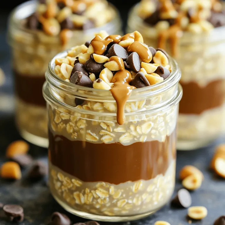 To make Peanut Butter Cup Overnight Oats, you will need a few simple ingredients. Here is the list: - 1 cup rolled oats - 2 cups almond milk (or your choice of milk) - 1/2 cup Greek yogurt (plain or vanilla) - 1/4 cup creamy peanut butter - 2 tablespoons maple syrup (or honey) - 1 tablespoon cocoa powder - 1/2 teaspoon vanilla extract - A pinch of salt - 1/4 cup dark chocolate chips (or mini chocolate chips) - Chopped peanuts for topping (optional) These ingredients blend together to create a tasty and filling meal. Each item plays a key role. The rolled oats provide fiber and bulk, while the Greek yogurt adds protein and creaminess. Peanut butter gives it that rich flavor, and cocoa powder adds a nice chocolate touch. If you want to switch things up, you can use other types of milk like oat or soy milk. You can also try different nut butters if you prefer. The chocolate chips add sweetness and fun, but feel free to skip them if you want to cut back on sugar. Overall, this list includes all you need to enjoy a delicious breakfast. Each bite will remind you of a peanut butter cup, making mornings something to look forward to! 1. Combine oats and liquids: In a large bowl, add 1 cup of rolled oats. Pour in 2 cups of almond milk. Add 1/2 cup of Greek yogurt and 1/4 cup of creamy peanut butter. Stir this mix until it is smooth and well blended. 2. Add sweeteners and flavors: Next, add 2 tablespoons of maple syrup, 1 tablespoon of cocoa powder, and 1/2 teaspoon of vanilla extract. Toss in a pinch of salt. Mix everything together until fully combined. 3. Incorporate chocolate chips: Gently fold in 1/4 cup of dark chocolate chips. Be careful not to break the chips while stirring. This adds a delightful chocolate burst. - Dividing into jars or containers: Take the mixture and evenly divide it into two jars or containers. This helps with serving and keeps things neat. - Overnight refrigeration time: Cover the jars with lids or plastic wrap. Place them in the fridge for at least 6 to 8 hours. This allows the oats to soak and soften. - Morning preparation tips: In the morning, take the jars out and give the oats a good stir. If they seem too thick, add a splash of milk to make them creamier. Top with chopped peanuts for added crunch. A drizzle of peanut butter on top looks great too! To get the right thickness for your overnight oats, you can adjust the milk. If your oats seem too thick, simply add a splash of milk. Stir it in well to blend. This small step makes a big difference. Even stirring is key. I recommend using a large spoon. Start from the bottom and mix upward. This helps blend all ingredients evenly. You want each bite to be rich and creamy. Garnishing your oats can take them to the next level. I love topping mine with chopped peanuts. They add a nice crunch. A drizzle of peanut butter also enhances the flavor. It creates a delicious topping that’s hard to resist. You can also add seasonal fruits. Slices of banana or fresh berries add color and taste. They make your breakfast look great and add natural sweetness. Mix and match to find your perfect combo! {{image_2}} You can easily change the flavor of your overnight oats. One fun way is to add fruit. Slices of banana or a handful of berries can brighten up your oats. They add natural sweetness and nutrients. You can also swap the peanut butter for almond or cashew butter. This gives a new nutty taste and can be just as creamy. If you need gluten-free options, use certified oats. They are safe for those with gluten issues. For a vegan twist, replace Greek yogurt with non-dairy yogurt. This keeps the recipe plant-based and delicious. You can enjoy these oats without any dairy. These simple changes keep your breakfast tasty and fit your diet. To keep your Peanut Butter Cup Overnight Oats fresh, store them in the fridge. Use airtight jars or containers. This helps seal in flavor and moisture. These oats stay good for up to five days. Always check for any off smells or changes in texture. If you want to store them longer, you can freeze them. To freeze, place the oats in freezer-safe jars. Leave some space at the top, as they will expand when frozen. You can keep them in the freezer for up to three months. If you prefer your oats warm, you can reheat them. Take them out of the fridge or freezer. If frozen, let them thaw overnight in the fridge first. To warm them up, use the microwave. Heat in short bursts of 30 seconds, stirring in between. If they are too thick, add a splash of milk to help. For best texture, avoid heating on high power. This keeps the oats creamy, not dry. Enjoy your tasty breakfast delight warm or cold! Peanut Butter Cup Overnight Oats last about 3 to 5 days in the fridge. To keep them fresh, store them in an airtight container. Always check for any signs of spoilage before eating. If you see changes in color or smell, it’s best to toss them. Enjoy them within the first few days for the best taste! Yes, you can use quick oats, but they change the texture. Quick oats are softer and absorb liquid faster. This makes the oats creamier but less chewy. If you like a smoother blend, quick oats work well. For a heartier bite, stick with rolled oats. Absolutely! If you need a nut-free option, try sun butter or soy nut butter. These alternatives bring a similar creaminess without nuts. You can also use seed butters like pumpkin seed butter. Just keep in mind that the flavor will change slightly, but it will still be delicious! In this blog post, we covered how to make delicious Peanut Butter Cup Overnight Oats. We discussed all the key ingredients, step-by-step instructions, and helpful tips for great texture and flavor. You learned about tasty variations and how to store your oats for later. These oats are easy to make and taste amazing. You can enjoy them your way by adding your favorite toppings. Get creative and find the perfect mix for you!